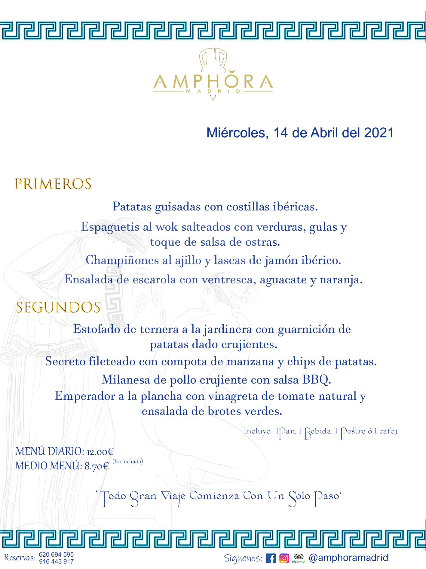 MENÚS DIARIOS MENÚ DEL DÍA MIÉRCOLES 14 DE ABRIL RESTAURANTE AMPHORA TERRAZA ALCORCÓN MADRID Av. Leganés, 54 28923 · Alcorcón · Madrid · España 91 644 39 17 620 694 595 https://youtu.be/HeULHal1yEY (Vea aquí nuestras instalaciones) https://www.amphoramadrid.com RESTAURANTE AMPHORA TERRAZA ALCORCÓN. MENUS FIN DE SEMANA ALCORCÓN, MENÚS DIARIOS ECONÓMICOS EN ALCORCÓN, MEJORES RESTAURANTES EN ALCORCÓN, TERRAZAS ALCORCON, COMER Y CENAR EN TERRAZA EN ALCORCÓN, RESTAURANTES CON TERRAZA, MEJORES TERRAZAS ALCORCÓN, COMER EN ALCORCON, RESTAURANTES GOURMET ALCORCÓN, MENUS FIN DE SEMANA ECONOMICOS ALCORCON, COMER AL AIRE LIBRE, MENUS ECONOMICOS ALCORCON, UNO DE LOS MEJORES RESTAURANTES DE ALCORCÓN Y ZONA SUR DE MADRID EN CALIDAD PRECIO. RESTAURANTE AMPHORA TERRAZA, ES UN ESPACIO GOURMET DONDE PODRÁ DEGUSTAR DEL MEJOR PRODUCTO CON UNA ELABORACIÓN CUIDADA Y CREATIVA. ADEMÁS, PODRÁ DISFRUTAR DE TODO TIPO DE BEBIDAS PREMIUM PREPARADAS POR NUESTRO BARTENDER, VERMUTS DELICIOSOS Y CERVEZAS DE CALIDAD, YA SEA EN EN EL INTERIOR DE NUESTRO RESTAURANTE O EN NUESTRA MARAVILLOSA TERRAZA. SOMOS POSIBLEMENTE UNO DE LOS MEJORES RESTAURANTES DE LA ZONA SUR EN RELACIÓN CALIDAD, PRECIO Y DECORACIÓN. #AMPHORAMADRID #TERRAZASALCORCÓN #MENUDELDIA #COMERENTERRAZA #MADRID #ALCORCÓN #TERRAZA #MENÚSDELDÍAALCORCÓN #MENÚDELDÍARESTAURANTES #COMERENALCORCÓN #MEJORESRESTAURANTESALCORCÓN #MENÚSECONÓMICOS #RESTAURANTESRECOMENDABLES #RESTAURANTESGOURMET #MENÚSECONÓMICOSALCORCÓN #COMERALAIRELIBRE #COMIDASCENASTERRAZASALCORCON #MENÚSDIARIOSALCORCÓN #MENÚDELDÍAHOY #CENARENTERRAZA #TERRAZASCONENCANTO #RESTAURANTESCONTERRAZA #CENARENALCORCÓN #MEJORESRESTAURANTES #RESTAURANTESCOPASALCORCÓN #COPASPREMIUMALCORCÓN #VERMUTALCORCÓN #GASTROBARALCORCÓN #CARNEBUEYALCORCONPARRILLABRASA #MENUECONÓMICO #GASTROBAR #MEJORTERRAZADEALCORCÓN #MENÚSVIERNESALCORCÓN #MENÚSABADOALCORCÓN #MENÚSDOMINGOALCORCÓN #MENÚSLUNESALCORCÓN #MENÚSMARTESALCORCÓN #MENÚSMIÉRCOLESALCORCÓN #MENÚSJUEVESALCORCÓN MEJOR CARNE A LA PARRILLA ALCORCÓN TOMAHAWK CARNE BUEY AUTÉNTICO ALCORCÓN RESTAURANTES PREMIUN LUJO COMIDA CREATIVA ELABORADA RESTAURANTE AMPHORA TERRAZA EN ALCORCÓN (MADRID) GASTROBAR ALCORCÓN MENÚS ECONÓMICOS DIARIOS DEL DÍA MENUS FIN DE SEMANA DE CALIDAD MEJOR MENÚ FIN DE SEMANA ALCORCÓN COMER CENAR EN TERRAZA TERRAZAS ZONA SUR COMIDAS AIRE LIBRE MEJOR CARNE PARRILLA ALCORCÓN.