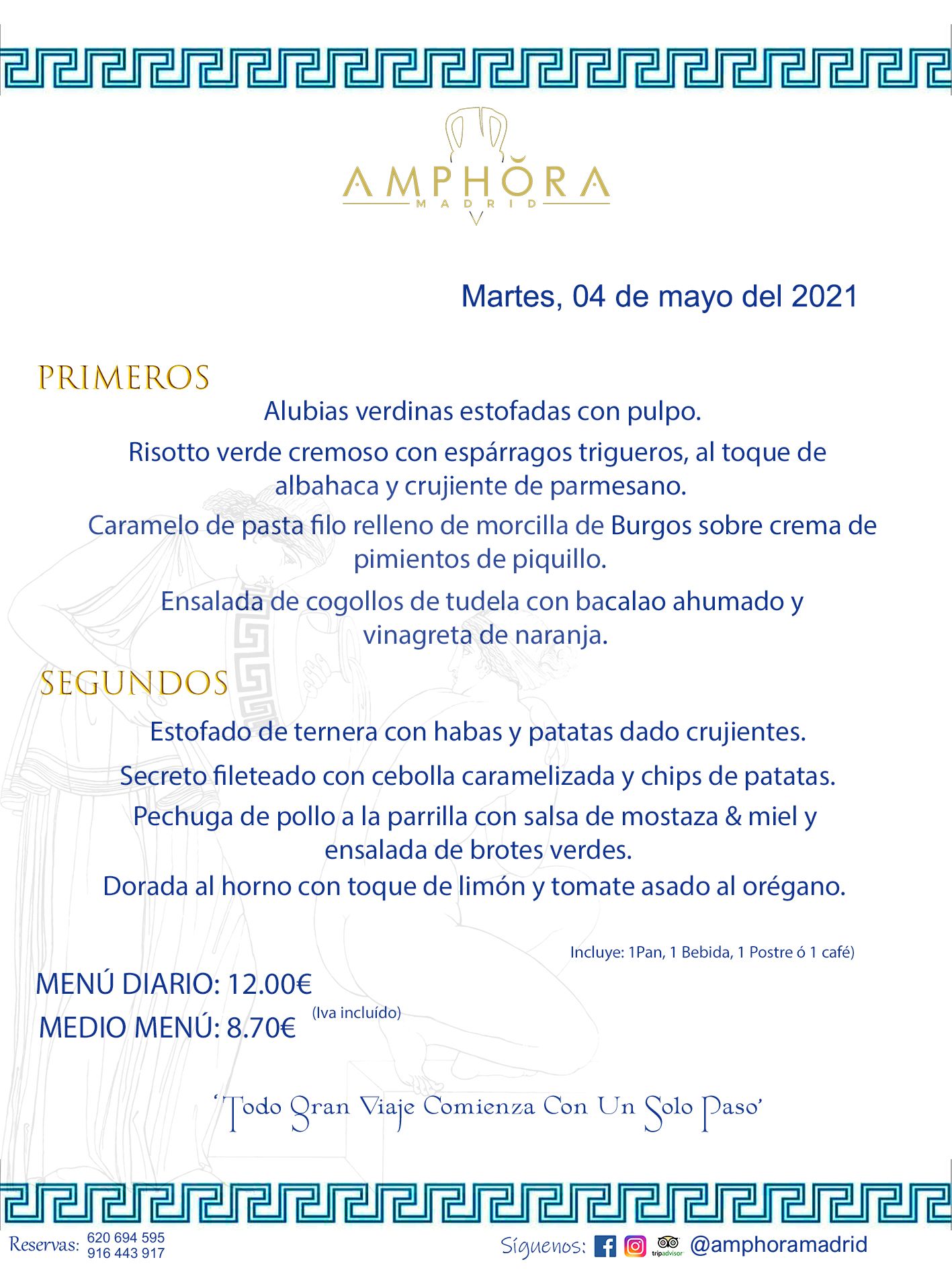 MENÚS DIARIOS MENÚ DEL MARTES DÍA 4 DE MAYO ALCORCÓN RESTAURANTE AMPHORA TERRAZA ALCORCÓN MADRID Av. Leganés, 54 28923 · Alcorcón · Madrid · España 91 644 39 17 620 694 595 https://youtu.be/HeULHal1yEY (Vea aquí nuestras instalaciones) https://www.amphoramadrid.com RESTAURANTE AMPHORA TERRAZA ALCORCÓN. MENUS FIN DE SEMANA ALCORCÓN, MENÚS DIARIOS ECONÓMICOS EN ALCORCÓN, MEJORES RESTAURANTES EN ALCORCÓN, TERRAZAS ALCORCON, COMER Y CENAR EN TERRAZA EN ALCORCÓN, RESTAURANTES CON TERRAZA, MEJORES TERRAZAS ALCORCÓN, COMER EN ALCORCON, RESTAURANTES GOURMET ALCORCÓN, MENUS FIN DE SEMANA ECONOMICOS ALCORCON, COMER AL AIRE LIBRE, MENUS ECONOMICOS ALCORCON, UNO DE LOS MEJORES RESTAURANTES DE ALCORCÓN Y ZONA SUR DE MADRID EN CALIDAD PRECIO. RESTAURANTE AMPHORA TERRAZA, ES UN ESPACIO GOURMET DONDE PODRÁ DEGUSTAR DEL MEJOR PRODUCTO CON UNA ELABORACIÓN CUIDADA Y CREATIVA. ADEMÁS, PODRÁ DISFRUTAR DE TODO TIPO DE BEBIDAS PREMIUM PREPARADAS POR NUESTRO BARTENDER, VERMUTS DELICIOSOS Y CERVEZAS DE CALIDAD, YA SEA EN EN EL INTERIOR DE NUESTRO RESTAURANTE O EN NUESTRA MARAVILLOSA TERRAZA. SOMOS POSIBLEMENTE UNO DE LOS MEJORES RESTAURANTES DE LA ZONA SUR EN RELACIÓN CALIDAD, PRECIO Y DECORACIÓN. #AMPHORAMADRID #TERRAZASALCORCÓN #MENUDELDIA #COMERENTERRAZA #MADRID #ALCORCÓN #TERRAZA #MENÚSDELDÍAALCORCÓN #MENÚDELDÍARESTAURANTES #COMERENALCORCÓN #MEJORESRESTAURANTESALCORCÓN #MENÚSECONÓMICOS #RESTAURANTESRECOMENDABLES #RESTAURANTESGOURMET #MENÚSECONÓMICOSALCORCÓN #COMERALAIRELIBRE #COMIDASCENASTERRAZASALCORCON #MENÚSDIARIOSALCORCÓN #MENÚDELDÍAHOY #CENARENTERRAZA #TERRAZASCONENCANTO #RESTAURANTESCONTERRAZA #CENARENALCORCÓN #MEJORESRESTAURANTES #RESTAURANTESCOPASALCORCÓN #COPASPREMIUMALCORCÓN #VERMUTALCORCÓN #GASTROBARALCORCÓN #CARNEBUEYALCORCONPARRILLABRASA #MENUECONÓMICO #GASTROBAR #MEJORTERRAZADEALCORCÓN #MENÚSVIERNESALCORCÓN #MENÚSABADOALCORCÓN #MENÚSDOMINGOALCORCÓN #MENÚSLUNESALCORCÓN #MENÚSMARTESALCORCÓN #MENÚSMIÉRCOLESALCORCÓN #MENÚSJUEVESALCORCÓN MEJOR CARNE A LA PARRILLA ALCORCÓN TOMAHAWK CARNE BUEY AUTÉNTICO ALCORCÓN RESTAURANTES PREMIUN LUJO COMIDA CREATIVA ELABORADA RESTAURANTE AMPHORA TERRAZA EN ALCORCÓN (MADRID) GASTROBAR ALCORCÓN MENÚS ECONÓMICOS DIARIOS DEL DÍA MENUS FIN DE SEMANA DE CALIDAD MEJOR MENÚ FIN DE SEMANA ALCORCÓN COMER CENAR EN TERRAZA TERRAZAS ZONA SUR COMIDAS AIRE LIBRE MEJOR CARNE PARRILLA ALCORCÓN.