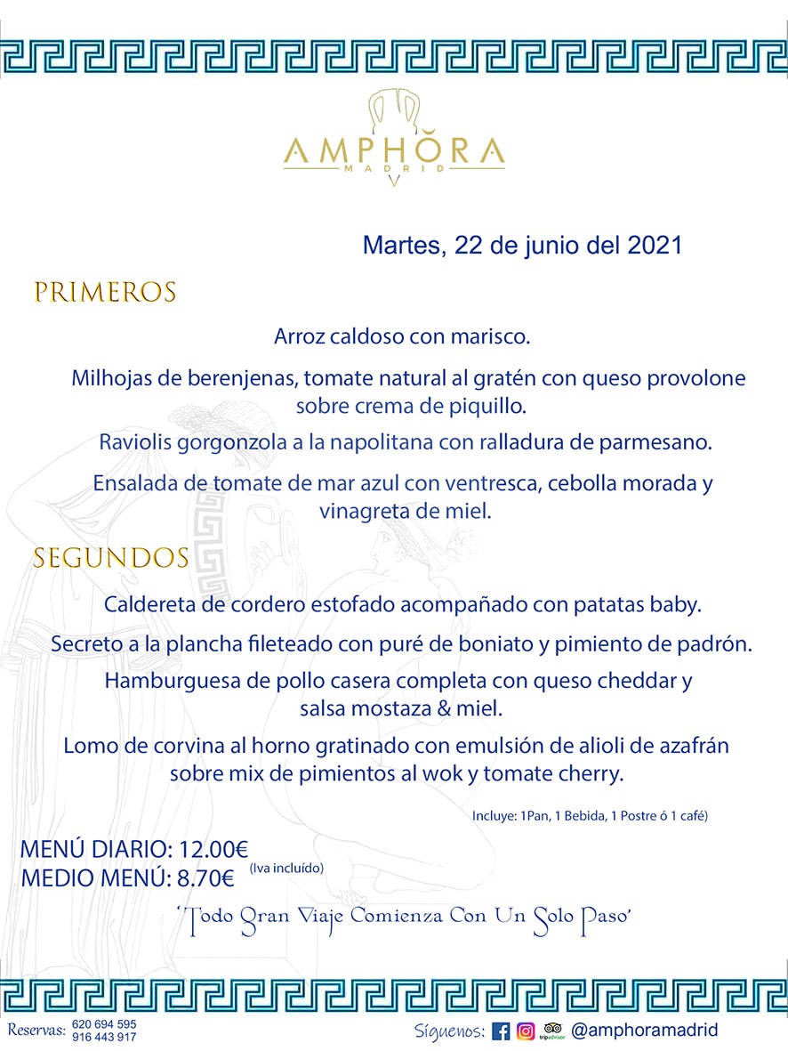 MENÚS DIARIOS MENÚ DEL DÍA DEL MARTES 22 DE JUNIO ALCORCÓN RESTAURANTE AMPHORA TERRAZA ALCORCÓN MADRID Av. Leganés, 54 28923 · Alcorcón · Madrid · España 91 644 39 17 620 694 595 https://youtu.be/HeULHal1yEY (Vea aquí nuestras instalaciones) https://www.amphoramadrid.com RESTAURANTE AMPHORA TERRAZA ALCORCÓN. MENUS FIN DE SEMANA ALCORCÓN, MENÚS DIARIOS ECONÓMICOS EN ALCORCÓN, MEJORES RESTAURANTES EN ALCORCÓN, TERRAZAS ALCORCON, COMER Y CENAR EN TERRAZA EN ALCORCÓN, RESTAURANTES CON TERRAZA, MEJORES TERRAZAS ALCORCÓN, COMER EN ALCORCON, RESTAURANTES GOURMET ALCORCÓN, MENUS FIN DE SEMANA ECONOMICOS ALCORCON, COMER AL AIRE LIBRE, MENUS ECONOMICOS ALCORCON, UNO DE LOS MEJORES RESTAURANTES DE ALCORCÓN Y ZONA SUR DE MADRID EN CALIDAD PRECIO. RESTAURANTE AMPHORA TERRAZA, ES UN ESPACIO GOURMET DONDE PODRÁ DEGUSTAR DEL MEJOR PRODUCTO CON UNA ELABORACIÓN CUIDADA Y CREATIVA. ADEMÁS, PODRÁ DISFRUTAR DE TODO TIPO DE BEBIDAS PREMIUM PREPARADAS POR NUESTRO BARTENDER, VERMUTS DELICIOSOS Y CERVEZAS DE CALIDAD, YA SEA EN EN EL INTERIOR DE NUESTRO RESTAURANTE O EN NUESTRA MARAVILLOSA TERRAZA. SOMOS POSIBLEMENTE UNO DE LOS MEJORES RESTAURANTES DE LA ZONA SUR EN RELACIÓN CALIDAD, PRECIO Y DECORACIÓN. #AMPHORAMADRID #TERRAZASALCORCÓN #MENUDELDIA #COMERENTERRAZA #MADRID #ALCORCÓN #TERRAZA #MENÚSDELDÍAALCORCÓN #MENÚDELDÍARESTAURANTES #COMERENALCORCÓN #MEJORESRESTAURANTESALCORCÓN #MENÚSECONÓMICOS #RESTAURANTESRECOMENDABLES #RESTAURANTESGOURMET #MENÚSECONÓMICOSALCORCÓN #COMERALAIRELIBRE #COMIDASCENASTERRAZASALCORCON #MENÚSDIARIOSALCORCÓN #MENÚDELDÍAHOY #CENARENTERRAZA #TERRAZASCONENCANTO #RESTAURANTESCONTERRAZA #CENARENALCORCÓN #MEJORESRESTAURANTES #RESTAURANTESCOPASALCORCÓN #COPASPREMIUMALCORCÓN #VERMUTALCORCÓN #GASTROBARALCORCÓN #CARNEBUEYALCORCONPARRILLABRASA #MENUECONÓMICO #GASTROBAR #MEJORTERRAZADEALCORCÓN #MENÚSVIERNESALCORCÓN #MENÚSABADOALCORCÓN #MENÚSDOMINGOALCORCÓN #MENÚSLUNESALCORCÓN #MENÚSMARTESALCORCÓN #MENÚSMIÉRCOLESALCORCÓN #MENÚSJUEVESALCORCÓN MEJOR CARNE A LA PARRILLA ALCORCÓN TOMAHAWK CARNE BUEY AUTÉNTICO ALCORCÓN RESTAURANTES PREMIUN LUJO COMIDA CREATIVA ELABORADA RESTAURANTE AMPHORA TERRAZA EN ALCORCÓN (MADRID) GASTROBAR ALCORCÓN MENÚS ECONÓMICOS DIARIOS DEL DÍA MENUS FIN DE SEMANA DE CALIDAD MEJOR MENÚ FIN DE SEMANA ALCORCÓN COMER CENAR EN TERRAZA TERRAZAS ZONA SUR COMIDAS AIRE LIBRE MEJOR CARNE PARRILLA ALCORCÓN.