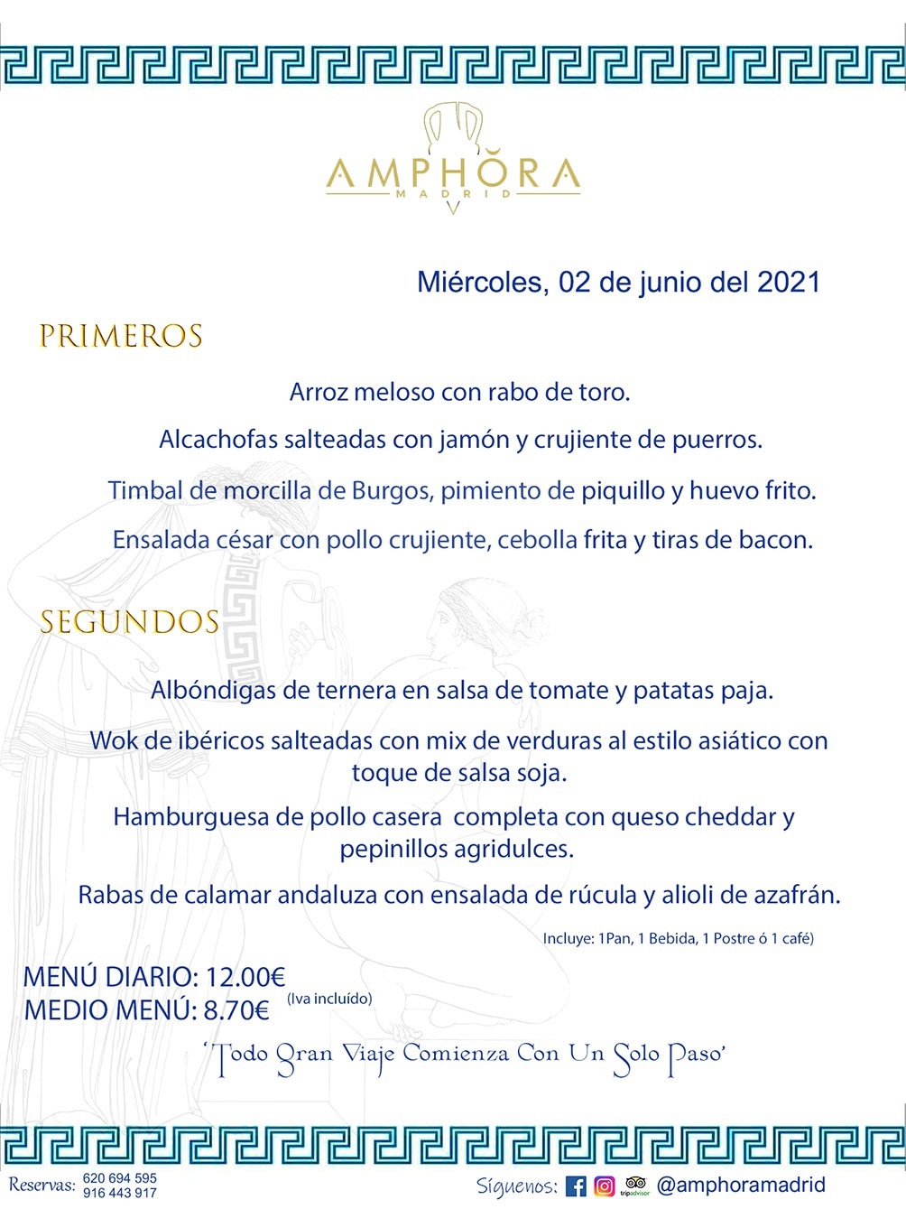 MENÚS DIARIOS MENÚ DEL DÍA DEL MIÉRCOLES 2 DE JUNIO ALCORCÓN RESTAURANTE AMPHORA TERRAZA ALCORCÓN MADRID Av. Leganés, 54 28923 · Alcorcón · Madrid · España 91 644 39 17 620 694 595 https://youtu.be/HeULHal1yEY (Vea aquí nuestras instalaciones) https://www.amphoramadrid.com RESTAURANTE AMPHORA TERRAZA ALCORCÓN. MENUS FIN DE SEMANA ALCORCÓN, MENÚS DIARIOS ECONÓMICOS EN ALCORCÓN, MEJORES RESTAURANTES EN ALCORCÓN, TERRAZAS ALCORCON, COMER Y CENAR EN TERRAZA EN ALCORCÓN, RESTAURANTES CON TERRAZA, MEJORES TERRAZAS ALCORCÓN, COMER EN ALCORCON, RESTAURANTES GOURMET ALCORCÓN, MENUS FIN DE SEMANA ECONOMICOS ALCORCON, COMER AL AIRE LIBRE, MENUS ECONOMICOS ALCORCON, UNO DE LOS MEJORES RESTAURANTES DE ALCORCÓN Y ZONA SUR DE MADRID EN CALIDAD PRECIO. RESTAURANTE AMPHORA TERRAZA, ES UN ESPACIO GOURMET DONDE PODRÁ DEGUSTAR DEL MEJOR PRODUCTO CON UNA ELABORACIÓN CUIDADA Y CREATIVA. ADEMÁS, PODRÁ DISFRUTAR DE TODO TIPO DE BEBIDAS PREMIUM PREPARADAS POR NUESTRO BARTENDER, VERMUTS DELICIOSOS Y CERVEZAS DE CALIDAD, YA SEA EN EN EL INTERIOR DE NUESTRO RESTAURANTE O EN NUESTRA MARAVILLOSA TERRAZA. SOMOS POSIBLEMENTE UNO DE LOS MEJORES RESTAURANTES DE LA ZONA SUR EN RELACIÓN CALIDAD, PRECIO Y DECORACIÓN. #AMPHORAMADRID #TERRAZASALCORCÓN #MENUDELDIA #COMERENTERRAZA #MADRID #ALCORCÓN #TERRAZA #MENÚSDELDÍAALCORCÓN #MENÚDELDÍARESTAURANTES #COMERENALCORCÓN #MEJORESRESTAURANTESALCORCÓN #MENÚSECONÓMICOS #RESTAURANTESRECOMENDABLES #RESTAURANTESGOURMET #MENÚSECONÓMICOSALCORCÓN #COMERALAIRELIBRE #COMIDASCENASTERRAZASALCORCON #MENÚSDIARIOSALCORCÓN #MENÚDELDÍAHOY #CENARENTERRAZA #TERRAZASCONENCANTO #RESTAURANTESCONTERRAZA #CENARENALCORCÓN #MEJORESRESTAURANTES #RESTAURANTESCOPASALCORCÓN #COPASPREMIUMALCORCÓN #VERMUTALCORCÓN #GASTROBARALCORCÓN #CARNEBUEYALCORCONPARRILLABRASA #MENUECONÓMICO #GASTROBAR #MEJORTERRAZADEALCORCÓN #MENÚSVIERNESALCORCÓN #MENÚSABADOALCORCÓN #MENÚSDOMINGOALCORCÓN #MENÚSLUNESALCORCÓN #MENÚSMARTESALCORCÓN #MENÚSMIÉRCOLESALCORCÓN #MENÚSJUEVESALCORCÓN MEJOR CARNE A LA PARRILLA ALCORCÓN TOMAHAWK CARNE BUEY AUTÉNTICO ALCORCÓN RESTAURANTES PREMIUN LUJO COMIDA CREATIVA ELABORADA RESTAURANTE AMPHORA TERRAZA EN ALCORCÓN (MADRID) GASTROBAR ALCORCÓN MENÚS ECONÓMICOS DIARIOS DEL DÍA MENUS FIN DE SEMANA DE CALIDAD MEJOR MENÚ FIN DE SEMANA ALCORCÓN COMER CENAR EN TERRAZA TERRAZAS ZONA SUR COMIDAS AIRE LIBRE MEJOR CARNE PARRILLA ALCORCÓN.