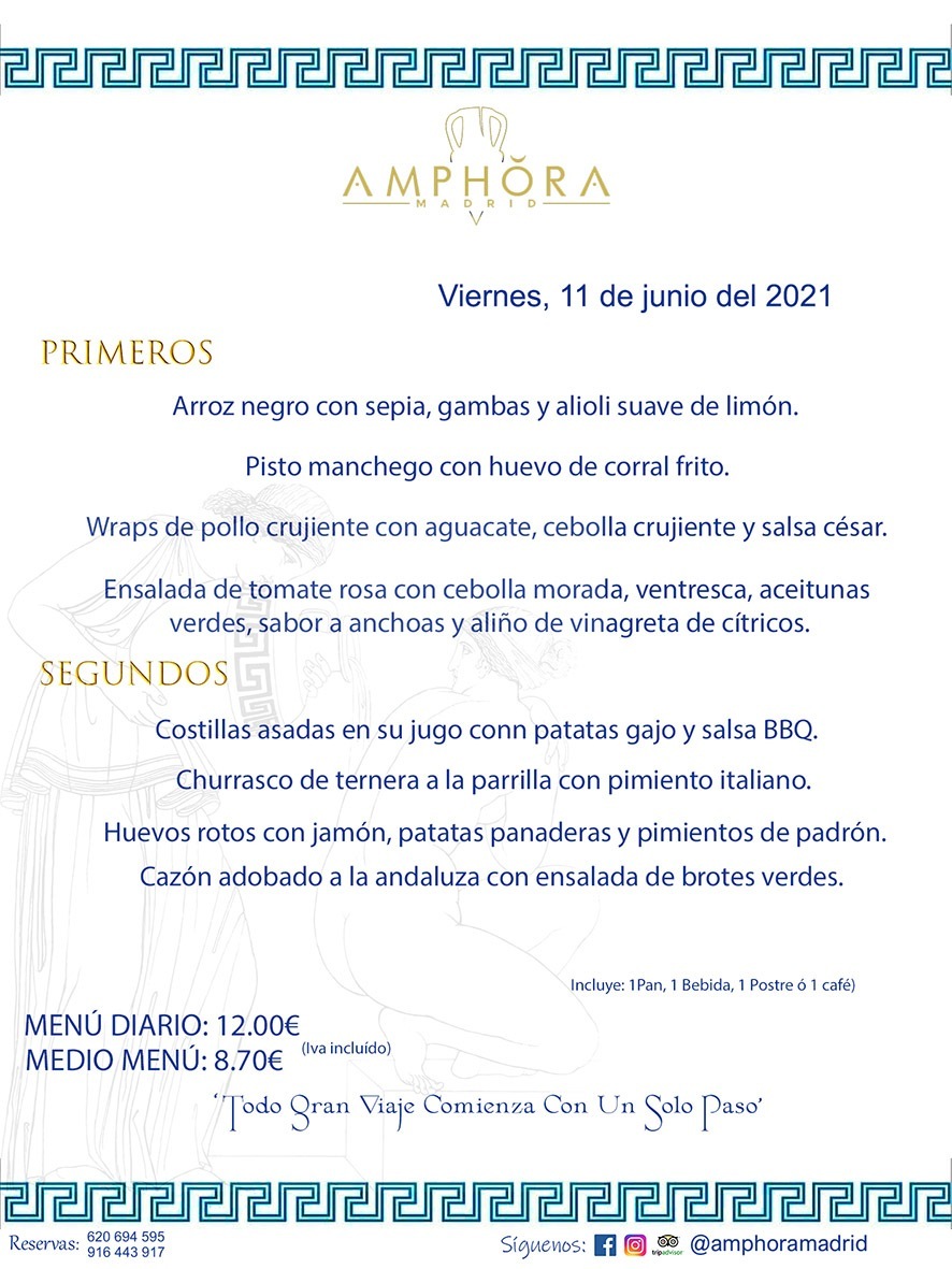 MENÚS DIARIOS MENÚ DEL DÍA DEL VIERNES 11 DE JUNIO ALCORCÓN RESTAURANTE AMPHORA TERRAZA ALCORCÓN MADRID Av. Leganés, 54 28923 · Alcorcón · Madrid · España 91 644 39 17 620 694 595 https://youtu.be/HeULHal1yEY (Vea aquí nuestras instalaciones) https://www.amphoramadrid.com RESTAURANTE AMPHORA TERRAZA ALCORCÓN. MENUS FIN DE SEMANA ALCORCÓN, MENÚS DIARIOS ECONÓMICOS EN ALCORCÓN, MEJORES RESTAURANTES EN ALCORCÓN, TERRAZAS ALCORCON, COMER Y CENAR EN TERRAZA EN ALCORCÓN, RESTAURANTES CON TERRAZA, MEJORES TERRAZAS ALCORCÓN, COMER EN ALCORCON, RESTAURANTES GOURMET ALCORCÓN, MENUS FIN DE SEMANA ECONOMICOS ALCORCON, COMER AL AIRE LIBRE, MENUS ECONOMICOS ALCORCON, UNO DE LOS MEJORES RESTAURANTES DE ALCORCÓN Y ZONA SUR DE MADRID EN CALIDAD PRECIO. RESTAURANTE AMPHORA TERRAZA, ES UN ESPACIO GOURMET DONDE PODRÁ DEGUSTAR DEL MEJOR PRODUCTO CON UNA ELABORACIÓN CUIDADA Y CREATIVA. ADEMÁS, PODRÁ DISFRUTAR DE TODO TIPO DE BEBIDAS PREMIUM PREPARADAS POR NUESTRO BARTENDER, VERMUTS DELICIOSOS Y CERVEZAS DE CALIDAD, YA SEA EN EN EL INTERIOR DE NUESTRO RESTAURANTE O EN NUESTRA MARAVILLOSA TERRAZA. SOMOS POSIBLEMENTE UNO DE LOS MEJORES RESTAURANTES DE LA ZONA SUR EN RELACIÓN CALIDAD, PRECIO Y DECORACIÓN. #AMPHORAMADRID #TERRAZASALCORCÓN #MENUDELDIA #COMERENTERRAZA #MADRID #ALCORCÓN #TERRAZA #MENÚSDELDÍAALCORCÓN #MENÚDELDÍARESTAURANTES #COMERENALCORCÓN #MEJORESRESTAURANTESALCORCÓN #MENÚSECONÓMICOS #RESTAURANTESRECOMENDABLES #RESTAURANTESGOURMET #MENÚSECONÓMICOSALCORCÓN #COMERALAIRELIBRE #COMIDASCENASTERRAZASALCORCON #MENÚSDIARIOSALCORCÓN #MENÚDELDÍAHOY #CENARENTERRAZA #TERRAZASCONENCANTO #RESTAURANTESCONTERRAZA #CENARENALCORCÓN #MEJORESRESTAURANTES #RESTAURANTESCOPASALCORCÓN #COPASPREMIUMALCORCÓN #VERMUTALCORCÓN #GASTROBARALCORCÓN #CARNEBUEYALCORCONPARRILLABRASA #MENUECONÓMICO #GASTROBAR #MEJORTERRAZADEALCORCÓN #MENÚSVIERNESALCORCÓN #MENÚSABADOALCORCÓN #MENÚSDOMINGOALCORCÓN #MENÚSLUNESALCORCÓN #MENÚSMARTESALCORCÓN #MENÚSMIÉRCOLESALCORCÓN #MENÚSJUEVESALCORCÓN MEJOR CARNE A LA PARRILLA ALCORCÓN TOMAHAWK CARNE BUEY AUTÉNTICO ALCORCÓN RESTAURANTES PREMIUN LUJO COMIDA CREATIVA ELABORADA RESTAURANTE AMPHORA TERRAZA EN ALCORCÓN (MADRID) GASTROBAR ALCORCÓN MENÚS ECONÓMICOS DIARIOS DEL DÍA MENUS FIN DE SEMANA DE CALIDAD MEJOR MENÚ FIN DE SEMANA ALCORCÓN COMER CENAR EN TERRAZA TERRAZAS ZONA SUR COMIDAS AIRE LIBRE MEJOR CARNE PARRILLA ALCORCÓN.