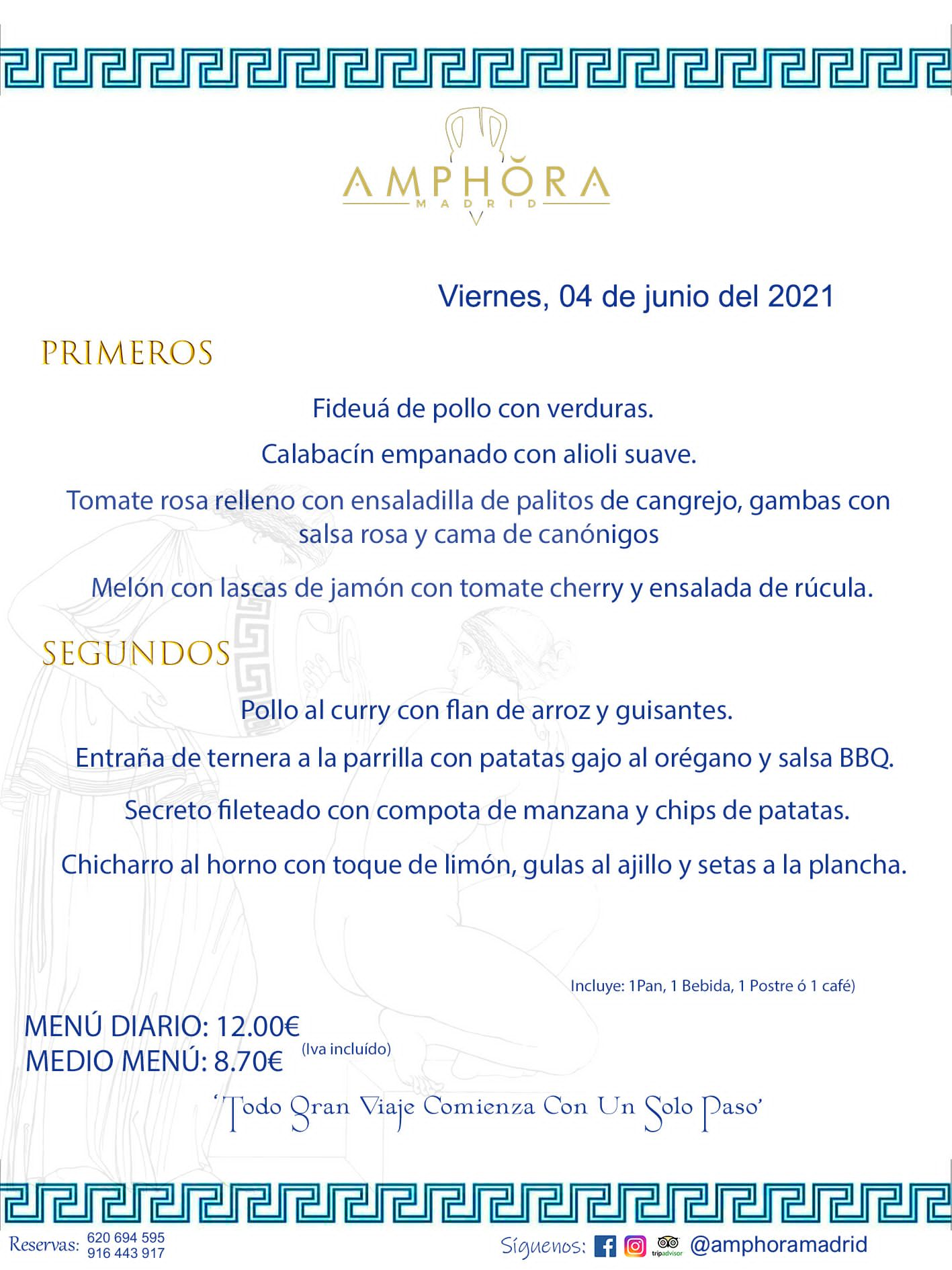 MENÚS DIARIOS MENÚ DEL DÍA DEL VIERNES 4 DE JUNIO ALCORCÓN RESTAURANTE AMPHORA TERRAZA ALCORCÓN MADRID Av. Leganés, 54 28923 · Alcorcón · Madrid · España 91 644 39 17 620 694 595 https://youtu.be/HeULHal1yEY (Vea aquí nuestras instalaciones) https://www.amphoramadrid.com RESTAURANTE AMPHORA TERRAZA ALCORCÓN. MENUS FIN DE SEMANA ALCORCÓN, MENÚS DIARIOS ECONÓMICOS EN ALCORCÓN, MEJORES RESTAURANTES EN ALCORCÓN, TERRAZAS ALCORCON, COMER Y CENAR EN TERRAZA EN ALCORCÓN, RESTAURANTES CON TERRAZA, MEJORES TERRAZAS ALCORCÓN, COMER EN ALCORCON, RESTAURANTES GOURMET ALCORCÓN, MENUS FIN DE SEMANA ECONOMICOS ALCORCON, COMER AL AIRE LIBRE, MENUS ECONOMICOS ALCORCON, UNO DE LOS MEJORES RESTAURANTES DE ALCORCÓN Y ZONA SUR DE MADRID EN CALIDAD PRECIO. RESTAURANTE AMPHORA TERRAZA, ES UN ESPACIO GOURMET DONDE PODRÁ DEGUSTAR DEL MEJOR PRODUCTO CON UNA ELABORACIÓN CUIDADA Y CREATIVA. ADEMÁS, PODRÁ DISFRUTAR DE TODO TIPO DE BEBIDAS PREMIUM PREPARADAS POR NUESTRO BARTENDER, VERMUTS DELICIOSOS Y CERVEZAS DE CALIDAD, YA SEA EN EN EL INTERIOR DE NUESTRO RESTAURANTE O EN NUESTRA MARAVILLOSA TERRAZA. SOMOS POSIBLEMENTE UNO DE LOS MEJORES RESTAURANTES DE LA ZONA SUR EN RELACIÓN CALIDAD, PRECIO Y DECORACIÓN. #AMPHORAMADRID #TERRAZASALCORCÓN #MENUDELDIA #COMERENTERRAZA #MADRID #ALCORCÓN #TERRAZA #MENÚSDELDÍAALCORCÓN #MENÚDELDÍARESTAURANTES #COMERENALCORCÓN #MEJORESRESTAURANTESALCORCÓN #MENÚSECONÓMICOS #RESTAURANTESRECOMENDABLES #RESTAURANTESGOURMET #MENÚSECONÓMICOSALCORCÓN #COMERALAIRELIBRE #COMIDASCENASTERRAZASALCORCON #MENÚSDIARIOSALCORCÓN #MENÚDELDÍAHOY #CENARENTERRAZA #TERRAZASCONENCANTO #RESTAURANTESCONTERRAZA #CENARENALCORCÓN #MEJORESRESTAURANTES #RESTAURANTESCOPASALCORCÓN #COPASPREMIUMALCORCÓN #VERMUTALCORCÓN #GASTROBARALCORCÓN #CARNEBUEYALCORCONPARRILLABRASA #MENUECONÓMICO #GASTROBAR #MEJORTERRAZADEALCORCÓN #MENÚSVIERNESALCORCÓN #MENÚSABADOALCORCÓN #MENÚSDOMINGOALCORCÓN #MENÚSLUNESALCORCÓN #MENÚSMARTESALCORCÓN #MENÚSMIÉRCOLESALCORCÓN #MENÚSJUEVESALCORCÓN MEJOR CARNE A LA PARRILLA ALCORCÓN TOMAHAWK CARNE BUEY AUTÉNTICO ALCORCÓN RESTAURANTES PREMIUN LUJO COMIDA CREATIVA ELABORADA RESTAURANTE AMPHORA TERRAZA EN ALCORCÓN (MADRID) GASTROBAR ALCORCÓN MENÚS ECONÓMICOS DIARIOS DEL DÍA MENUS FIN DE SEMANA DE CALIDAD MEJOR MENÚ FIN DE SEMANA ALCORCÓN COMER CENAR EN TERRAZA TERRAZAS ZONA SUR COMIDAS AIRE LIBRE MEJOR CARNE PARRILLA ALCORCÓN.