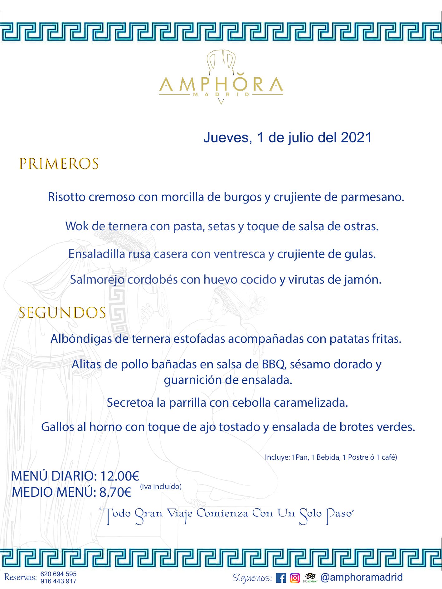 MENÚS DIARIOS MENÚS DEL DÍA MENU DEL DIA DEL JUEVES 1 DE JULIO ALCORCÓN RESTAURANTE AMPHORA TERRAZA ALCORCÓN MADRID Av. Leganés, 54 28923 · Alcorcón · Madrid · España 91 644 39 17 620 694 595 https://youtu.be/HeULHal1yEY (Vea aquí nuestras instalaciones) https://www.amphoramadrid.com RESTAURANTE AMPHORA TERRAZA ALCORCÓN. MENUS FIN DE SEMANA ALCORCÓN, MENÚS DIARIOS ECONÓMICOS EN ALCORCÓN, MEJORES RESTAURANTES EN ALCORCÓN, TERRAZAS ALCORCON, COMER Y CENAR EN TERRAZA EN ALCORCÓN, RESTAURANTES CON TERRAZA, MEJORES TERRAZAS ALCORCÓN, COMER EN ALCORCON, RESTAURANTES GOURMET ALCORCÓN, MENUS FIN DE SEMANA ECONOMICOS ALCORCON, COMER AL AIRE LIBRE, MENUS ECONOMICOS ALCORCON, UNO DE LOS MEJORES RESTAURANTES DE ALCORCÓN Y ZONA SUR DE MADRID EN CALIDAD PRECIO. RESTAURANTE AMPHORA TERRAZA, ES UN ESPACIO GOURMET DONDE PODRÁ DEGUSTAR DEL MEJOR PRODUCTO CON UNA ELABORACIÓN CUIDADA Y CREATIVA. ADEMÁS, PODRÁ DISFRUTAR DE TODO TIPO DE BEBIDAS PREMIUM PREPARADAS POR NUESTRO BARTENDER, VERMUTS DELICIOSOS Y CERVEZAS DE CALIDAD, YA SEA EN EN EL INTERIOR DE NUESTRO RESTAURANTE O EN NUESTRA MARAVILLOSA TERRAZA. SOMOS POSIBLEMENTE UNO DE LOS MEJORES RESTAURANTES DE LA ZONA SUR EN RELACIÓN CALIDAD, PRECIO Y DECORACIÓN. #AMPHORAMADRID #TERRAZASALCORCÓN #MENUDELDIA #COMERENTERRAZA #MADRID #ALCORCÓN #TERRAZA #MENÚSDELDÍAALCORCÓN #MENÚDELDÍARESTAURANTES #COMERENALCORCÓN #MEJORESRESTAURANTESALCORCÓN #MENÚSECONÓMICOS #RESTAURANTESRECOMENDABLES #RESTAURANTESGOURMET #MENÚSECONÓMICOSALCORCÓN #COMERALAIRELIBRE #COMIDASCENASTERRAZASALCORCON #MENÚSDIARIOSALCORCÓN #MENÚDELDÍAHOY #CENARENTERRAZA #TERRAZASCONENCANTO #RESTAURANTESCONTERRAZA #CENARENALCORCÓN #MEJORESRESTAURANTES #RESTAURANTESCOPASALCORCÓN #COPASPREMIUMALCORCÓN #VERMUTALCORCÓN #GASTROBARALCORCÓN #CARNEBUEYALCORCONPARRILLABRASA #MENUECONÓMICO #GASTROBAR #MEJORTERRAZADEALCORCÓN #MENÚSVIERNESALCORCÓN #MENÚSABADOALCORCÓN #MENÚSDOMINGOALCORCÓN #MENÚSLUNESALCORCÓN #MENÚSMARTESALCORCÓN #MENÚSMIÉRCOLESALCORCÓN #MENÚSJUEVESALCORCÓN MEJOR CARNE A LA PARRILLA ALCORCÓN TOMAHAWK CARNE BUEY AUTÉNTICO ALCORCÓN RESTAURANTES PREMIUN LUJO COMIDA CREATIVA ELABORADA RESTAURANTE AMPHORA TERRAZA EN ALCORCÓN (MADRID) GASTROBAR ALCORCÓN MENÚS ECONÓMICOS DIARIOS DEL DÍA MENUS FIN DE SEMANA DE CALIDAD MEJOR MENÚ FIN DE SEMANA ALCORCÓN COMER CENAR EN TERRAZA TERRAZAS ZONA SUR COMIDAS AIRE LIBRE MEJOR CARNE PARRILLA ALCORCÓN.