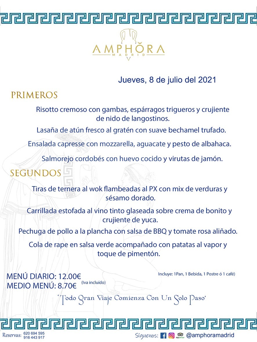 MENÚS DIARIOS MENÚS DEL DÍA MENU DEL DIA DEL JUEVES 8 DE JULIO ALCORCÓN RESTAURANTE AMPHORA TERRAZA ALCORCÓN MADRID Av. Leganés, 54 28923 · Alcorcón · Madrid · España 91 644 39 17 620 694 595 https://youtu.be/HeULHal1yEY (Vea aquí nuestras instalaciones) https://www.amphoramadrid.com RESTAURANTE AMPHORA TERRAZA ALCORCÓN. MENUS FIN DE SEMANA ALCORCÓN, MENÚS DIARIOS ECONÓMICOS EN ALCORCÓN, MEJORES RESTAURANTES EN ALCORCÓN, TERRAZAS ALCORCON, COMER Y CENAR EN TERRAZA EN ALCORCÓN, RESTAURANTES CON TERRAZA, MEJORES TERRAZAS ALCORCÓN, COMER EN ALCORCON, RESTAURANTES GOURMET ALCORCÓN, MENUS FIN DE SEMANA ECONOMICOS ALCORCON, COMER AL AIRE LIBRE, MENUS ECONOMICOS ALCORCON, UNO DE LOS MEJORES RESTAURANTES DE ALCORCÓN Y ZONA SUR DE MADRID EN CALIDAD PRECIO. RESTAURANTE AMPHORA TERRAZA, ES UN ESPACIO GOURMET DONDE PODRÁ DEGUSTAR DEL MEJOR PRODUCTO CON UNA ELABORACIÓN CUIDADA Y CREATIVA. ADEMÁS, PODRÁ DISFRUTAR DE TODO TIPO DE BEBIDAS PREMIUM PREPARADAS POR NUESTRO BARTENDER, VERMUTS DELICIOSOS Y CERVEZAS DE CALIDAD, YA SEA EN EN EL INTERIOR DE NUESTRO RESTAURANTE O EN NUESTRA MARAVILLOSA TERRAZA. SOMOS POSIBLEMENTE UNO DE LOS MEJORES RESTAURANTES DE LA ZONA SUR EN RELACIÓN CALIDAD, PRECIO Y DECORACIÓN. #AMPHORAMADRID #TERRAZASALCORCÓN #MENUDELDIA #COMERENTERRAZA #MADRID #ALCORCÓN #TERRAZA #MENÚSDELDÍAALCORCÓN #MENÚDELDÍARESTAURANTES #COMERENALCORCÓN #MEJORESRESTAURANTESALCORCÓN #MENÚSECONÓMICOS #RESTAURANTESRECOMENDABLES #RESTAURANTESGOURMET #MENÚSECONÓMICOSALCORCÓN #COMERALAIRELIBRE #COMIDASCENASTERRAZASALCORCON #MENÚSDIARIOSALCORCÓN #MENÚDELDÍAHOY #CENARENTERRAZA #TERRAZASCONENCANTO #RESTAURANTESCONTERRAZA #CENARENALCORCÓN #MEJORESRESTAURANTES #RESTAURANTESCOPASALCORCÓN #COPASPREMIUMALCORCÓN #VERMUTALCORCÓN #GASTROBARALCORCÓN #CARNEBUEYALCORCONPARRILLABRASA #MENUECONÓMICO #GASTROBAR #MEJORTERRAZADEALCORCÓN #MENÚSVIERNESALCORCÓN #MENÚSABADOALCORCÓN #MENÚSDOMINGOALCORCÓN #MENÚSLUNESALCORCÓN #MENÚSMARTESALCORCÓN #MENÚSMIÉRCOLESALCORCÓN #MENÚSJUEVESALCORCÓN MEJOR CARNE A LA PARRILLA ALCORCÓN TOMAHAWK CARNE BUEY AUTÉNTICO ALCORCÓN RESTAURANTES PREMIUN LUJO COMIDA CREATIVA ELABORADA RESTAURANTE AMPHORA TERRAZA EN ALCORCÓN (MADRID) GASTROBAR ALCORCÓN MENÚS ECONÓMICOS DIARIOS DEL DÍA MENUS FIN DE SEMANA DE CALIDAD MEJOR MENÚ FIN DE SEMANA ALCORCÓN COMER CENAR EN TERRAZA TERRAZAS ZONA SUR COMIDAS AIRE LIBRE MEJOR CARNE PARRILLA ALCORCÓN.