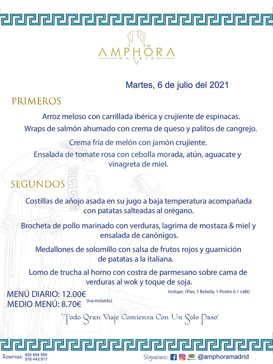 MENÚS DIARIOS MENÚS DEL DÍA MENU DEL DIA DEL MARTES 6 DE JULIO ALCORCÓN RESTAURANTE AMPHORA TERRAZA ALCORCÓN MADRID Av. Leganés, 54 28923 · Alcorcón · Madrid · España 91 644 39 17 620 694 595 https://youtu.be/HeULHal1yEY (Vea aquí nuestras instalaciones) https://www.amphoramadrid.com RESTAURANTE AMPHORA TERRAZA ALCORCÓN. MENUS FIN DE SEMANA ALCORCÓN, MENÚS DIARIOS ECONÓMICOS EN ALCORCÓN, MEJORES RESTAURANTES EN ALCORCÓN, TERRAZAS ALCORCON, COMER Y CENAR EN TERRAZA EN ALCORCÓN, RESTAURANTES CON TERRAZA, MEJORES TERRAZAS ALCORCÓN, COMER EN ALCORCON, RESTAURANTES GOURMET ALCORCÓN, MENUS FIN DE SEMANA ECONOMICOS ALCORCON, COMER AL AIRE LIBRE, MENUS ECONOMICOS ALCORCON, UNO DE LOS MEJORES RESTAURANTES DE ALCORCÓN Y ZONA SUR DE MADRID EN CALIDAD PRECIO. RESTAURANTE AMPHORA TERRAZA, ES UN ESPACIO GOURMET DONDE PODRÁ DEGUSTAR DEL MEJOR PRODUCTO CON UNA ELABORACIÓN CUIDADA Y CREATIVA. ADEMÁS, PODRÁ DISFRUTAR DE TODO TIPO DE BEBIDAS PREMIUM PREPARADAS POR NUESTRO BARTENDER, VERMUTS DELICIOSOS Y CERVEZAS DE CALIDAD, YA SEA EN EN EL INTERIOR DE NUESTRO RESTAURANTE O EN NUESTRA MARAVILLOSA TERRAZA. SOMOS POSIBLEMENTE UNO DE LOS MEJORES RESTAURANTES DE LA ZONA SUR EN RELACIÓN CALIDAD, PRECIO Y DECORACIÓN. #AMPHORAMADRID #TERRAZASALCORCÓN #MENUDELDIA #COMERENTERRAZA #MADRID #ALCORCÓN #TERRAZA #MENÚSDELDÍAALCORCÓN #MENÚDELDÍARESTAURANTES #COMERENALCORCÓN #MEJORESRESTAURANTESALCORCÓN #MENÚSECONÓMICOS #RESTAURANTESRECOMENDABLES #RESTAURANTESGOURMET #MENÚSECONÓMICOSALCORCÓN #COMERALAIRELIBRE #COMIDASCENASTERRAZASALCORCON #MENÚSDIARIOSALCORCÓN #MENÚDELDÍAHOY #CENARENTERRAZA #TERRAZASCONENCANTO #RESTAURANTESCONTERRAZA #CENARENALCORCÓN #MEJORESRESTAURANTES #RESTAURANTESCOPASALCORCÓN #COPASPREMIUMALCORCÓN #VERMUTALCORCÓN #GASTROBARALCORCÓN #CARNEBUEYALCORCONPARRILLABRASA #MENUECONÓMICO #GASTROBAR #MEJORTERRAZADEALCORCÓN #MENÚSVIERNESALCORCÓN #MENÚSABADOALCORCÓN #MENÚSDOMINGOALCORCÓN #MENÚSLUNESALCORCÓN #MENÚSMARTESALCORCÓN #MENÚSMIÉRCOLESALCORCÓN #MENÚSJUEVESALCORCÓN MEJOR CARNE A LA PARRILLA ALCORCÓN TOMAHAWK CARNE BUEY AUTÉNTICO ALCORCÓN RESTAURANTES PREMIUN LUJO COMIDA CREATIVA ELABORADA RESTAURANTE AMPHORA TERRAZA EN ALCORCÓN (MADRID) GASTROBAR ALCORCÓN MENÚS ECONÓMICOS DIARIOS DEL DÍA MENUS FIN DE SEMANA DE CALIDAD MEJOR MENÚ FIN DE SEMANA ALCORCÓN COMER CENAR EN TERRAZA TERRAZAS ZONA SUR COMIDAS AIRE LIBRE MEJOR CARNE PARRILLA ALCORCÓN.