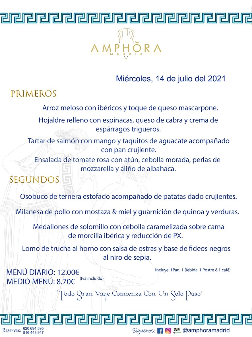 MENÚS DIARIOS MENÚS DEL DÍA MENU DEL DIA DEL MIÉRCOLES 14 DE JULIO ALCORCÓN RESTAURANTE AMPHORA TERRAZA ALCORCÓN MADRID Av. Leganés, 54 28923 · Alcorcón · Madrid · España 91 644 39 17 620 694 595 https://youtu.be/HeULHal1yEY (Vea aquí nuestras instalaciones) https://www.amphoramadrid.com RESTAURANTE AMPHORA TERRAZA ALCORCÓN. MENUS FIN DE SEMANA ALCORCÓN, MENÚS DIARIOS ECONÓMICOS EN ALCORCÓN, MEJORES RESTAURANTES EN ALCORCÓN, TERRAZAS ALCORCON, COMER Y CENAR EN TERRAZA EN ALCORCÓN, RESTAURANTES CON TERRAZA, MEJORES TERRAZAS ALCORCÓN, COMER EN ALCORCON, RESTAURANTES GOURMET ALCORCÓN, MENUS FIN DE SEMANA ECONOMICOS ALCORCON, COMER AL AIRE LIBRE, MENUS ECONOMICOS ALCORCON, UNO DE LOS MEJORES RESTAURANTES DE ALCORCÓN Y ZONA SUR DE MADRID EN CALIDAD PRECIO. RESTAURANTE AMPHORA TERRAZA, ES UN ESPACIO GOURMET DONDE PODRÁ DEGUSTAR DEL MEJOR PRODUCTO CON UNA ELABORACIÓN CUIDADA Y CREATIVA. ADEMÁS, PODRÁ DISFRUTAR DE TODO TIPO DE BEBIDAS PREMIUM PREPARADAS POR NUESTRO BARTENDER, VERMUTS DELICIOSOS Y CERVEZAS DE CALIDAD, YA SEA EN EN EL INTERIOR DE NUESTRO RESTAURANTE O EN NUESTRA MARAVILLOSA TERRAZA. SOMOS POSIBLEMENTE UNO DE LOS MEJORES RESTAURANTES DE LA ZONA SUR EN RELACIÓN CALIDAD, PRECIO Y DECORACIÓN. #AMPHORAMADRID #TERRAZASALCORCÓN #MENUDELDIA #COMERENTERRAZA #MADRID #ALCORCÓN #TERRAZA #MENÚSDELDÍAALCORCÓN #MENÚDELDÍARESTAURANTES #COMERENALCORCÓN #MEJORESRESTAURANTESALCORCÓN #MENÚSECONÓMICOS #RESTAURANTESRECOMENDABLES #RESTAURANTESGOURMET #MENÚSECONÓMICOSALCORCÓN #COMERALAIRELIBRE #COMIDASCENASTERRAZASALCORCON #MENÚSDIARIOSALCORCÓN #MENÚDELDÍAHOY #CENARENTERRAZA #TERRAZASCONENCANTO #RESTAURANTESCONTERRAZA #CENARENALCORCÓN #MEJORESRESTAURANTES #RESTAURANTESCOPASALCORCÓN #COPASPREMIUMALCORCÓN #VERMUTALCORCÓN #GASTROBARALCORCÓN #CARNEBUEYALCORCONPARRILLABRASA #MENUECONÓMICO #GASTROBAR #MEJORTERRAZADEALCORCÓN #MENÚSVIERNESALCORCÓN #MENÚSABADOALCORCÓN #MENÚSDOMINGOALCORCÓN #MENÚSLUNESALCORCÓN #MENÚSMARTESALCORCÓN #MENÚSMIÉRCOLESALCORCÓN #MENÚSJUEVESALCORCÓN MEJOR CARNE A LA PARRILLA ALCORCÓN TOMAHAWK CARNE BUEY AUTÉNTICO ALCORCÓN RESTAURANTES PREMIUN LUJO COMIDA CREATIVA ELABORADA RESTAURANTE AMPHORA TERRAZA EN ALCORCÓN (MADRID) GASTROBAR ALCORCÓN MENÚS ECONÓMICOS DIARIOS DEL DÍA MENUS FIN DE SEMANA DE CALIDAD MEJOR MENÚ FIN DE SEMANA ALCORCÓN COMER CENAR EN TERRAZA TERRAZAS ZONA SUR COMIDAS AIRE LIBRE MEJOR CARNE PARRILLA ALCORCÓN.