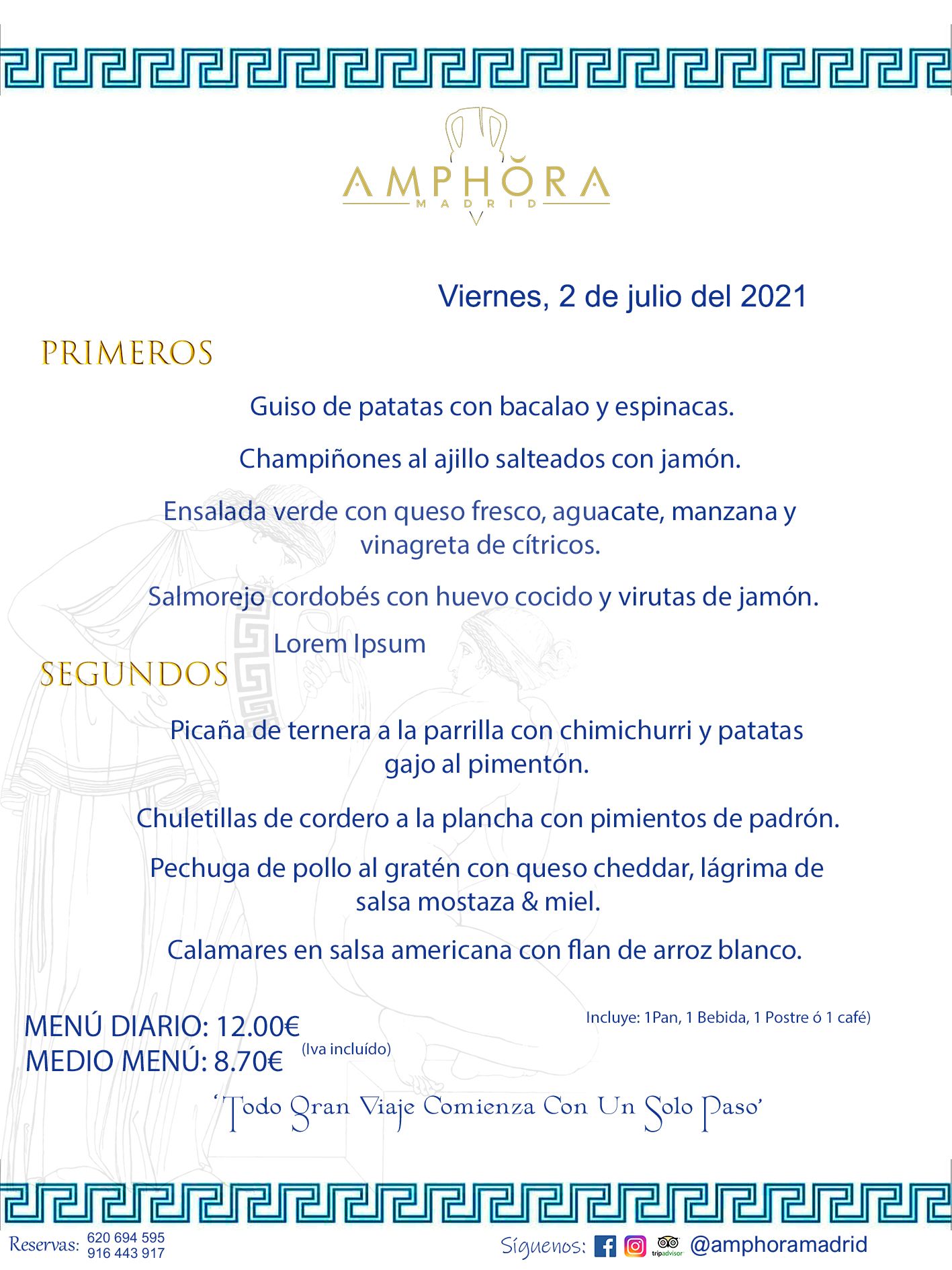 MENÚS DIARIOS MENÚS DEL DÍA MENU DEL DIA DEL VIERNES 2 DE JULIO ALCORCÓN RESTAURANTE AMPHORA TERRAZA ALCORCÓN MADRID Av. Leganés, 54 28923 · Alcorcón · Madrid · España 91 644 39 17 620 694 595 https://youtu.be/HeULHal1yEY (Vea aquí nuestras instalaciones) https://www.amphoramadrid.com RESTAURANTE AMPHORA TERRAZA ALCORCÓN. MENUS FIN DE SEMANA ALCORCÓN, MENÚS DIARIOS ECONÓMICOS EN ALCORCÓN, MEJORES RESTAURANTES EN ALCORCÓN, TERRAZAS ALCORCON, COMER Y CENAR EN TERRAZA EN ALCORCÓN, RESTAURANTES CON TERRAZA, MEJORES TERRAZAS ALCORCÓN, COMER EN ALCORCON, RESTAURANTES GOURMET ALCORCÓN, MENUS FIN DE SEMANA ECONOMICOS ALCORCON, COMER AL AIRE LIBRE, MENUS ECONOMICOS ALCORCON, UNO DE LOS MEJORES RESTAURANTES DE ALCORCÓN Y ZONA SUR DE MADRID EN CALIDAD PRECIO. RESTAURANTE AMPHORA TERRAZA, ES UN ESPACIO GOURMET DONDE PODRÁ DEGUSTAR DEL MEJOR PRODUCTO CON UNA ELABORACIÓN CUIDADA Y CREATIVA. ADEMÁS, PODRÁ DISFRUTAR DE TODO TIPO DE BEBIDAS PREMIUM PREPARADAS POR NUESTRO BARTENDER, VERMUTS DELICIOSOS Y CERVEZAS DE CALIDAD, YA SEA EN EN EL INTERIOR DE NUESTRO RESTAURANTE O EN NUESTRA MARAVILLOSA TERRAZA. SOMOS POSIBLEMENTE UNO DE LOS MEJORES RESTAURANTES DE LA ZONA SUR EN RELACIÓN CALIDAD, PRECIO Y DECORACIÓN. #AMPHORAMADRID #TERRAZASALCORCÓN #MENUDELDIA #COMERENTERRAZA #MADRID #ALCORCÓN #TERRAZA #MENÚSDELDÍAALCORCÓN #MENÚDELDÍARESTAURANTES #COMERENALCORCÓN #MEJORESRESTAURANTESALCORCÓN #MENÚSECONÓMICOS #RESTAURANTESRECOMENDABLES #RESTAURANTESGOURMET #MENÚSECONÓMICOSALCORCÓN #COMERALAIRELIBRE #COMIDASCENASTERRAZASALCORCON #MENÚSDIARIOSALCORCÓN #MENÚDELDÍAHOY #CENARENTERRAZA #TERRAZASCONENCANTO #RESTAURANTESCONTERRAZA #CENARENALCORCÓN #MEJORESRESTAURANTES #RESTAURANTESCOPASALCORCÓN #COPASPREMIUMALCORCÓN #VERMUTALCORCÓN #GASTROBARALCORCÓN #CARNEBUEYALCORCONPARRILLABRASA #MENUECONÓMICO #GASTROBAR #MEJORTERRAZADEALCORCÓN #MENÚSVIERNESALCORCÓN #MENÚSABADOALCORCÓN #MENÚSDOMINGOALCORCÓN #MENÚSLUNESALCORCÓN #MENÚSMARTESALCORCÓN #MENÚSMIÉRCOLESALCORCÓN #MENÚSJUEVESALCORCÓN MEJOR CARNE A LA PARRILLA ALCORCÓN TOMAHAWK CARNE BUEY AUTÉNTICO ALCORCÓN RESTAURANTES PREMIUN LUJO COMIDA CREATIVA ELABORADA RESTAURANTE AMPHORA TERRAZA EN ALCORCÓN (MADRID) GASTROBAR ALCORCÓN MENÚS ECONÓMICOS DIARIOS DEL DÍA MENUS FIN DE SEMANA DE CALIDAD MEJOR MENÚ FIN DE SEMANA ALCORCÓN COMER CENAR EN TERRAZA TERRAZAS ZONA SUR COMIDAS AIRE LIBRE MEJOR CARNE PARRILLA ALCORCÓN.