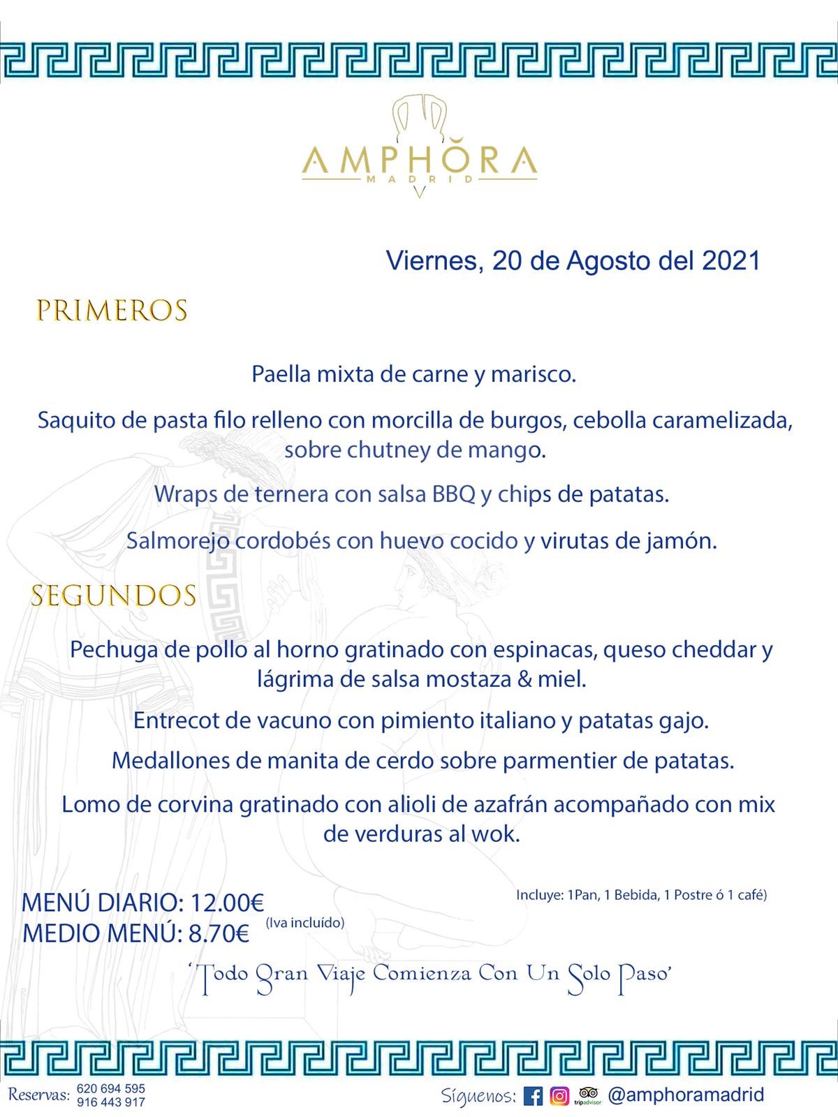 MENÚS DIARIOS MENÚS DEL DÍA MENU DEL DIA DEL VIERNES 20 DE AGOSTO ALCORCÓN RESTAURANTE AMPHORA TERRAZA ALCORCÓN MADRID Av. Leganés, 54 28923 · Alcorcón · Madrid · España 91 644 39 17 620 694 595 https://youtu.be/HeULHal1yEY (Vea aquí nuestras instalaciones) https://www.amphoramadrid.com RESTAURANTE AMPHORA TERRAZA ALCORCÓN. MENUS FIN DE SEMANA ALCORCÓN, MENÚS DIARIOS ECONÓMICOS EN ALCORCÓN, MEJORES RESTAURANTES EN ALCORCÓN, TERRAZAS ALCORCON, COMER Y CENAR EN TERRAZA EN ALCORCÓN, RESTAURANTES CON TERRAZA, MEJORES TERRAZAS ALCORCÓN, COMER EN ALCORCON, RESTAURANTES GOURMET ALCORCÓN, MENUS FIN DE SEMANA ECONOMICOS ALCORCON, COMER AL AIRE LIBRE, MENUS ECONOMICOS ALCORCON, UNO DE LOS MEJORES RESTAURANTES DE ALCORCÓN Y ZONA SUR DE MADRID EN CALIDAD PRECIO. RESTAURANTE AMPHORA TERRAZA, ES UN ESPACIO GOURMET DONDE PODRÁ DEGUSTAR DEL MEJOR PRODUCTO CON UNA ELABORACIÓN CUIDADA Y CREATIVA. ADEMÁS, PODRÁ DISFRUTAR DE TODO TIPO DE BEBIDAS PREMIUM PREPARADAS POR NUESTRO BARTENDER, VERMUTS DELICIOSOS Y CERVEZAS DE CALIDAD, YA SEA EN EN EL INTERIOR DE NUESTRO RESTAURANTE O EN NUESTRA MARAVILLOSA TERRAZA. SOMOS POSIBLEMENTE UNO DE LOS MEJORES RESTAURANTES DE LA ZONA SUR EN RELACIÓN CALIDAD, PRECIO Y DECORACIÓN. #AMPHORAMADRID #TERRAZASALCORCÓN #MENUDELDIA #COMERENTERRAZA #MADRID #ALCORCÓN #TERRAZA #MENÚSDELDÍAALCORCÓN #MENÚDELDÍARESTAURANTES #COMERENALCORCÓN #MEJORESRESTAURANTESALCORCÓN #MENÚSECONÓMICOS #RESTAURANTESRECOMENDABLES #RESTAURANTESGOURMET #MENÚSECONÓMICOSALCORCÓN #COMERALAIRELIBRE #COMIDASCENASTERRAZASALCORCON #MENÚSDIARIOSALCORCÓN #MENÚDELDÍAHOY #CENARENTERRAZA #TERRAZASCONENCANTO #RESTAURANTESCONTERRAZA #CENARENALCORCÓN #MEJORESRESTAURANTES #RESTAURANTESCOPASALCORCÓN #COPASPREMIUMALCORCÓN #VERMUTALCORCÓN #GASTROBARALCORCÓN #CARNEBUEYALCORCONPARRILLABRASA #MENUECONÓMICO #GASTROBAR #MEJORTERRAZADEALCORCÓN #MENÚSVIERNESALCORCÓN #MENÚSABADOALCORCÓN #MENÚSDOMINGOALCORCÓN #MENÚSLUNESALCORCÓN #MENÚSMARTESALCORCÓN #MENÚSMIÉRCOLESALCORCÓN #MENÚSJUEVESALCORCÓN MEJOR CARNE A LA PARRILLA ALCORCÓN TOMAHAWK CARNE BUEY AUTÉNTICO ALCORCÓN RESTAURANTES PREMIUN LUJO COMIDA CREATIVA ELABORADA RESTAURANTE AMPHORA TERRAZA EN ALCORCÓN (MADRID) GASTROBAR ALCORCÓN MENÚS ECONÓMICOS DIARIOS DEL DÍA MENUS FIN DE SEMANA DE CALIDAD MEJOR MENÚ FIN DE SEMANA ALCORCÓN COMER CENAR EN TERRAZA TERRAZAS ZONA SUR COMIDAS AIRE LIBRE MEJOR CARNE PARRILLA ALCORCÓN.