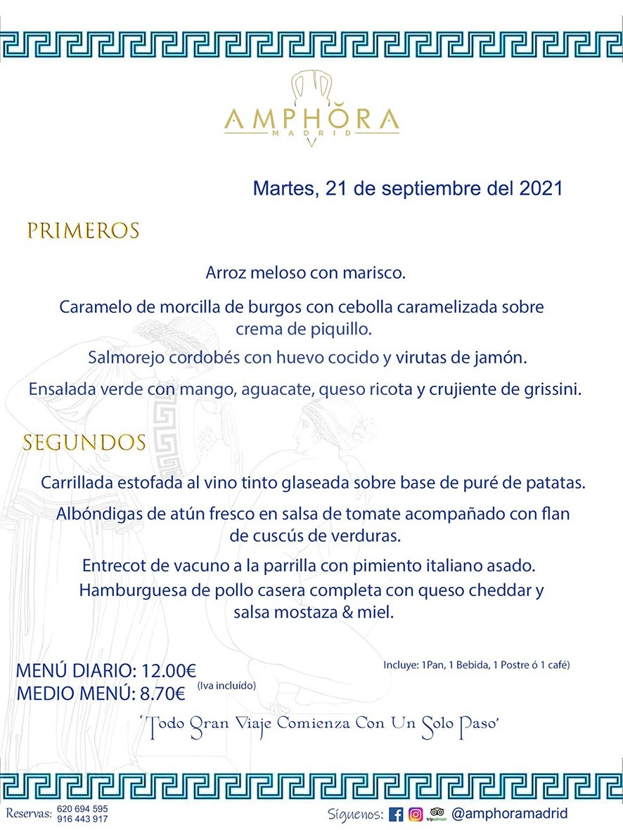 MENÚS DIARIOS MENÚS DEL DÍA MENU DEL DIA DEL MARTES 21 DE SEPTIEMBRE ALCORCÓN RESTAURANTE AMPHORA TERRAZA ALCORCÓN MADRID Av. Leganés, 54 28923 · Alcorcón · Madrid · España 91 644 39 17 620 694 595 https://youtu.be/HeULHal1yEY (Vea aquí nuestras instalaciones) https://www.amphoramadrid.com RESTAURANTE AMPHORA TERRAZA ALCORCÓN. MENUS FIN DE SEMANA ALCORCÓN, MENÚS DIARIOS ECONÓMICOS EN ALCORCÓN, MEJORES RESTAURANTES EN ALCORCÓN, TERRAZAS ALCORCON, COMER Y CENAR EN TERRAZA EN ALCORCÓN, RESTAURANTES CON TERRAZA, MEJORES TERRAZAS ALCORCÓN, COMER EN ALCORCON, RESTAURANTES GOURMET ALCORCÓN, MENUS FIN DE SEMANA ECONOMICOS ALCORCON, COMER AL AIRE LIBRE, MENUS ECONOMICOS ALCORCON, UNO DE LOS MEJORES RESTAURANTES DE ALCORCÓN Y ZONA SUR DE MADRID EN CALIDAD PRECIO. RESTAURANTE AMPHORA TERRAZA, ES UN ESPACIO GOURMET DONDE PODRÁ DEGUSTAR DEL MEJOR PRODUCTO CON UNA ELABORACIÓN CUIDADA Y CREATIVA. ADEMÁS, PODRÁ DISFRUTAR DE TODO TIPO DE BEBIDAS PREMIUM PREPARADAS POR NUESTRO BARTENDER, VERMUTS DELICIOSOS Y CERVEZAS DE CALIDAD, YA SEA EN EN EL INTERIOR DE NUESTRO RESTAURANTE O EN NUESTRA MARAVILLOSA TERRAZA. SOMOS POSIBLEMENTE UNO DE LOS MEJORES RESTAURANTES DE LA ZONA SUR EN RELACIÓN CALIDAD, PRECIO Y DECORACIÓN. #AMPHORAMADRID #TERRAZASALCORCÓN #MENUDELDIA #COMERENTERRAZA #MADRID #ALCORCÓN #TERRAZA #MENÚSDELDÍAALCORCÓN #MENÚDELDÍARESTAURANTES #COMERENALCORCÓN #MEJORESRESTAURANTESALCORCÓN #MENÚSECONÓMICOS #RESTAURANTESRECOMENDABLES #RESTAURANTESGOURMET #MENÚSECONÓMICOSALCORCÓN #COMERALAIRELIBRE #COMIDASCENASTERRAZASALCORCON #MENÚSDIARIOSALCORCÓN #MENÚDELDÍAHOY #CENARENTERRAZA #TERRAZASCONENCANTO #RESTAURANTESCONTERRAZA #CENARENALCORCÓN #MEJORESRESTAURANTES #RESTAURANTESCOPASALCORCÓN #COPASPREMIUMALCORCÓN #VERMUTALCORCÓN #GASTROBARALCORCÓN #CARNEBUEYALCORCONPARRILLABRASA #MENUECONÓMICO #GASTROBAR #MEJORTERRAZADEALCORCÓN #MENÚSVIERNESALCORCÓN #MENÚSABADOALCORCÓN #MENÚSDOMINGOALCORCÓN #MENÚSLUNESALCORCÓN #MENÚSMARTESALCORCÓN #MENÚSMIÉRCOLESALCORCÓN #MENÚSJUEVESALCORCÓN MEJOR CARNE A LA PARRILLA ALCORCÓN TOMAHAWK CARNE BUEY AUTÉNTICO ALCORCÓN RESTAURANTES PREMIUN LUJO COMIDA CREATIVA ELABORADA RESTAURANTE AMPHORA TERRAZA EN ALCORCÓN (MADRID) GASTROBAR ALCORCÓN MENÚS ECONÓMICOS DIARIOS DEL DÍA MENUS FIN DE SEMANA DE CALIDAD MEJOR MENÚ FIN DE SEMANA ALCORCÓN COMER CENAR EN TERRAZA TERRAZAS ZONA SUR COMIDAS AIRE LIBRE MEJOR CARNE PARRILLA ALCORCÓN.