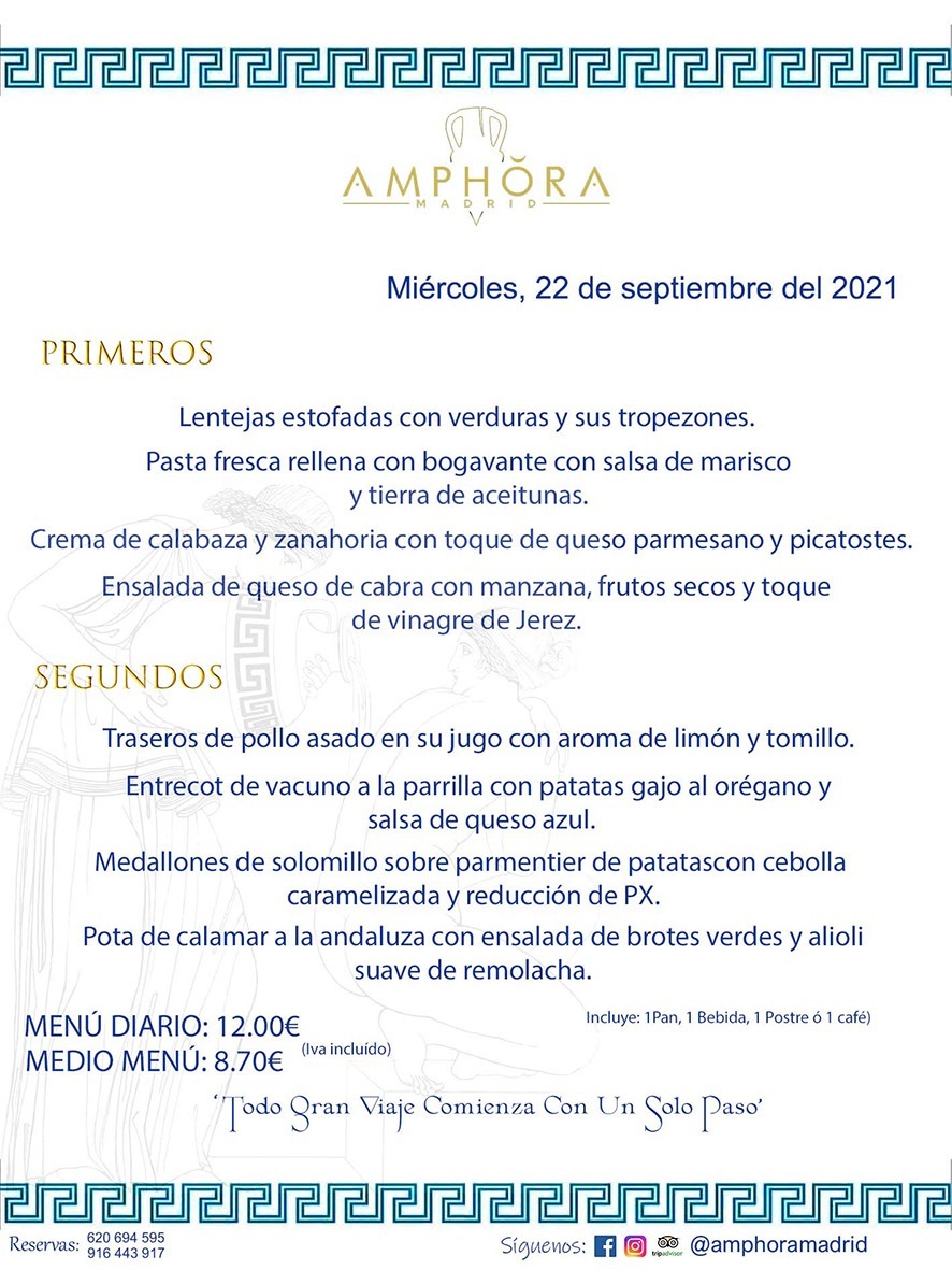 MENÚS DIARIOS MENÚS DEL DÍA MENU DEL DIA DEL MIÉRCOLES 22 DE SEPTIEMBRE ALCORCÓN RESTAURANTE AMPHORA TERRAZA ALCORCÓN MADRID Av. Leganés, 54 28923 · Alcorcón · Madrid · España 91 644 39 17 620 694 595 https://youtu.be/HeULHal1yEY (Vea aquí nuestras instalaciones) https://www.amphoramadrid.com RESTAURANTE AMPHORA TERRAZA ALCORCÓN. MENUS FIN DE SEMANA ALCORCÓN, MENÚS DIARIOS ECONÓMICOS EN ALCORCÓN, MEJORES RESTAURANTES EN ALCORCÓN, TERRAZAS ALCORCON, COMER Y CENAR EN TERRAZA EN ALCORCÓN, RESTAURANTES CON TERRAZA, MEJORES TERRAZAS ALCORCÓN, COMER EN ALCORCON, RESTAURANTES GOURMET ALCORCÓN, MENUS FIN DE SEMANA ECONOMICOS ALCORCON, COMER AL AIRE LIBRE, MENUS ECONOMICOS ALCORCON, UNO DE LOS MEJORES RESTAURANTES DE ALCORCÓN Y ZONA SUR DE MADRID EN CALIDAD PRECIO. RESTAURANTE AMPHORA TERRAZA, ES UN ESPACIO GOURMET DONDE PODRÁ DEGUSTAR DEL MEJOR PRODUCTO CON UNA ELABORACIÓN CUIDADA Y CREATIVA. ADEMÁS, PODRÁ DISFRUTAR DE TODO TIPO DE BEBIDAS PREMIUM PREPARADAS POR NUESTRO BARTENDER, VERMUTS DELICIOSOS Y CERVEZAS DE CALIDAD, YA SEA EN EN EL INTERIOR DE NUESTRO RESTAURANTE O EN NUESTRA MARAVILLOSA TERRAZA. SOMOS POSIBLEMENTE UNO DE LOS MEJORES RESTAURANTES DE LA ZONA SUR EN RELACIÓN CALIDAD, PRECIO Y DECORACIÓN. #AMPHORAMADRID #TERRAZASALCORCÓN #MENUDELDIA #COMERENTERRAZA #MADRID #ALCORCÓN #TERRAZA #MENÚSDELDÍAALCORCÓN #MENÚDELDÍARESTAURANTES #COMERENALCORCÓN #MEJORESRESTAURANTESALCORCÓN #MENÚSECONÓMICOS #RESTAURANTESRECOMENDABLES #RESTAURANTESGOURMET #MENÚSECONÓMICOSALCORCÓN #COMERALAIRELIBRE #COMIDASCENASTERRAZASALCORCON #MENÚSDIARIOSALCORCÓN #MENÚDELDÍAHOY #CENARENTERRAZA #TERRAZASCONENCANTO #RESTAURANTESCONTERRAZA #CENARENALCORCÓN #MEJORESRESTAURANTES #RESTAURANTESCOPASALCORCÓN #COPASPREMIUMALCORCÓN #VERMUTALCORCÓN #GASTROBARALCORCÓN #CARNEBUEYALCORCONPARRILLABRASA #MENUECONÓMICO #GASTROBAR #MEJORTERRAZADEALCORCÓN #MENÚSVIERNESALCORCÓN #MENÚSABADOALCORCÓN #MENÚSDOMINGOALCORCÓN #MENÚSLUNESALCORCÓN #MENÚSMARTESALCORCÓN #MENÚSMIÉRCOLESALCORCÓN #MENÚSJUEVESALCORCÓN MEJOR CARNE A LA PARRILLA ALCORCÓN TOMAHAWK CARNE BUEY AUTÉNTICO ALCORCÓN RESTAURANTES PREMIUN LUJO COMIDA CREATIVA ELABORADA RESTAURANTE AMPHORA TERRAZA EN ALCORCÓN (MADRID) GASTROBAR ALCORCÓN MENÚS ECONÓMICOS DIARIOS DEL DÍA MENUS FIN DE SEMANA DE CALIDAD MEJOR MENÚ FIN DE SEMANA ALCORCÓN COMER CENAR EN TERRAZA TERRAZAS ZONA SUR COMIDAS AIRE LIBRE MEJOR CARNE PARRILLA ALCORCÓN.