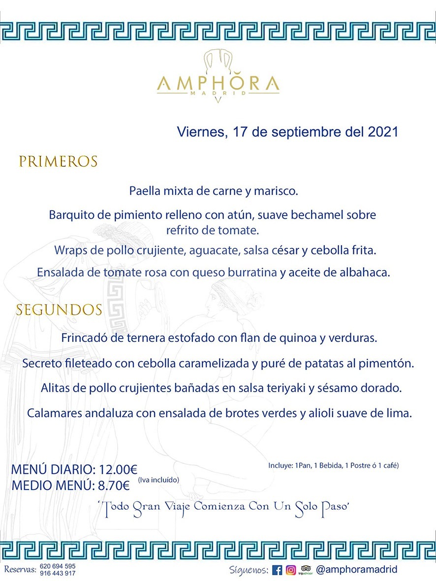 MENÚS DIARIOS MENÚS DEL DÍA MENU DEL DIA DEL VIERNES 17 DE SEPTIEMBRE ALCORCÓN RESTAURANTE AMPHORA TERRAZA ALCORCÓN MADRID Av. Leganés, 54 28923 · Alcorcón · Madrid · España 91 644 39 17 620 694 595 https://youtu.be/HeULHal1yEY (Vea aquí nuestras instalaciones) https://www.amphoramadrid.com RESTAURANTE AMPHORA TERRAZA ALCORCÓN. MENUS FIN DE SEMANA ALCORCÓN, MENÚS DIARIOS ECONÓMICOS EN ALCORCÓN, MEJORES RESTAURANTES EN ALCORCÓN, TERRAZAS ALCORCON, COMER Y CENAR EN TERRAZA EN ALCORCÓN, RESTAURANTES CON TERRAZA, MEJORES TERRAZAS ALCORCÓN, COMER EN ALCORCON, RESTAURANTES GOURMET ALCORCÓN, MENUS FIN DE SEMANA ECONOMICOS ALCORCON, COMER AL AIRE LIBRE, MENUS ECONOMICOS ALCORCON, UNO DE LOS MEJORES RESTAURANTES DE ALCORCÓN Y ZONA SUR DE MADRID EN CALIDAD PRECIO. RESTAURANTE AMPHORA TERRAZA, ES UN ESPACIO GOURMET DONDE PODRÁ DEGUSTAR DEL MEJOR PRODUCTO CON UNA ELABORACIÓN CUIDADA Y CREATIVA. ADEMÁS, PODRÁ DISFRUTAR DE TODO TIPO DE BEBIDAS PREMIUM PREPARADAS POR NUESTRO BARTENDER, VERMUTS DELICIOSOS Y CERVEZAS DE CALIDAD, YA SEA EN EN EL INTERIOR DE NUESTRO RESTAURANTE O EN NUESTRA MARAVILLOSA TERRAZA. SOMOS POSIBLEMENTE UNO DE LOS MEJORES RESTAURANTES DE LA ZONA SUR EN RELACIÓN CALIDAD, PRECIO Y DECORACIÓN. #AMPHORAMADRID #TERRAZASALCORCÓN #MENUDELDIA #COMERENTERRAZA #MADRID #ALCORCÓN #TERRAZA #MENÚSDELDÍAALCORCÓN #MENÚDELDÍARESTAURANTES #COMERENALCORCÓN #MEJORESRESTAURANTESALCORCÓN #MENÚSECONÓMICOS #RESTAURANTESRECOMENDABLES #RESTAURANTESGOURMET #MENÚSECONÓMICOSALCORCÓN #COMERALAIRELIBRE #COMIDASCENASTERRAZASALCORCON #MENÚSDIARIOSALCORCÓN #MENÚDELDÍAHOY #CENARENTERRAZA #TERRAZASCONENCANTO #RESTAURANTESCONTERRAZA #CENARENALCORCÓN #MEJORESRESTAURANTES #RESTAURANTESCOPASALCORCÓN #COPASPREMIUMALCORCÓN #VERMUTALCORCÓN #GASTROBARALCORCÓN #CARNEBUEYALCORCONPARRILLABRASA #MENUECONÓMICO #GASTROBAR #MEJORTERRAZADEALCORCÓN #MENÚSVIERNESALCORCÓN #MENÚSABADOALCORCÓN #MENÚSDOMINGOALCORCÓN #MENÚSLUNESALCORCÓN #MENÚSMARTESALCORCÓN #MENÚSMIÉRCOLESALCORCÓN #MENÚSJUEVESALCORCÓN MEJOR CARNE A LA PARRILLA ALCORCÓN TOMAHAWK CARNE BUEY AUTÉNTICO ALCORCÓN RESTAURANTES PREMIUN LUJO COMIDA CREATIVA ELABORADA RESTAURANTE AMPHORA TERRAZA EN ALCORCÓN (MADRID) GASTROBAR ALCORCÓN MENÚS ECONÓMICOS DIARIOS DEL DÍA MENUS FIN DE SEMANA DE CALIDAD MEJOR MENÚ FIN DE SEMANA ALCORCÓN COMER CENAR EN TERRAZA TERRAZAS ZONA SUR COMIDAS AIRE LIBRE MEJOR CARNE PARRILLA ALCORCÓN.