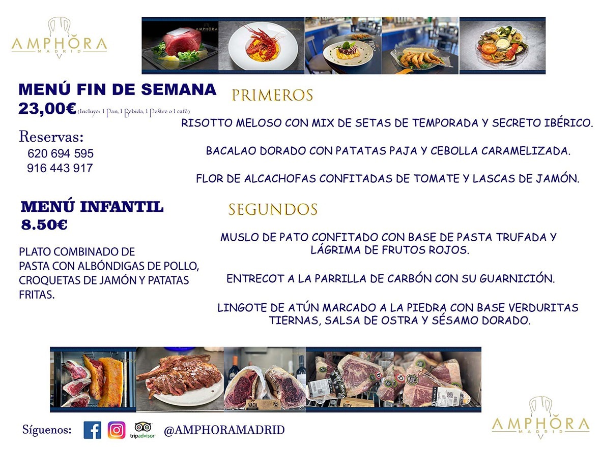 MENÚS FIN DE SEMANA ECONOMICOS DIARIOS MENÚ DEL DÍA SÁBADO 30 Y DOMINGO 31 DE OCTUBRE  Y LUNES 1 DE NOVIEMBRE ALCORCÓN RESTAURANTE AMPHORA TERRAZA ALCORCÓN MADRID Av. Leganés, 54 28923 · Alcorcón · Madrid · España 91 644 39 17 620 694 595 https://youtu.be/HeULHal1yEY (Vea aquí nuestras instalaciones) https://www.amphoramadrid.com RESTAURANTE AMPHORA TERRAZA ALCORCÓN. MENUS FIN DE SEMANA ALCORCÓN, MENÚS DIARIOS ECONÓMICOS EN ALCORCÓN, MEJORES RESTAURANTES EN ALCORCÓN, TERRAZAS ALCORCON, COMER Y CENAR EN TERRAZA EN ALCORCÓN, RESTAURANTES CON TERRAZA, MEJORES TERRAZAS ALCORCÓN, COMER EN ALCORCON, RESTAURANTES GOURMET ALCORCÓN, MENUS FIN DE SEMANA ECONOMICOS ALCORCON, COMER AL AIRE LIBRE, MENUS ECONOMICOS ALCORCON, UNO DE LOS MEJORES RESTAURANTES DE ALCORCÓN Y ZONA SUR DE MADRID EN CALIDAD PRECIO. RESTAURANTE AMPHORA TERRAZA, ES UN ESPACIO GOURMET DONDE PODRÁ DEGUSTAR DEL MEJOR PRODUCTO CON UNA ELABORACIÓN CUIDADA Y CREATIVA. ADEMÁS, PODRÁ DISFRUTAR DE TODO TIPO DE BEBIDAS PREMIUM PREPARADAS POR NUESTRO BARTENDER, VERMUTS DELICIOSOS Y CERVEZAS DE CALIDAD, YA SEA EN EN EL INTERIOR DE NUESTRO RESTAURANTE O EN NUESTRA MARAVILLOSA TERRAZA. SOMOS POSIBLEMENTE UNO DE LOS MEJORES RESTAURANTES DE LA ZONA SUR EN RELACIÓN CALIDAD, PRECIO Y DECORACIÓN. #AMPHORAMADRID #TERRAZASALCORCÓN #MENUDELDIA #COMERENTERRAZA #MADRID #ALCORCÓN #TERRAZA #MENÚSDELDÍAALCORCÓN #MENÚDELDÍARESTAURANTES #COMERENALCORCÓN #MEJORESRESTAURANTESALCORCÓN #MENÚSECONÓMICOS #RESTAURANTESRECOMENDABLES #RESTAURANTESGOURMET #MENÚSECONÓMICOSALCORCÓN #COMERALAIRELIBRE #COMIDASCENASTERRAZASALCORCON #MENÚSDIARIOSALCORCÓN #MENÚDELDÍAHOY #CENARENTERRAZA #TERRAZASCONENCANTO #RESTAURANTESCONTERRAZA #CENARENALCORCÓN #MEJORESRESTAURANTES #RESTAURANTESCOPASALCORCÓN #COPASPREMIUMALCORCÓN #VERMUTALCORCÓN #GASTROBARALCORCÓN #CARNEBUEYALCORCONPARRILLABRASA #MENUECONÓMICO #GASTROBAR #MEJORTERRAZADEALCORCÓN #MENÚSVIERNESALCORCÓN #MENÚSABADOALCORCÓN #MENÚSDOMINGOALCORCÓN #MENÚSLUNESALCORCÓN #MENÚSMARTESALCORCÓN #MENÚSMIÉRCOLESALCORCÓN #MENÚSJUEVESALCORCÓN MEJOR CARNE A LA PARRILLA ALCORCÓN TOMAHAWK CARNE BUEY AUTÉNTICO ALCORCÓN RESTAURANTES PREMIUN LUJO COMIDA CREATIVA ELABORADA RESTAURANTE AMPHORA TERRAZA EN ALCORCÓN (MADRID) GASTROBAR ALCORCÓN MENÚS ECONÓMICOS DIARIOS DEL DÍA MENUS FIN DE SEMANA DE CALIDAD MEJOR MENÚ FIN DE SEMANA ALCORCÓN COMER CENAR EN TERRAZA TERRAZAS ZONA SUR COMIDAS AIRE LIBRE MEJOR CARNE PARRILLA ALCORCÓN.