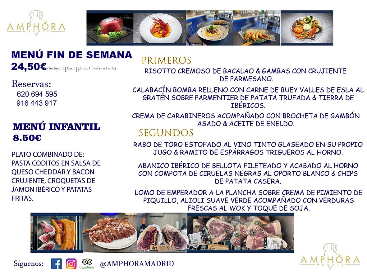 MENÚS FIN DE SEMANA ECONOMICOS DIARIOS MENÚ DEL DÍA SÁBADO 22 Y DOMINGO 23 DE ENERO DE 2022 ALCORCÓN RESTAURANTE AMPHORA TERRAZA ALCORCÓN MADRID Av. Leganés, 54 28923 · Alcorcón · Madrid · España 91 644 39 17 620 694 595 https://youtu.be/HeULHal1yEY (Vea aquí nuestras instalaciones) https://www.amphoramadrid.com RESTAURANTE AMPHORA TERRAZA ALCORCÓN. MENUS FIN DE SEMANA ALCORCÓN, MENÚS DIARIOS ECONÓMICOS EN ALCORCÓN, MEJORES RESTAURANTES EN ALCORCÓN, TERRAZAS ALCORCON, COMER Y CENAR EN TERRAZA EN ALCORCÓN, RESTAURANTES CON TERRAZA, MEJORES TERRAZAS ALCORCÓN, COMER EN ALCORCON, RESTAURANTES GOURMET ALCORCÓN, MENUS FIN DE SEMANA ECONOMICOS ALCORCON, COMER AL AIRE LIBRE, MENUS ECONOMICOS ALCORCON, UNO DE LOS MEJORES RESTAURANTES DE ALCORCÓN Y ZONA SUR DE MADRID EN CALIDAD PRECIO. RESTAURANTE AMPHORA TERRAZA, ES UN ESPACIO GOURMET DONDE PODRÁ DEGUSTAR DEL MEJOR PRODUCTO CON UNA ELABORACIÓN CUIDADA Y CREATIVA. ADEMÁS, PODRÁ DISFRUTAR DE TODO TIPO DE BEBIDAS PREMIUM PREPARADAS POR NUESTRO BARTENDER, VERMUTS DELICIOSOS Y CERVEZAS DE CALIDAD, YA SEA EN EN EL INTERIOR DE NUESTRO RESTAURANTE O EN NUESTRA MARAVILLOSA TERRAZA. SOMOS POSIBLEMENTE UNO DE LOS MEJORES RESTAURANTES DE LA ZONA SUR EN RELACIÓN CALIDAD, PRECIO Y DECORACIÓN. #AMPHORAMADRID #TERRAZASALCORCÓN #MENUDELDIA #COMERENTERRAZA #MADRID #ALCORCÓN #TERRAZA #MENÚSDELDÍAALCORCÓN #MENÚDELDÍARESTAURANTES #COMERENALCORCÓN #MEJORESRESTAURANTESALCORCÓN #MENÚSECONÓMICOS #RESTAURANTESRECOMENDABLES #RESTAURANTESGOURMET #MENÚSECONÓMICOSALCORCÓN #COMERALAIRELIBRE #COMIDASCENASTERRAZASALCORCON #MENÚSDIARIOSALCORCÓN #MENÚDELDÍAHOY #CENARENTERRAZA #TERRAZASCONENCANTO #RESTAURANTESCONTERRAZA #CENARENALCORCÓN #MEJORESRESTAURANTES #RESTAURANTESCOPASALCORCÓN #COPASPREMIUMALCORCÓN #VERMUTALCORCÓN #GASTROBARALCORCÓN #CARNEBUEYALCORCONPARRILLABRASA #MENUECONÓMICO #GASTROBAR #MEJORTERRAZADEALCORCÓN #MENÚSVIERNESALCORCÓN #MENÚSABADOALCORCÓN #MENÚSDOMINGOALCORCÓN #MENÚSLUNESALCORCÓN #MENÚSMARTESALCORCÓN #MENÚSMIÉRCOLESALCORCÓN #MENÚSJUEVESALCORCÓN MEJOR CARNE A LA PARRILLA ALCORCÓN TOMAHAWK CARNE BUEY AUTÉNTICO ALCORCÓN RESTAURANTES PREMIUN LUJO COMIDA CREATIVA ELABORADA RESTAURANTE AMPHORA TERRAZA EN ALCORCÓN (MADRID) GASTROBAR ALCORCÓN MENÚS ECONÓMICOS DIARIOS DEL DÍA MENUS FIN DE SEMANA DE CALIDAD MEJOR MENÚ FIN DE SEMANA ALCORCÓN COMER CENAR EN TERRAZA TERRAZAS ZONA SUR COMIDAS AIRE LIBRE MEJOR CARNE PARRILLA ALCORCÓN.