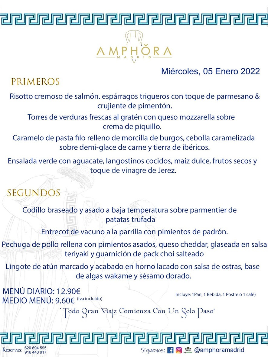 MENÚS DIARIOS MENÚS DEL DÍA MENU DEL DIA DEL MIÉRCOLES 5 DE ENERO DE 2022 ALCORCÓN RESTAURANTE AMPHORA TERRAZA ALCORCÓN MADRID Av. Leganés, 54 28923 · Alcorcón · Madrid · España 91 644 39 17 620 694 595 https://youtu.be/HeULHal1yEY (Vea aquí nuestras instalaciones) https://www.amphoramadrid.com RESTAURANTE AMPHORA TERRAZA ALCORCÓN. MENUS FIN DE SEMANA ALCORCÓN, MENÚS DIARIOS ECONÓMICOS EN ALCORCÓN, MEJORES RESTAURANTES EN ALCORCÓN, TERRAZAS ALCORCON, COMER Y CENAR EN TERRAZA EN ALCORCÓN, RESTAURANTES CON TERRAZA, MEJORES TERRAZAS ALCORCÓN, COMER EN ALCORCON, RESTAURANTES GOURMET ALCORCÓN, MENUS FIN DE SEMANA ECONOMICOS ALCORCON, COMER AL AIRE LIBRE, MENUS ECONOMICOS ALCORCON, UNO DE LOS MEJORES RESTAURANTES DE ALCORCÓN Y ZONA SUR DE MADRID EN CALIDAD PRECIO. RESTAURANTE AMPHORA TERRAZA, ES UN ESPACIO GOURMET DONDE PODRÁ DEGUSTAR DEL MEJOR PRODUCTO CON UNA ELABORACIÓN CUIDADA Y CREATIVA. ADEMÁS, PODRÁ DISFRUTAR DE TODO TIPO DE BEBIDAS PREMIUM PREPARADAS POR NUESTRO BARTENDER, VERMUTS DELICIOSOS Y CERVEZAS DE CALIDAD, YA SEA EN EN EL INTERIOR DE NUESTRO RESTAURANTE O EN NUESTRA MARAVILLOSA TERRAZA. SOMOS POSIBLEMENTE UNO DE LOS MEJORES RESTAURANTES DE LA ZONA SUR EN RELACIÓN CALIDAD, PRECIO Y DECORACIÓN. #AMPHORAMADRID #TERRAZASALCORCÓN #MENUDELDIA #COMERENTERRAZA #MADRID #ALCORCÓN #TERRAZA #MENÚSDELDÍAALCORCÓN #MENÚDELDÍARESTAURANTES #COMERENALCORCÓN #MEJORESRESTAURANTESALCORCÓN #MENÚSECONÓMICOS #RESTAURANTESRECOMENDABLES #RESTAURANTESGOURMET #MENÚSECONÓMICOSALCORCÓN #COMERALAIRELIBRE #COMIDASCENASTERRAZASALCORCON #MENÚSDIARIOSALCORCÓN #MENÚDELDÍAHOY #CENARENTERRAZA #TERRAZASCONENCANTO #RESTAURANTESCONTERRAZA #CENARENALCORCÓN #MEJORESRESTAURANTES #RESTAURANTESCOPASALCORCÓN #COPASPREMIUMALCORCÓN #VERMUTALCORCÓN #GASTROBARALCORCÓN #CARNEBUEYALCORCONPARRILLABRASA #MENUECONÓMICO #GASTROBAR #MEJORTERRAZADEALCORCÓN #MENÚSVIERNESALCORCÓN #MENÚSABADOALCORCÓN #MENÚSDOMINGOALCORCÓN #MENÚSLUNESALCORCÓN #MENÚSMARTESALCORCÓN #MENÚSMIÉRCOLESALCORCÓN #MENÚSJUEVESALCORCÓN MEJOR CARNE A LA PARRILLA ALCORCÓN TOMAHAWK CARNE BUEY AUTÉNTICO ALCORCÓN RESTAURANTES PREMIUN LUJO COMIDA CREATIVA ELABORADA RESTAURANTE AMPHORA TERRAZA EN ALCORCÓN (MADRID) GASTROBAR ALCORCÓN MENÚS ECONÓMICOS DIARIOS DEL DÍA MENUS FIN DE SEMANA DE CALIDAD MEJOR MENÚ FIN DE SEMANA ALCORCÓN COMER CENAR EN TERRAZA TERRAZAS ZONA SUR COMIDAS AIRE LIBRE MEJOR CARNE PARRILLA ALCORCÓN.