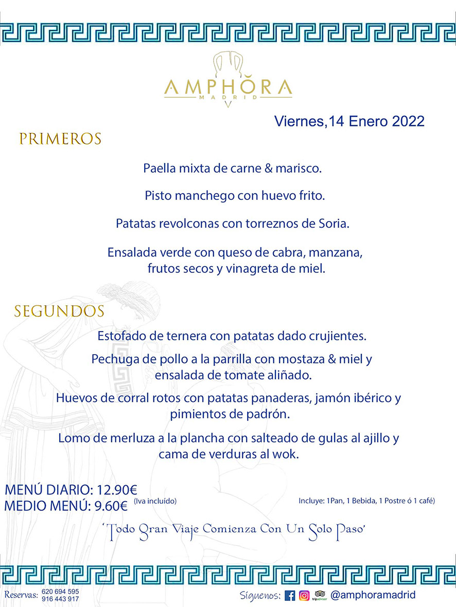 MENÚS DIARIOS MENÚS DEL DÍA MENU DEL DIA DEL VIERNES 14 DE ENERO DE 2022 ALCORCÓN RESTAURANTE AMPHORA TERRAZA ALCORCÓN MADRID Av. Leganés, 54 28923 · Alcorcón · Madrid · España 91 644 39 17 620 694 595 https://youtu.be/HeULHal1yEY (Vea aquí nuestras instalaciones) https://www.amphoramadrid.com RESTAURANTE AMPHORA TERRAZA ALCORCÓN. MENUS FIN DE SEMANA ALCORCÓN, MENÚS DIARIOS ECONÓMICOS EN ALCORCÓN, MEJORES RESTAURANTES EN ALCORCÓN, TERRAZAS ALCORCON, COMER Y CENAR EN TERRAZA EN ALCORCÓN, RESTAURANTES CON TERRAZA, MEJORES TERRAZAS ALCORCÓN, COMER EN ALCORCON, RESTAURANTES GOURMET ALCORCÓN, MENUS FIN DE SEMANA ECONOMICOS ALCORCON, COMER AL AIRE LIBRE, MENUS ECONOMICOS ALCORCON, UNO DE LOS MEJORES RESTAURANTES DE ALCORCÓN Y ZONA SUR DE MADRID EN CALIDAD PRECIO. RESTAURANTE AMPHORA TERRAZA, ES UN ESPACIO GOURMET DONDE PODRÁ DEGUSTAR DEL MEJOR PRODUCTO CON UNA ELABORACIÓN CUIDADA Y CREATIVA. ADEMÁS, PODRÁ DISFRUTAR DE TODO TIPO DE BEBIDAS PREMIUM PREPARADAS POR NUESTRO BARTENDER, VERMUTS DELICIOSOS Y CERVEZAS DE CALIDAD, YA SEA EN EN EL INTERIOR DE NUESTRO RESTAURANTE O EN NUESTRA MARAVILLOSA TERRAZA. SOMOS POSIBLEMENTE UNO DE LOS MEJORES RESTAURANTES DE LA ZONA SUR EN RELACIÓN CALIDAD, PRECIO Y DECORACIÓN. #AMPHORAMADRID #TERRAZASALCORCÓN #MENUDELDIA #COMERENTERRAZA #MADRID #ALCORCÓN #TERRAZA #MENÚSDELDÍAALCORCÓN #MENÚDELDÍARESTAURANTES #COMERENALCORCÓN #MEJORESRESTAURANTESALCORCÓN #MENÚSECONÓMICOS #RESTAURANTESRECOMENDABLES #RESTAURANTESGOURMET #MENÚSECONÓMICOSALCORCÓN #COMERALAIRELIBRE #COMIDASCENASTERRAZASALCORCON #MENÚSDIARIOSALCORCÓN #MENÚDELDÍAHOY #CENARENTERRAZA #TERRAZASCONENCANTO #RESTAURANTESCONTERRAZA #CENARENALCORCÓN #MEJORESRESTAURANTES #RESTAURANTESCOPASALCORCÓN #COPASPREMIUMALCORCÓN #VERMUTALCORCÓN #GASTROBARALCORCÓN #CARNEBUEYALCORCONPARRILLABRASA #MENUECONÓMICO #GASTROBAR #MEJORTERRAZADEALCORCÓN #MENÚSVIERNESALCORCÓN #MENÚSABADOALCORCÓN #MENÚSDOMINGOALCORCÓN #MENÚSLUNESALCORCÓN #MENÚSMARTESALCORCÓN #MENÚSMIÉRCOLESALCORCÓN #MENÚSJUEVESALCORCÓN MEJOR CARNE A LA PARRILLA ALCORCÓN TOMAHAWK CARNE BUEY AUTÉNTICO ALCORCÓN RESTAURANTES PREMIUN LUJO COMIDA CREATIVA ELABORADA RESTAURANTE AMPHORA TERRAZA EN ALCORCÓN (MADRID) GASTROBAR ALCORCÓN MENÚS ECONÓMICOS DIARIOS DEL DÍA MENUS FIN DE SEMANA DE CALIDAD MEJOR MENÚ FIN DE SEMANA ALCORCÓN COMER CENAR EN TERRAZA TERRAZAS ZONA SUR COMIDAS AIRE LIBRE MEJOR CARNE PARRILLA ALCORCÓN.