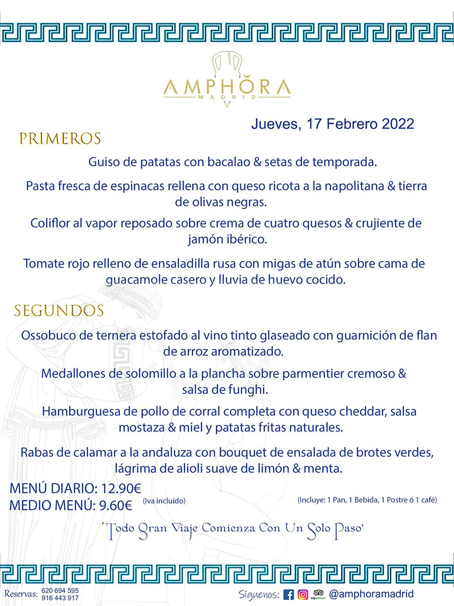 MENÚS DIARIOS MENÚS DEL DÍA MENU DEL DIA DEL JUEVES 17 DE FEBRERO DE 2022 ALCORCÓN RESTAURANTE AMPHORA TERRAZA ALCORCÓN MADRID Av. Leganés, 54 28923 · Alcorcón · Madrid · España 91 644 39 17 620 694 595 https://youtu.be/HeULHal1yEY (Vea aquí nuestras instalaciones) https://www.amphoramadrid.com RESTAURANTE AMPHORA TERRAZA ALCORCÓN. MENUS FIN DE SEMANA ALCORCÓN, MENÚS DIARIOS ECONÓMICOS EN ALCORCÓN, MEJORES RESTAURANTES EN ALCORCÓN, TERRAZAS ALCORCON, COMER Y CENAR EN TERRAZA EN ALCORCÓN, RESTAURANTES CON TERRAZA, MEJORES TERRAZAS ALCORCÓN, COMER EN ALCORCON, RESTAURANTES GOURMET ALCORCÓN, MENUS FIN DE SEMANA ECONOMICOS ALCORCON, COMER AL AIRE LIBRE, MENUS ECONOMICOS ALCORCON, UNO DE LOS MEJORES RESTAURANTES DE ALCORCÓN Y ZONA SUR DE MADRID EN CALIDAD PRECIO. RESTAURANTE AMPHORA TERRAZA, ES UN ESPACIO GOURMET DONDE PODRÁ DEGUSTAR DEL MEJOR PRODUCTO CON UNA ELABORACIÓN CUIDADA Y CREATIVA. ADEMÁS, PODRÁ DISFRUTAR DE TODO TIPO DE BEBIDAS PREMIUM PREPARADAS POR NUESTRO BARTENDER, VERMUTS DELICIOSOS Y CERVEZAS DE CALIDAD, YA SEA EN EN EL INTERIOR DE NUESTRO RESTAURANTE O EN NUESTRA MARAVILLOSA TERRAZA. SOMOS POSIBLEMENTE UNO DE LOS MEJORES RESTAURANTES DE LA ZONA SUR EN RELACIÓN CALIDAD, PRECIO Y DECORACIÓN. #AMPHORAMADRID #TERRAZASALCORCÓN #MENUDELDIA #COMERENTERRAZA #MADRID #ALCORCÓN #TERRAZA #MENÚSDELDÍAALCORCÓN #MENÚDELDÍARESTAURANTES #COMERENALCORCÓN #MEJORESRESTAURANTESALCORCÓN #MENÚSECONÓMICOS #RESTAURANTESRECOMENDABLES #RESTAURANTESGOURMET #MENÚSECONÓMICOSALCORCÓN #COMERALAIRELIBRE #COMIDASCENASTERRAZASALCORCON #MENÚSDIARIOSALCORCÓN #MENÚDELDÍAHOY #CENARENTERRAZA #TERRAZASCONENCANTO #RESTAURANTESCONTERRAZA #CENARENALCORCÓN #MEJORESRESTAURANTES #RESTAURANTESCOPASALCORCÓN #COPASPREMIUMALCORCÓN #VERMUTALCORCÓN #GASTROBARALCORCÓN #CARNEBUEYALCORCONPARRILLABRASA #MENUECONÓMICO #GASTROBAR #MEJORTERRAZADEALCORCÓN #MENÚSVIERNESALCORCÓN #MENÚSABADOALCORCÓN #MENÚSDOMINGOALCORCÓN #MENÚSLUNESALCORCÓN #MENÚSMARTESALCORCÓN #MENÚSMIÉRCOLESALCORCÓN #MENÚSJUEVESALCORCÓN MEJOR CARNE A LA PARRILLA ALCORCÓN TOMAHAWK CARNE BUEY AUTÉNTICO ALCORCÓN RESTAURANTES PREMIUN LUJO COMIDA CREATIVA ELABORADA RESTAURANTE AMPHORA TERRAZA EN ALCORCÓN (MADRID) GASTROBAR ALCORCÓN MENÚS ECONÓMICOS DIARIOS DEL DÍA MENUS FIN DE SEMANA DE CALIDAD MEJOR MENÚ FIN DE SEMANA ALCORCÓN COMER CENAR EN TERRAZA TERRAZAS ZONA SUR COMIDAS AIRE LIBRE MEJOR CARNE PARRILLA ALCORCÓN.