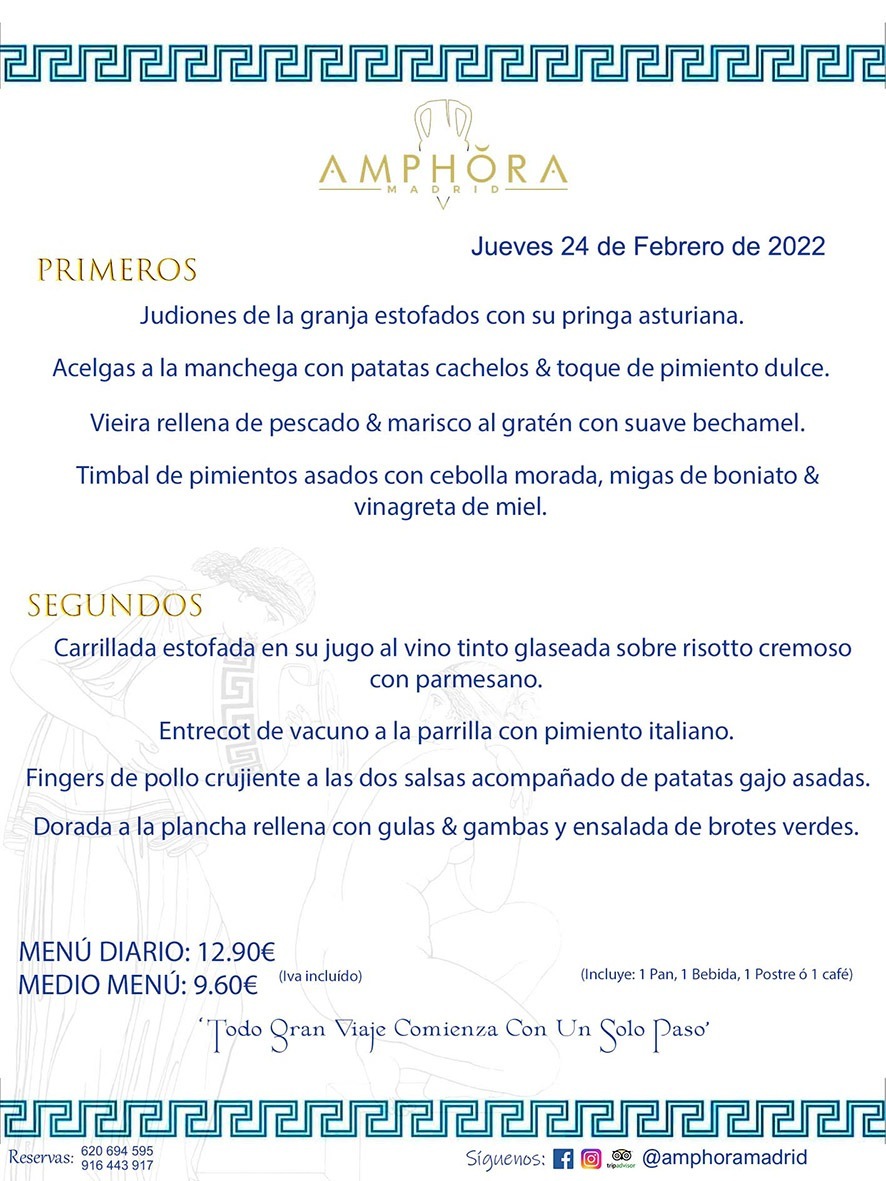 MENÚS DIARIOS MENÚS DEL DÍA MENU DEL DIA DEL JUEVES 24 DE FEBRERO DE 2022 ALCORCÓN RESTAURANTE AMPHORA TERRAZA ALCORCÓN MADRID Av. Leganés, 54 28923 · Alcorcón · Madrid · España 91 644 39 17 620 694 595 https://youtu.be/HeULHal1yEY (Vea aquí nuestras instalaciones) https://www.amphoramadrid.com RESTAURANTE AMPHORA TERRAZA ALCORCÓN. MENUS FIN DE SEMANA ALCORCÓN, MENÚS DIARIOS ECONÓMICOS EN ALCORCÓN, MEJORES RESTAURANTES EN ALCORCÓN, TERRAZAS ALCORCON, COMER Y CENAR EN TERRAZA EN ALCORCÓN, RESTAURANTES CON TERRAZA, MEJORES TERRAZAS ALCORCÓN, COMER EN ALCORCON, RESTAURANTES GOURMET ALCORCÓN, MENUS FIN DE SEMANA ECONOMICOS ALCORCON, COMER AL AIRE LIBRE, MENUS ECONOMICOS ALCORCON, UNO DE LOS MEJORES RESTAURANTES DE ALCORCÓN Y ZONA SUR DE MADRID EN CALIDAD PRECIO. RESTAURANTE AMPHORA TERRAZA, ES UN ESPACIO GOURMET DONDE PODRÁ DEGUSTAR DEL MEJOR PRODUCTO CON UNA ELABORACIÓN CUIDADA Y CREATIVA. ADEMÁS, PODRÁ DISFRUTAR DE TODO TIPO DE BEBIDAS PREMIUM PREPARADAS POR NUESTRO BARTENDER, VERMUTS DELICIOSOS Y CERVEZAS DE CALIDAD, YA SEA EN EN EL INTERIOR DE NUESTRO RESTAURANTE O EN NUESTRA MARAVILLOSA TERRAZA. SOMOS POSIBLEMENTE UNO DE LOS MEJORES RESTAURANTES DE LA ZONA SUR EN RELACIÓN CALIDAD, PRECIO Y DECORACIÓN. #AMPHORAMADRID #TERRAZASALCORCÓN #MENUDELDIA #COMERENTERRAZA #MADRID #ALCORCÓN #TERRAZA #MENÚSDELDÍAALCORCÓN #MENÚDELDÍARESTAURANTES #COMERENALCORCÓN #MEJORESRESTAURANTESALCORCÓN #MENÚSECONÓMICOS #RESTAURANTESRECOMENDABLES #RESTAURANTESGOURMET #MENÚSECONÓMICOSALCORCÓN #COMERALAIRELIBRE #COMIDASCENASTERRAZASALCORCON #MENÚSDIARIOSALCORCÓN #MENÚDELDÍAHOY #CENARENTERRAZA #TERRAZASCONENCANTO #RESTAURANTESCONTERRAZA #CENARENALCORCÓN #MEJORESRESTAURANTES #RESTAURANTESCOPASALCORCÓN #COPASPREMIUMALCORCÓN #VERMUTALCORCÓN #GASTROBARALCORCÓN #CARNEBUEYALCORCONPARRILLABRASA #MENUECONÓMICO #GASTROBAR #MEJORTERRAZADEALCORCÓN #MENÚSVIERNESALCORCÓN #MENÚSABADOALCORCÓN #MENÚSDOMINGOALCORCÓN #MENÚSLUNESALCORCÓN #MENÚSMARTESALCORCÓN #MENÚSMIÉRCOLESALCORCÓN #MENÚSJUEVESALCORCÓN MEJOR CARNE A LA PARRILLA ALCORCÓN TOMAHAWK CARNE BUEY AUTÉNTICO ALCORCÓN RESTAURANTES PREMIUN LUJO COMIDA CREATIVA ELABORADA RESTAURANTE AMPHORA TERRAZA EN ALCORCÓN (MADRID) GASTROBAR ALCORCÓN MENÚS ECONÓMICOS DIARIOS DEL DÍA MENUS FIN DE SEMANA DE CALIDAD MEJOR MENÚ FIN DE SEMANA ALCORCÓN COMER CENAR EN TERRAZA TERRAZAS ZONA SUR COMIDAS AIRE LIBRE MEJOR CARNE PARRILLA ALCORCÓN.