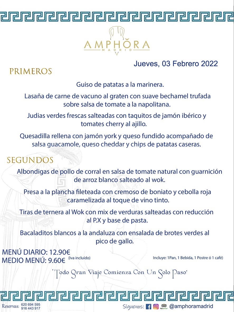 MENÚS DIARIOS MENÚS DEL DÍA MENU DEL DIA DEL JUEVES 3 DE FEBRERO DE 2022 ALCORCÓN RESTAURANTE AMPHORA TERRAZA ALCORCÓN MADRID Av. Leganés, 54 28923 · Alcorcón · Madrid · España 91 644 39 17 620 694 595 https://youtu.be/HeULHal1yEY (Vea aquí nuestras instalaciones) https://www.amphoramadrid.com RESTAURANTE AMPHORA TERRAZA ALCORCÓN. MENUS FIN DE SEMANA ALCORCÓN, MENÚS DIARIOS ECONÓMICOS EN ALCORCÓN, MEJORES RESTAURANTES EN ALCORCÓN, TERRAZAS ALCORCON, COMER Y CENAR EN TERRAZA EN ALCORCÓN, RESTAURANTES CON TERRAZA, MEJORES TERRAZAS ALCORCÓN, COMER EN ALCORCON, RESTAURANTES GOURMET ALCORCÓN, MENUS FIN DE SEMANA ECONOMICOS ALCORCON, COMER AL AIRE LIBRE, MENUS ECONOMICOS ALCORCON, UNO DE LOS MEJORES RESTAURANTES DE ALCORCÓN Y ZONA SUR DE MADRID EN CALIDAD PRECIO. RESTAURANTE AMPHORA TERRAZA, ES UN ESPACIO GOURMET DONDE PODRÁ DEGUSTAR DEL MEJOR PRODUCTO CON UNA ELABORACIÓN CUIDADA Y CREATIVA. ADEMÁS, PODRÁ DISFRUTAR DE TODO TIPO DE BEBIDAS PREMIUM PREPARADAS POR NUESTRO BARTENDER, VERMUTS DELICIOSOS Y CERVEZAS DE CALIDAD, YA SEA EN EN EL INTERIOR DE NUESTRO RESTAURANTE O EN NUESTRA MARAVILLOSA TERRAZA. SOMOS POSIBLEMENTE UNO DE LOS MEJORES RESTAURANTES DE LA ZONA SUR EN RELACIÓN CALIDAD, PRECIO Y DECORACIÓN. #AMPHORAMADRID #TERRAZASALCORCÓN #MENUDELDIA #COMERENTERRAZA #MADRID #ALCORCÓN #TERRAZA #MENÚSDELDÍAALCORCÓN #MENÚDELDÍARESTAURANTES #COMERENALCORCÓN #MEJORESRESTAURANTESALCORCÓN #MENÚSECONÓMICOS #RESTAURANTESRECOMENDABLES #RESTAURANTESGOURMET #MENÚSECONÓMICOSALCORCÓN #COMERALAIRELIBRE #COMIDASCENASTERRAZASALCORCON #MENÚSDIARIOSALCORCÓN #MENÚDELDÍAHOY #CENARENTERRAZA #TERRAZASCONENCANTO #RESTAURANTESCONTERRAZA #CENARENALCORCÓN #MEJORESRESTAURANTES #RESTAURANTESCOPASALCORCÓN #COPASPREMIUMALCORCÓN #VERMUTALCORCÓN #GASTROBARALCORCÓN #CARNEBUEYALCORCONPARRILLABRASA #MENUECONÓMICO #GASTROBAR #MEJORTERRAZADEALCORCÓN #MENÚSVIERNESALCORCÓN #MENÚSABADOALCORCÓN #MENÚSDOMINGOALCORCÓN #MENÚSLUNESALCORCÓN #MENÚSMARTESALCORCÓN #MENÚSMIÉRCOLESALCORCÓN #MENÚSJUEVESALCORCÓN MEJOR CARNE A LA PARRILLA ALCORCÓN TOMAHAWK CARNE BUEY AUTÉNTICO ALCORCÓN RESTAURANTES PREMIUN LUJO COMIDA CREATIVA ELABORADA RESTAURANTE AMPHORA TERRAZA EN ALCORCÓN (MADRID) GASTROBAR ALCORCÓN MENÚS ECONÓMICOS DIARIOS DEL DÍA MENUS FIN DE SEMANA DE CALIDAD MEJOR MENÚ FIN DE SEMANA ALCORCÓN COMER CENAR EN TERRAZA TERRAZAS ZONA SUR COMIDAS AIRE LIBRE MEJOR CARNE PARRILLA ALCORCÓN.