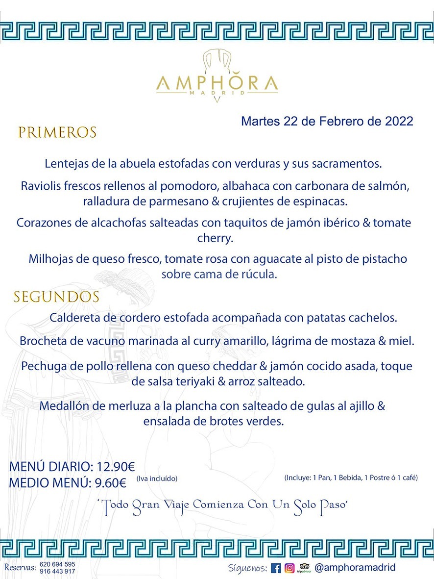 MENÚS DIARIOS MENÚS DEL DÍA MENU DEL DIA DEL MARTES 22 DE FEBRERO DE 2022 ALCORCÓN RESTAURANTE AMPHORA TERRAZA ALCORCÓN MADRID Av. Leganés, 54 28923 · Alcorcón · Madrid · España 91 644 39 17 620 694 595 https://youtu.be/HeULHal1yEY (Vea aquí nuestras instalaciones) https://www.amphoramadrid.com RESTAURANTE AMPHORA TERRAZA ALCORCÓN. MENUS FIN DE SEMANA ALCORCÓN, MENÚS DIARIOS ECONÓMICOS EN ALCORCÓN, MEJORES RESTAURANTES EN ALCORCÓN, TERRAZAS ALCORCON, COMER Y CENAR EN TERRAZA EN ALCORCÓN, RESTAURANTES CON TERRAZA, MEJORES TERRAZAS ALCORCÓN, COMER EN ALCORCON, RESTAURANTES GOURMET ALCORCÓN, MENUS FIN DE SEMANA ECONOMICOS ALCORCON, COMER AL AIRE LIBRE, MENUS ECONOMICOS ALCORCON, UNO DE LOS MEJORES RESTAURANTES DE ALCORCÓN Y ZONA SUR DE MADRID EN CALIDAD PRECIO. RESTAURANTE AMPHORA TERRAZA, ES UN ESPACIO GOURMET DONDE PODRÁ DEGUSTAR DEL MEJOR PRODUCTO CON UNA ELABORACIÓN CUIDADA Y CREATIVA. ADEMÁS, PODRÁ DISFRUTAR DE TODO TIPO DE BEBIDAS PREMIUM PREPARADAS POR NUESTRO BARTENDER, VERMUTS DELICIOSOS Y CERVEZAS DE CALIDAD, YA SEA EN EN EL INTERIOR DE NUESTRO RESTAURANTE O EN NUESTRA MARAVILLOSA TERRAZA. SOMOS POSIBLEMENTE UNO DE LOS MEJORES RESTAURANTES DE LA ZONA SUR EN RELACIÓN CALIDAD, PRECIO Y DECORACIÓN. #AMPHORAMADRID #TERRAZASALCORCÓN #MENUDELDIA #COMERENTERRAZA #MADRID #ALCORCÓN #TERRAZA #MENÚSDELDÍAALCORCÓN #MENÚDELDÍARESTAURANTES #COMERENALCORCÓN #MEJORESRESTAURANTESALCORCÓN #MENÚSECONÓMICOS #RESTAURANTESRECOMENDABLES #RESTAURANTESGOURMET #MENÚSECONÓMICOSALCORCÓN #COMERALAIRELIBRE #COMIDASCENASTERRAZASALCORCON #MENÚSDIARIOSALCORCÓN #MENÚDELDÍAHOY #CENARENTERRAZA #TERRAZASCONENCANTO #RESTAURANTESCONTERRAZA #CENARENALCORCÓN #MEJORESRESTAURANTES #RESTAURANTESCOPASALCORCÓN #COPASPREMIUMALCORCÓN #VERMUTALCORCÓN #GASTROBARALCORCÓN #CARNEBUEYALCORCONPARRILLABRASA #MENUECONÓMICO #GASTROBAR #MEJORTERRAZADEALCORCÓN #MENÚSVIERNESALCORCÓN #MENÚSABADOALCORCÓN #MENÚSDOMINGOALCORCÓN #MENÚSLUNESALCORCÓN #MENÚSMARTESALCORCÓN #MENÚSMIÉRCOLESALCORCÓN #MENÚSJUEVESALCORCÓN MEJOR CARNE A LA PARRILLA ALCORCÓN TOMAHAWK CARNE BUEY AUTÉNTICO ALCORCÓN RESTAURANTES PREMIUN LUJO COMIDA CREATIVA ELABORADA RESTAURANTE AMPHORA TERRAZA EN ALCORCÓN (MADRID) GASTROBAR ALCORCÓN MENÚS ECONÓMICOS DIARIOS DEL DÍA MENUS FIN DE SEMANA DE CALIDAD MEJOR MENÚ FIN DE SEMANA ALCORCÓN COMER CENAR EN TERRAZA TERRAZAS ZONA SUR COMIDAS AIRE LIBRE MEJOR CARNE PARRILLA ALCORCÓN.