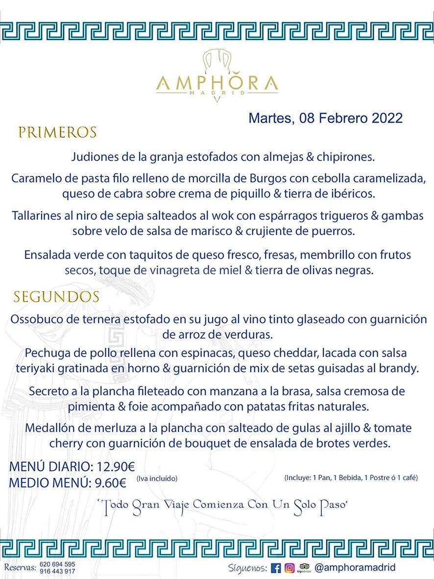 MENÚS DIARIOS MENÚS DEL DÍA MENU DEL DIA DEL MARTES 8 DE FEBRERO DE 2022 ALCORCÓN RESTAURANTE AMPHORA TERRAZA ALCORCÓN MADRID Av. Leganés, 54 28923 · Alcorcón · Madrid · España 91 644 39 17 620 694 595 https://youtu.be/HeULHal1yEY (Vea aquí nuestras instalaciones) https://www.amphoramadrid.com RESTAURANTE AMPHORA TERRAZA ALCORCÓN. MENUS FIN DE SEMANA ALCORCÓN, MENÚS DIARIOS ECONÓMICOS EN ALCORCÓN, MEJORES RESTAURANTES EN ALCORCÓN, TERRAZAS ALCORCON, COMER Y CENAR EN TERRAZA EN ALCORCÓN, RESTAURANTES CON TERRAZA, MEJORES TERRAZAS ALCORCÓN, COMER EN ALCORCON, RESTAURANTES GOURMET ALCORCÓN, MENUS FIN DE SEMANA ECONOMICOS ALCORCON, COMER AL AIRE LIBRE, MENUS ECONOMICOS ALCORCON, UNO DE LOS MEJORES RESTAURANTES DE ALCORCÓN Y ZONA SUR DE MADRID EN CALIDAD PRECIO. RESTAURANTE AMPHORA TERRAZA, ES UN ESPACIO GOURMET DONDE PODRÁ DEGUSTAR DEL MEJOR PRODUCTO CON UNA ELABORACIÓN CUIDADA Y CREATIVA. ADEMÁS, PODRÁ DISFRUTAR DE TODO TIPO DE BEBIDAS PREMIUM PREPARADAS POR NUESTRO BARTENDER, VERMUTS DELICIOSOS Y CERVEZAS DE CALIDAD, YA SEA EN EN EL INTERIOR DE NUESTRO RESTAURANTE O EN NUESTRA MARAVILLOSA TERRAZA. SOMOS POSIBLEMENTE UNO DE LOS MEJORES RESTAURANTES DE LA ZONA SUR EN RELACIÓN CALIDAD, PRECIO Y DECORACIÓN. #AMPHORAMADRID #TERRAZASALCORCÓN #MENUDELDIA #COMERENTERRAZA #MADRID #ALCORCÓN #TERRAZA #MENÚSDELDÍAALCORCÓN #MENÚDELDÍARESTAURANTES #COMERENALCORCÓN #MEJORESRESTAURANTESALCORCÓN #MENÚSECONÓMICOS #RESTAURANTESRECOMENDABLES #RESTAURANTESGOURMET #MENÚSECONÓMICOSALCORCÓN #COMERALAIRELIBRE #COMIDASCENASTERRAZASALCORCON #MENÚSDIARIOSALCORCÓN #MENÚDELDÍAHOY #CENARENTERRAZA #TERRAZASCONENCANTO #RESTAURANTESCONTERRAZA #CENARENALCORCÓN #MEJORESRESTAURANTES #RESTAURANTESCOPASALCORCÓN #COPASPREMIUMALCORCÓN #VERMUTALCORCÓN #GASTROBARALCORCÓN #CARNEBUEYALCORCONPARRILLABRASA #MENUECONÓMICO #GASTROBAR #MEJORTERRAZADEALCORCÓN #MENÚSVIERNESALCORCÓN #MENÚSABADOALCORCÓN #MENÚSDOMINGOALCORCÓN #MENÚSLUNESALCORCÓN #MENÚSMARTESALCORCÓN #MENÚSMIÉRCOLESALCORCÓN #MENÚSJUEVESALCORCÓN MEJOR CARNE A LA PARRILLA ALCORCÓN TOMAHAWK CARNE BUEY AUTÉNTICO ALCORCÓN RESTAURANTES PREMIUN LUJO COMIDA CREATIVA ELABORADA RESTAURANTE AMPHORA TERRAZA EN ALCORCÓN (MADRID) GASTROBAR ALCORCÓN MENÚS ECONÓMICOS DIARIOS DEL DÍA MENUS FIN DE SEMANA DE CALIDAD MEJOR MENÚ FIN DE SEMANA ALCORCÓN COMER CENAR EN TERRAZA TERRAZAS ZONA SUR COMIDAS AIRE LIBRE MEJOR CARNE PARRILLA ALCORCÓN.