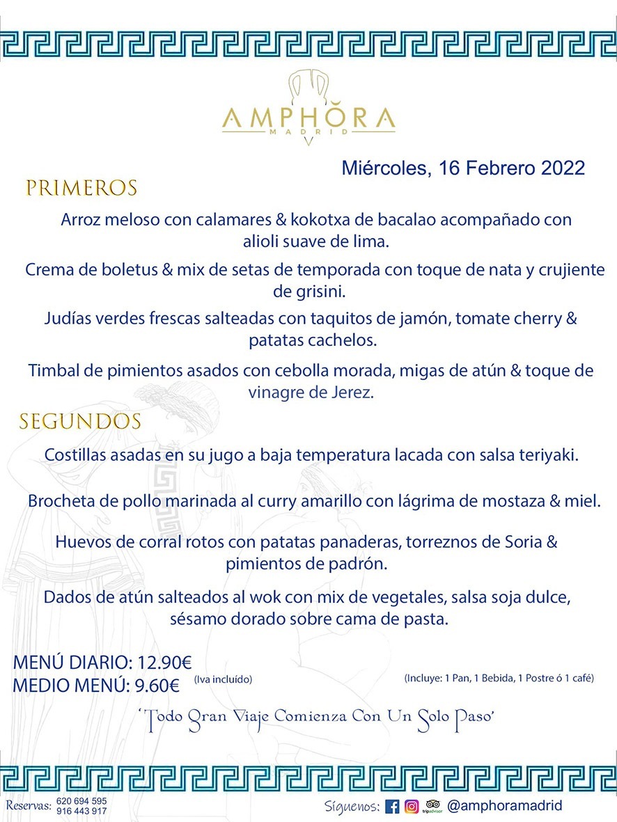 MENÚS DIARIOS MENÚS DEL DÍA MENU DEL DIA DEL MIÉRCOLES 16 DE FEBRERO DE 2022 ALCORCÓN RESTAURANTE AMPHORA TERRAZA ALCORCÓN MADRID Av. Leganés, 54 28923 · Alcorcón · Madrid · España 91 644 39 17 620 694 595 https://youtu.be/HeULHal1yEY (Vea aquí nuestras instalaciones) https://www.amphoramadrid.com RESTAURANTE AMPHORA TERRAZA ALCORCÓN. MENUS FIN DE SEMANA ALCORCÓN, MENÚS DIARIOS ECONÓMICOS EN ALCORCÓN, MEJORES RESTAURANTES EN ALCORCÓN, TERRAZAS ALCORCON, COMER Y CENAR EN TERRAZA EN ALCORCÓN, RESTAURANTES CON TERRAZA, MEJORES TERRAZAS ALCORCÓN, COMER EN ALCORCON, RESTAURANTES GOURMET ALCORCÓN, MENUS FIN DE SEMANA ECONOMICOS ALCORCON, COMER AL AIRE LIBRE, MENUS ECONOMICOS ALCORCON, UNO DE LOS MEJORES RESTAURANTES DE ALCORCÓN Y ZONA SUR DE MADRID EN CALIDAD PRECIO. RESTAURANTE AMPHORA TERRAZA, ES UN ESPACIO GOURMET DONDE PODRÁ DEGUSTAR DEL MEJOR PRODUCTO CON UNA ELABORACIÓN CUIDADA Y CREATIVA. ADEMÁS, PODRÁ DISFRUTAR DE TODO TIPO DE BEBIDAS PREMIUM PREPARADAS POR NUESTRO BARTENDER, VERMUTS DELICIOSOS Y CERVEZAS DE CALIDAD, YA SEA EN EN EL INTERIOR DE NUESTRO RESTAURANTE O EN NUESTRA MARAVILLOSA TERRAZA. SOMOS POSIBLEMENTE UNO DE LOS MEJORES RESTAURANTES DE LA ZONA SUR EN RELACIÓN CALIDAD, PRECIO Y DECORACIÓN. #AMPHORAMADRID #TERRAZASALCORCÓN #MENUDELDIA #COMERENTERRAZA #MADRID #ALCORCÓN #TERRAZA #MENÚSDELDÍAALCORCÓN #MENÚDELDÍARESTAURANTES #COMERENALCORCÓN #MEJORESRESTAURANTESALCORCÓN #MENÚSECONÓMICOS #RESTAURANTESRECOMENDABLES #RESTAURANTESGOURMET #MENÚSECONÓMICOSALCORCÓN #COMERALAIRELIBRE #COMIDASCENASTERRAZASALCORCON #MENÚSDIARIOSALCORCÓN #MENÚDELDÍAHOY #CENARENTERRAZA #TERRAZASCONENCANTO #RESTAURANTESCONTERRAZA #CENARENALCORCÓN #MEJORESRESTAURANTES #RESTAURANTESCOPASALCORCÓN #COPASPREMIUMALCORCÓN #VERMUTALCORCÓN #GASTROBARALCORCÓN #CARNEBUEYALCORCONPARRILLABRASA #MENUECONÓMICO #GASTROBAR #MEJORTERRAZADEALCORCÓN #MENÚSVIERNESALCORCÓN #MENÚSABADOALCORCÓN #MENÚSDOMINGOALCORCÓN #MENÚSLUNESALCORCÓN #MENÚSMARTESALCORCÓN #MENÚSMIÉRCOLESALCORCÓN #MENÚSJUEVESALCORCÓN MEJOR CARNE A LA PARRILLA ALCORCÓN TOMAHAWK CARNE BUEY AUTÉNTICO ALCORCÓN RESTAURANTES PREMIUN LUJO COMIDA CREATIVA ELABORADA RESTAURANTE AMPHORA TERRAZA EN ALCORCÓN (MADRID) GASTROBAR ALCORCÓN MENÚS ECONÓMICOS DIARIOS DEL DÍA MENUS FIN DE SEMANA DE CALIDAD MEJOR MENÚ FIN DE SEMANA ALCORCÓN COMER CENAR EN TERRAZA TERRAZAS ZONA SUR COMIDAS AIRE LIBRE MEJOR CARNE PARRILLA ALCORCÓN.