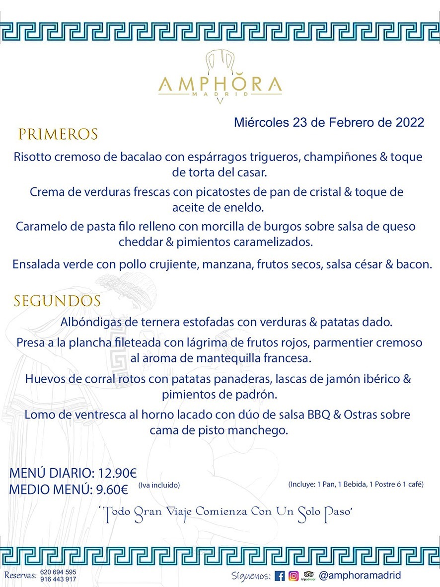 MENÚS DIARIOS MENÚS DEL DÍA MENU DEL DIA DEL MIÉRCOLES 23 DE FEBRERO DE 2022 ALCORCÓN RESTAURANTE AMPHORA TERRAZA ALCORCÓN MADRID Av. Leganés, 54 28923 · Alcorcón · Madrid · España 91 644 39 17 620 694 595 https://youtu.be/HeULHal1yEY (Vea aquí nuestras instalaciones) https://www.amphoramadrid.com RESTAURANTE AMPHORA TERRAZA ALCORCÓN. MENUS FIN DE SEMANA ALCORCÓN, MENÚS DIARIOS ECONÓMICOS EN ALCORCÓN, MEJORES RESTAURANTES EN ALCORCÓN, TERRAZAS ALCORCON, COMER Y CENAR EN TERRAZA EN ALCORCÓN, RESTAURANTES CON TERRAZA, MEJORES TERRAZAS ALCORCÓN, COMER EN ALCORCON, RESTAURANTES GOURMET ALCORCÓN, MENUS FIN DE SEMANA ECONOMICOS ALCORCON, COMER AL AIRE LIBRE, MENUS ECONOMICOS ALCORCON, UNO DE LOS MEJORES RESTAURANTES DE ALCORCÓN Y ZONA SUR DE MADRID EN CALIDAD PRECIO. RESTAURANTE AMPHORA TERRAZA, ES UN ESPACIO GOURMET DONDE PODRÁ DEGUSTAR DEL MEJOR PRODUCTO CON UNA ELABORACIÓN CUIDADA Y CREATIVA. ADEMÁS, PODRÁ DISFRUTAR DE TODO TIPO DE BEBIDAS PREMIUM PREPARADAS POR NUESTRO BARTENDER, VERMUTS DELICIOSOS Y CERVEZAS DE CALIDAD, YA SEA EN EN EL INTERIOR DE NUESTRO RESTAURANTE O EN NUESTRA MARAVILLOSA TERRAZA. SOMOS POSIBLEMENTE UNO DE LOS MEJORES RESTAURANTES DE LA ZONA SUR EN RELACIÓN CALIDAD, PRECIO Y DECORACIÓN. #AMPHORAMADRID #TERRAZASALCORCÓN #MENUDELDIA #COMERENTERRAZA #MADRID #ALCORCÓN #TERRAZA #MENÚSDELDÍAALCORCÓN #MENÚDELDÍARESTAURANTES #COMERENALCORCÓN #MEJORESRESTAURANTESALCORCÓN #MENÚSECONÓMICOS #RESTAURANTESRECOMENDABLES #RESTAURANTESGOURMET #MENÚSECONÓMICOSALCORCÓN #COMERALAIRELIBRE #COMIDASCENASTERRAZASALCORCON #MENÚSDIARIOSALCORCÓN #MENÚDELDÍAHOY #CENARENTERRAZA #TERRAZASCONENCANTO #RESTAURANTESCONTERRAZA #CENARENALCORCÓN #MEJORESRESTAURANTES #RESTAURANTESCOPASALCORCÓN #COPASPREMIUMALCORCÓN #VERMUTALCORCÓN #GASTROBARALCORCÓN #CARNEBUEYALCORCONPARRILLABRASA #MENUECONÓMICO #GASTROBAR #MEJORTERRAZADEALCORCÓN #MENÚSVIERNESALCORCÓN #MENÚSABADOALCORCÓN #MENÚSDOMINGOALCORCÓN #MENÚSLUNESALCORCÓN #MENÚSMARTESALCORCÓN #MENÚSMIÉRCOLESALCORCÓN #MENÚSJUEVESALCORCÓN MEJOR CARNE A LA PARRILLA ALCORCÓN TOMAHAWK CARNE BUEY AUTÉNTICO ALCORCÓN RESTAURANTES PREMIUN LUJO COMIDA CREATIVA ELABORADA RESTAURANTE AMPHORA TERRAZA EN ALCORCÓN (MADRID) GASTROBAR ALCORCÓN MENÚS ECONÓMICOS DIARIOS DEL DÍA MENUS FIN DE SEMANA DE CALIDAD MEJOR MENÚ FIN DE SEMANA ALCORCÓN COMER CENAR EN TERRAZA TERRAZAS ZONA SUR COMIDAS AIRE LIBRE MEJOR CARNE PARRILLA ALCORCÓN.