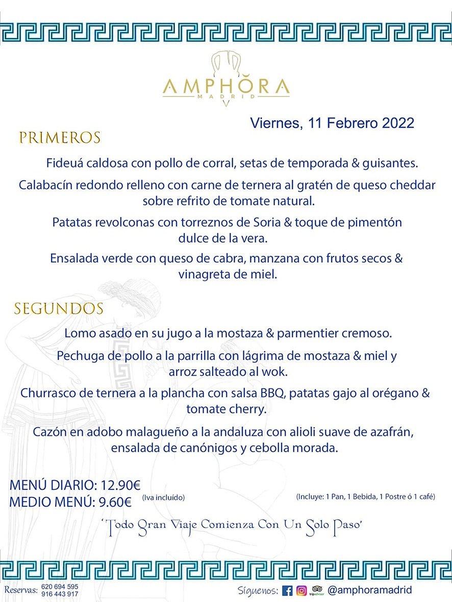 MENÚS DIARIOS MENÚS DEL DÍA MENU DEL DIA DEL VIERNES 11 DE FEBRERO DE 2022 ALCORCÓN RESTAURANTE AMPHORA TERRAZA ALCORCÓN MADRID Av. Leganés, 54 28923 · Alcorcón · Madrid · España 91 644 39 17 620 694 595 https://youtu.be/HeULHal1yEY (Vea aquí nuestras instalaciones) https://www.amphoramadrid.com RESTAURANTE AMPHORA TERRAZA ALCORCÓN. MENUS FIN DE SEMANA ALCORCÓN, MENÚS DIARIOS ECONÓMICOS EN ALCORCÓN, MEJORES RESTAURANTES EN ALCORCÓN, TERRAZAS ALCORCON, COMER Y CENAR EN TERRAZA EN ALCORCÓN, RESTAURANTES CON TERRAZA, MEJORES TERRAZAS ALCORCÓN, COMER EN ALCORCON, RESTAURANTES GOURMET ALCORCÓN, MENUS FIN DE SEMANA ECONOMICOS ALCORCON, COMER AL AIRE LIBRE, MENUS ECONOMICOS ALCORCON, UNO DE LOS MEJORES RESTAURANTES DE ALCORCÓN Y ZONA SUR DE MADRID EN CALIDAD PRECIO. RESTAURANTE AMPHORA TERRAZA, ES UN ESPACIO GOURMET DONDE PODRÁ DEGUSTAR DEL MEJOR PRODUCTO CON UNA ELABORACIÓN CUIDADA Y CREATIVA. ADEMÁS, PODRÁ DISFRUTAR DE TODO TIPO DE BEBIDAS PREMIUM PREPARADAS POR NUESTRO BARTENDER, VERMUTS DELICIOSOS Y CERVEZAS DE CALIDAD, YA SEA EN EN EL INTERIOR DE NUESTRO RESTAURANTE O EN NUESTRA MARAVILLOSA TERRAZA. SOMOS POSIBLEMENTE UNO DE LOS MEJORES RESTAURANTES DE LA ZONA SUR EN RELACIÓN CALIDAD, PRECIO Y DECORACIÓN. #AMPHORAMADRID #TERRAZASALCORCÓN #MENUDELDIA #COMERENTERRAZA #MADRID #ALCORCÓN #TERRAZA #MENÚSDELDÍAALCORCÓN #MENÚDELDÍARESTAURANTES #COMERENALCORCÓN #MEJORESRESTAURANTESALCORCÓN #MENÚSECONÓMICOS #RESTAURANTESRECOMENDABLES #RESTAURANTESGOURMET #MENÚSECONÓMICOSALCORCÓN #COMERALAIRELIBRE #COMIDASCENASTERRAZASALCORCON #MENÚSDIARIOSALCORCÓN #MENÚDELDÍAHOY #CENARENTERRAZA #TERRAZASCONENCANTO #RESTAURANTESCONTERRAZA #CENARENALCORCÓN #MEJORESRESTAURANTES #RESTAURANTESCOPASALCORCÓN #COPASPREMIUMALCORCÓN #VERMUTALCORCÓN #GASTROBARALCORCÓN #CARNEBUEYALCORCONPARRILLABRASA #MENUECONÓMICO #GASTROBAR #MEJORTERRAZADEALCORCÓN #MENÚSVIERNESALCORCÓN #MENÚSABADOALCORCÓN #MENÚSDOMINGOALCORCÓN #MENÚSLUNESALCORCÓN #MENÚSMARTESALCORCÓN #MENÚSMIÉRCOLESALCORCÓN #MENÚSJUEVESALCORCÓN MEJOR CARNE A LA PARRILLA ALCORCÓN TOMAHAWK CARNE BUEY AUTÉNTICO ALCORCÓN RESTAURANTES PREMIUN LUJO COMIDA CREATIVA ELABORADA RESTAURANTE AMPHORA TERRAZA EN ALCORCÓN (MADRID) GASTROBAR ALCORCÓN MENÚS ECONÓMICOS DIARIOS DEL DÍA MENUS FIN DE SEMANA DE CALIDAD MEJOR MENÚ FIN DE SEMANA ALCORCÓN COMER CENAR EN TERRAZA TERRAZAS ZONA SUR COMIDAS AIRE LIBRE MEJOR CARNE PARRILLA ALCORCÓN.