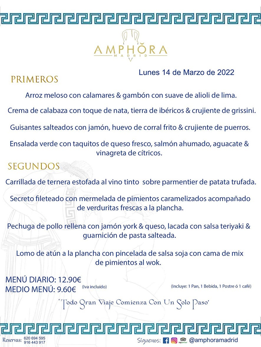 MENÚS DIARIOS MENÚS DEL DÍA MENU DEL DIA DEL LUNES 14 DE MARZO DE 2022 ALCORCÓN RESTAURANTE AMPHORA TERRAZA ALCORCÓN MADRID Av. Leganés, 54 28923 · Alcorcón · Madrid · España 91 644 39 17 620 694 595 https://youtu.be/HeULHal1yEY (Vea aquí nuestras instalaciones) https://www.amphoramadrid.com RESTAURANTE AMPHORA TERRAZA ALCORCÓN. MENUS FIN DE SEMANA ALCORCÓN, MENÚS DIARIOS ECONÓMICOS EN ALCORCÓN, MEJORES RESTAURANTES EN ALCORCÓN, TERRAZAS ALCORCON, COMER Y CENAR EN TERRAZA EN ALCORCÓN, RESTAURANTES CON TERRAZA, MEJORES TERRAZAS ALCORCÓN, COMER EN ALCORCON, RESTAURANTES GOURMET ALCORCÓN, MENUS FIN DE SEMANA ECONOMICOS ALCORCON, COMER AL AIRE LIBRE, MENUS ECONOMICOS ALCORCON, UNO DE LOS MEJORES RESTAURANTES DE ALCORCÓN Y ZONA SUR DE MADRID EN CALIDAD PRECIO. RESTAURANTE AMPHORA TERRAZA, ES UN ESPACIO GOURMET DONDE PODRÁ DEGUSTAR DEL MEJOR PRODUCTO CON UNA ELABORACIÓN CUIDADA Y CREATIVA. ADEMÁS, PODRÁ DISFRUTAR DE TODO TIPO DE BEBIDAS PREMIUM PREPARADAS POR NUESTRO BARTENDER, VERMUTS DELICIOSOS Y CERVEZAS DE CALIDAD, YA SEA EN EN EL INTERIOR DE NUESTRO RESTAURANTE O EN NUESTRA MARAVILLOSA TERRAZA. SOMOS POSIBLEMENTE UNO DE LOS MEJORES RESTAURANTES DE LA ZONA SUR EN RELACIÓN CALIDAD, PRECIO Y DECORACIÓN. #AMPHORAMADRID #TERRAZASALCORCÓN #MENUDELDIA #COMERENTERRAZA #MADRID #ALCORCÓN #TERRAZA #MENÚSDELDÍAALCORCÓN #MENÚDELDÍARESTAURANTES #COMERENALCORCÓN #MEJORESRESTAURANTESALCORCÓN #MENÚSECONÓMICOS #RESTAURANTESRECOMENDABLES #RESTAURANTESGOURMET #MENÚSECONÓMICOSALCORCÓN #COMERALAIRELIBRE #COMIDASCENASTERRAZASALCORCON #MENÚSDIARIOSALCORCÓN #MENÚDELDÍAHOY #CENARENTERRAZA #TERRAZASCONENCANTO #RESTAURANTESCONTERRAZA #CENARENALCORCÓN #MEJORESRESTAURANTES #RESTAURANTESCOPASALCORCÓN #COPASPREMIUMALCORCÓN #VERMUTALCORCÓN #GASTROBARALCORCÓN #CARNEBUEYALCORCONPARRILLABRASA #MENUECONÓMICO #GASTROBAR #MEJORTERRAZADEALCORCÓN #MENÚSVIERNESALCORCÓN #MENÚSABADOALCORCÓN #MENÚSDOMINGOALCORCÓN #MENÚSLUNESALCORCÓN #MENÚSMARTESALCORCÓN #MENÚSMIÉRCOLESALCORCÓN #MENÚSJUEVESALCORCÓN MEJOR CARNE A LA PARRILLA ALCORCÓN TOMAHAWK CARNE BUEY AUTÉNTICO ALCORCÓN RESTAURANTES PREMIUN LUJO COMIDA CREATIVA ELABORADA RESTAURANTE AMPHORA TERRAZA EN ALCORCÓN (MADRID) GASTROBAR ALCORCÓN MENÚS ECONÓMICOS DIARIOS DEL DÍA MENUS FIN DE SEMANA DE CALIDAD MEJOR MENÚ FIN DE SEMANA ALCORCÓN COMER CENAR EN TERRAZA TERRAZAS ZONA SUR COMIDAS AIRE LIBRE MEJOR CARNE PARRILLA ALCORCÓN.