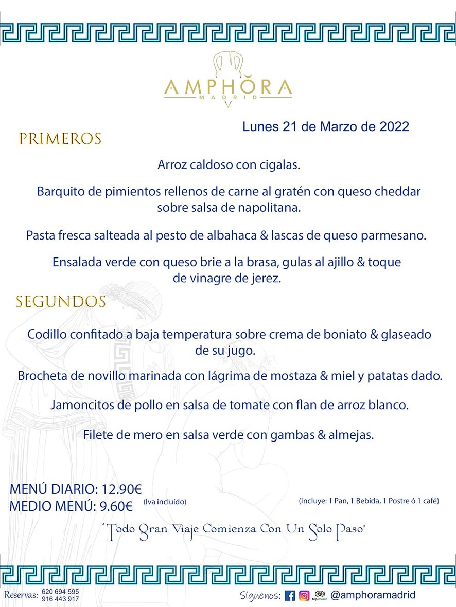 MENÚS DIARIOS MENÚS DEL DÍA MENU DEL DIA DEL LUNES 21 DE MARZO DE 2022 ALCORCÓN RESTAURANTE AMPHORA TERRAZA ALCORCÓN MADRID Av. Leganés, 54 28923 · Alcorcón · Madrid · España 91 644 39 17 620 694 595 https://youtu.be/HeULHal1yEY (Vea aquí nuestras instalaciones) https://www.amphoramadrid.com RESTAURANTE AMPHORA TERRAZA ALCORCÓN. MENUS FIN DE SEMANA ALCORCÓN, MENÚS DIARIOS ECONÓMICOS EN ALCORCÓN, MEJORES RESTAURANTES EN ALCORCÓN, TERRAZAS ALCORCON, COMER Y CENAR EN TERRAZA EN ALCORCÓN, RESTAURANTES CON TERRAZA, MEJORES TERRAZAS ALCORCÓN, COMER EN ALCORCON, RESTAURANTES GOURMET ALCORCÓN, MENUS FIN DE SEMANA ECONOMICOS ALCORCON, COMER AL AIRE LIBRE, MENUS ECONOMICOS ALCORCON, UNO DE LOS MEJORES RESTAURANTES DE ALCORCÓN Y ZONA SUR DE MADRID EN CALIDAD PRECIO. RESTAURANTE AMPHORA TERRAZA, ES UN ESPACIO GOURMET DONDE PODRÁ DEGUSTAR DEL MEJOR PRODUCTO CON UNA ELABORACIÓN CUIDADA Y CREATIVA. ADEMÁS, PODRÁ DISFRUTAR DE TODO TIPO DE BEBIDAS PREMIUM PREPARADAS POR NUESTRO BARTENDER, VERMUTS DELICIOSOS Y CERVEZAS DE CALIDAD, YA SEA EN EN EL INTERIOR DE NUESTRO RESTAURANTE O EN NUESTRA MARAVILLOSA TERRAZA. SOMOS POSIBLEMENTE UNO DE LOS MEJORES RESTAURANTES DE LA ZONA SUR EN RELACIÓN CALIDAD, PRECIO Y DECORACIÓN. #AMPHORAMADRID #TERRAZASALCORCÓN #MENUDELDIA #COMERENTERRAZA #MADRID #ALCORCÓN #TERRAZA #MENÚSDELDÍAALCORCÓN #MENÚDELDÍARESTAURANTES #COMERENALCORCÓN #MEJORESRESTAURANTESALCORCÓN #MENÚSECONÓMICOS #RESTAURANTESRECOMENDABLES #RESTAURANTESGOURMET #MENÚSECONÓMICOSALCORCÓN #COMERALAIRELIBRE #COMIDASCENASTERRAZASALCORCON #MENÚSDIARIOSALCORCÓN #MENÚDELDÍAHOY #CENARENTERRAZA #TERRAZASCONENCANTO #RESTAURANTESCONTERRAZA #CENARENALCORCÓN #MEJORESRESTAURANTES #RESTAURANTESCOPASALCORCÓN #COPASPREMIUMALCORCÓN #VERMUTALCORCÓN #GASTROBARALCORCÓN #CARNEBUEYALCORCONPARRILLABRASA #MENUECONÓMICO #GASTROBAR #MEJORTERRAZADEALCORCÓN #MENÚSVIERNESALCORCÓN #MENÚSABADOALCORCÓN #MENÚSDOMINGOALCORCÓN #MENÚSLUNESALCORCÓN #MENÚSMARTESALCORCÓN #MENÚSMIÉRCOLESALCORCÓN #MENÚSJUEVESALCORCÓN MEJOR CARNE A LA PARRILLA ALCORCÓN TOMAHAWK CARNE BUEY AUTÉNTICO ALCORCÓN RESTAURANTES PREMIUN LUJO COMIDA CREATIVA ELABORADA RESTAURANTE AMPHORA TERRAZA EN ALCORCÓN (MADRID) GASTROBAR ALCORCÓN MENÚS ECONÓMICOS DIARIOS DEL DÍA MENUS FIN DE SEMANA DE CALIDAD MEJOR MENÚ FIN DE SEMANA ALCORCÓN COMER CENAR EN TERRAZA TERRAZAS ZONA SUR COMIDAS AIRE LIBRE MEJOR CARNE PARRILLA ALCORCÓN.