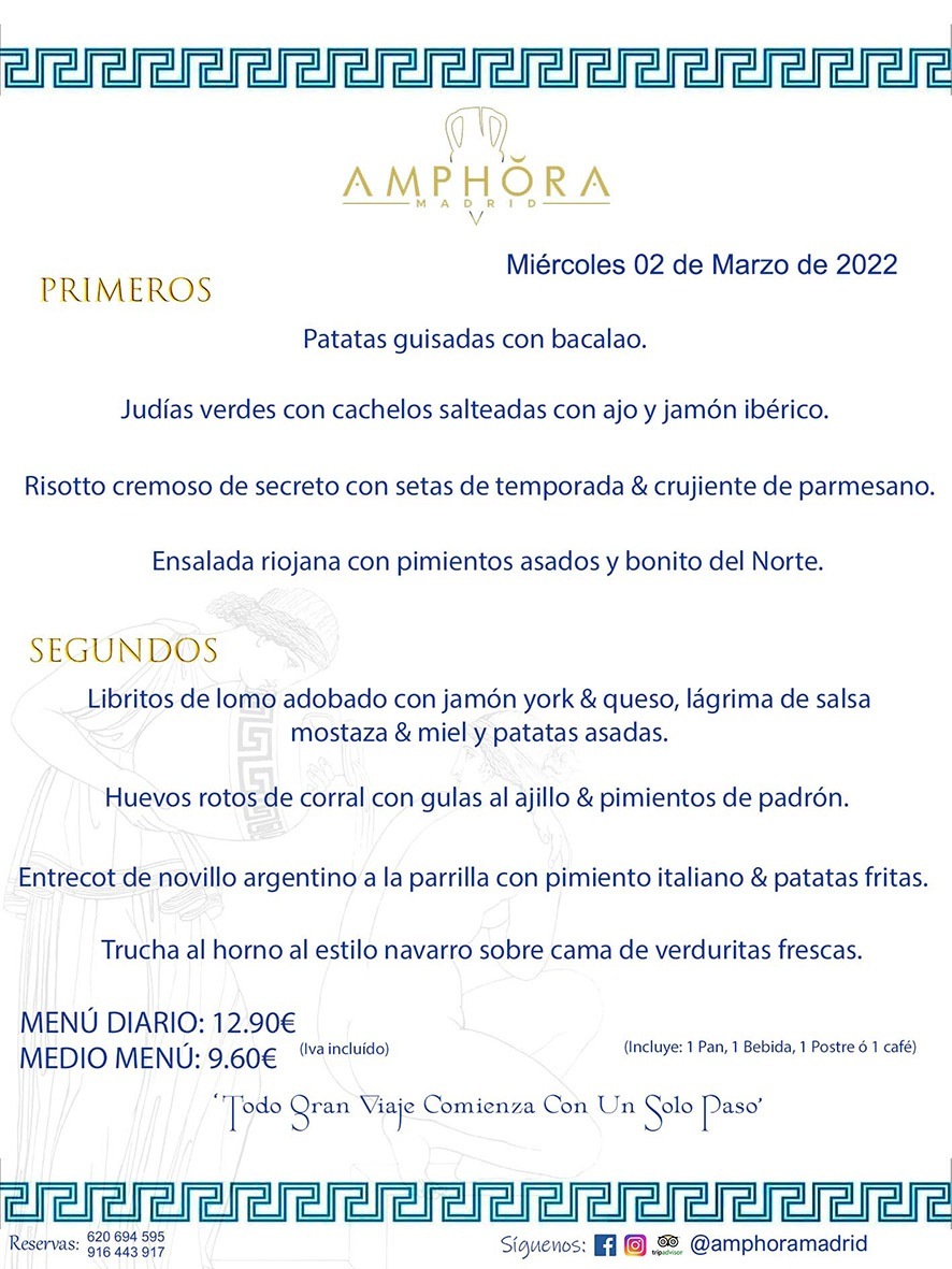 MENÚS DIARIOS MENÚS DEL DÍA MENU DEL DIA DEL MIÉRCOLES 2 DE MARZO DE 2022 ALCORCÓN RESTAURANTE AMPHORA TERRAZA ALCORCÓN MADRID Av. Leganés, 54 28923 · Alcorcón · Madrid · España 91 644 39 17 620 694 595 https://youtu.be/HeULHal1yEY (Vea aquí nuestras instalaciones) https://www.amphoramadrid.com RESTAURANTE AMPHORA TERRAZA ALCORCÓN. MENUS FIN DE SEMANA ALCORCÓN, MENÚS DIARIOS ECONÓMICOS EN ALCORCÓN, MEJORES RESTAURANTES EN ALCORCÓN, TERRAZAS ALCORCON, COMER Y CENAR EN TERRAZA EN ALCORCÓN, RESTAURANTES CON TERRAZA, MEJORES TERRAZAS ALCORCÓN, COMER EN ALCORCON, RESTAURANTES GOURMET ALCORCÓN, MENUS FIN DE SEMANA ECONOMICOS ALCORCON, COMER AL AIRE LIBRE, MENUS ECONOMICOS ALCORCON, UNO DE LOS MEJORES RESTAURANTES DE ALCORCÓN Y ZONA SUR DE MADRID EN CALIDAD PRECIO. RESTAURANTE AMPHORA TERRAZA, ES UN ESPACIO GOURMET DONDE PODRÁ DEGUSTAR DEL MEJOR PRODUCTO CON UNA ELABORACIÓN CUIDADA Y CREATIVA. ADEMÁS, PODRÁ DISFRUTAR DE TODO TIPO DE BEBIDAS PREMIUM PREPARADAS POR NUESTRO BARTENDER, VERMUTS DELICIOSOS Y CERVEZAS DE CALIDAD, YA SEA EN EN EL INTERIOR DE NUESTRO RESTAURANTE O EN NUESTRA MARAVILLOSA TERRAZA. SOMOS POSIBLEMENTE UNO DE LOS MEJORES RESTAURANTES DE LA ZONA SUR EN RELACIÓN CALIDAD, PRECIO Y DECORACIÓN. #AMPHORAMADRID #TERRAZASALCORCÓN #MENUDELDIA #COMERENTERRAZA #MADRID #ALCORCÓN #TERRAZA #MENÚSDELDÍAALCORCÓN #MENÚDELDÍARESTAURANTES #COMERENALCORCÓN #MEJORESRESTAURANTESALCORCÓN #MENÚSECONÓMICOS #RESTAURANTESRECOMENDABLES #RESTAURANTESGOURMET #MENÚSECONÓMICOSALCORCÓN #COMERALAIRELIBRE #COMIDASCENASTERRAZASALCORCON #MENÚSDIARIOSALCORCÓN #MENÚDELDÍAHOY #CENARENTERRAZA #TERRAZASCONENCANTO #RESTAURANTESCONTERRAZA #CENARENALCORCÓN #MEJORESRESTAURANTES #RESTAURANTESCOPASALCORCÓN #COPASPREMIUMALCORCÓN #VERMUTALCORCÓN #GASTROBARALCORCÓN #CARNEBUEYALCORCONPARRILLABRASA #MENUECONÓMICO #GASTROBAR #MEJORTERRAZADEALCORCÓN #MENÚSVIERNESALCORCÓN #MENÚSABADOALCORCÓN #MENÚSDOMINGOALCORCÓN #MENÚSLUNESALCORCÓN #MENÚSMARTESALCORCÓN #MENÚSMIÉRCOLESALCORCÓN #MENÚSJUEVESALCORCÓN MEJOR CARNE A LA PARRILLA ALCORCÓN TOMAHAWK CARNE BUEY AUTÉNTICO ALCORCÓN RESTAURANTES PREMIUN LUJO COMIDA CREATIVA ELABORADA RESTAURANTE AMPHORA TERRAZA EN ALCORCÓN (MADRID) GASTROBAR ALCORCÓN MENÚS ECONÓMICOS DIARIOS DEL DÍA MENUS FIN DE SEMANA DE CALIDAD MEJOR MENÚ FIN DE SEMANA ALCORCÓN COMER CENAR EN TERRAZA TERRAZAS ZONA SUR COMIDAS AIRE LIBRE MEJOR CARNE PARRILLA ALCORCÓN.