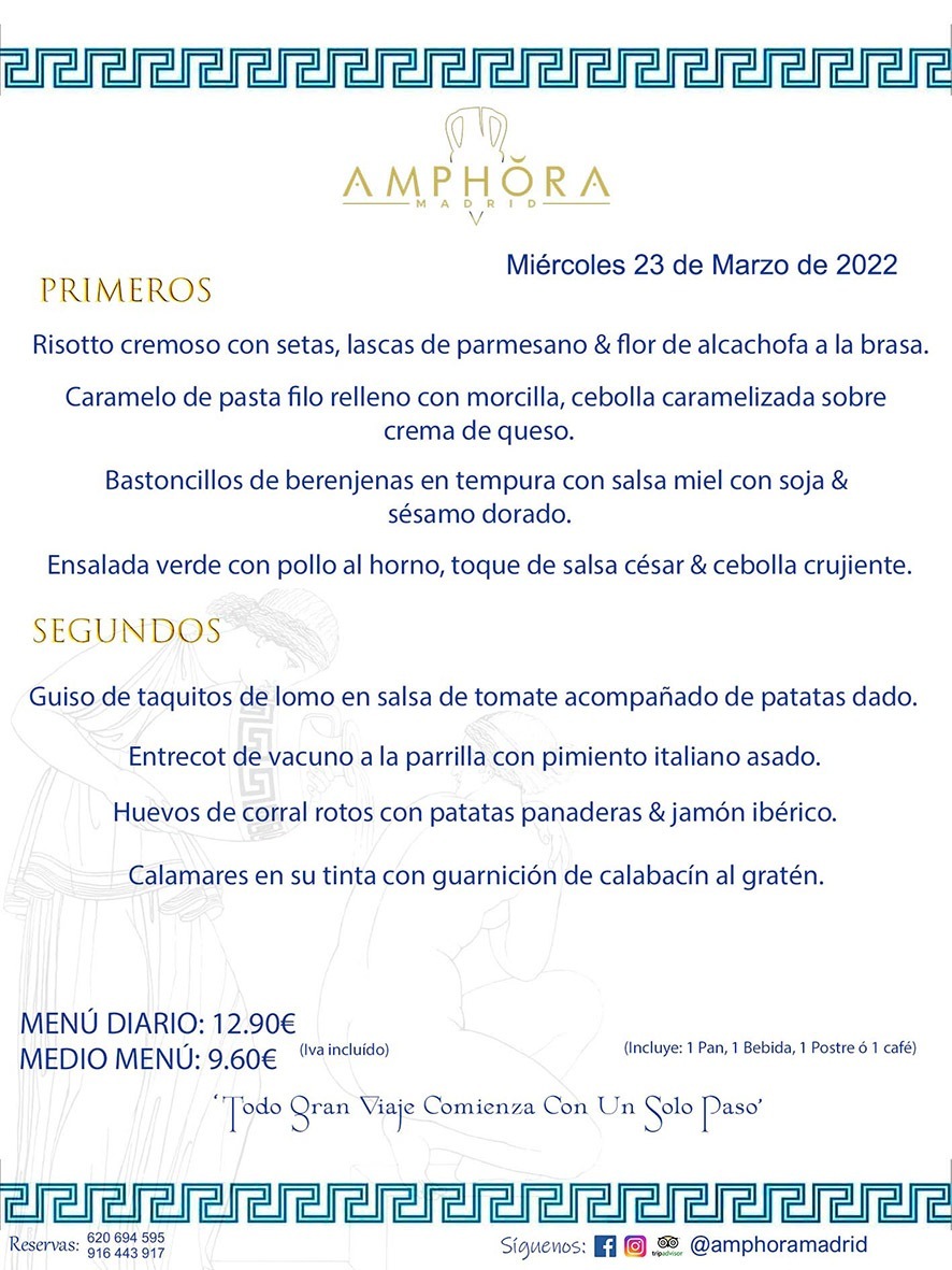 MENÚS DIARIOS MENÚS DEL DÍA MENU DEL DIA DEL MIÉRCOLES 23 DE MARZO DE 2022 ALCORCÓN RESTAURANTE AMPHORA TERRAZA ALCORCÓN MADRID Av. Leganés, 54 28923 · Alcorcón · Madrid · España 91 644 39 17 620 694 595 https://youtu.be/HeULHal1yEY (Vea aquí nuestras instalaciones) https://www.amphoramadrid.com RESTAURANTE AMPHORA TERRAZA ALCORCÓN. MENUS FIN DE SEMANA ALCORCÓN, MENÚS DIARIOS ECONÓMICOS EN ALCORCÓN, MEJORES RESTAURANTES EN ALCORCÓN, TERRAZAS ALCORCON, COMER Y CENAR EN TERRAZA EN ALCORCÓN, RESTAURANTES CON TERRAZA, MEJORES TERRAZAS ALCORCÓN, COMER EN ALCORCON, RESTAURANTES GOURMET ALCORCÓN, MENUS FIN DE SEMANA ECONOMICOS ALCORCON, COMER AL AIRE LIBRE, MENUS ECONOMICOS ALCORCON, UNO DE LOS MEJORES RESTAURANTES DE ALCORCÓN Y ZONA SUR DE MADRID EN CALIDAD PRECIO. RESTAURANTE AMPHORA TERRAZA, ES UN ESPACIO GOURMET DONDE PODRÁ DEGUSTAR DEL MEJOR PRODUCTO CON UNA ELABORACIÓN CUIDADA Y CREATIVA. ADEMÁS, PODRÁ DISFRUTAR DE TODO TIPO DE BEBIDAS PREMIUM PREPARADAS POR NUESTRO BARTENDER, VERMUTS DELICIOSOS Y CERVEZAS DE CALIDAD, YA SEA EN EN EL INTERIOR DE NUESTRO RESTAURANTE O EN NUESTRA MARAVILLOSA TERRAZA. SOMOS POSIBLEMENTE UNO DE LOS MEJORES RESTAURANTES DE LA ZONA SUR EN RELACIÓN CALIDAD, PRECIO Y DECORACIÓN. #AMPHORAMADRID #TERRAZASALCORCÓN #MENUDELDIA #COMERENTERRAZA #MADRID #ALCORCÓN #TERRAZA #MENÚSDELDÍAALCORCÓN #MENÚDELDÍARESTAURANTES #COMERENALCORCÓN #MEJORESRESTAURANTESALCORCÓN #MENÚSECONÓMICOS #RESTAURANTESRECOMENDABLES #RESTAURANTESGOURMET #MENÚSECONÓMICOSALCORCÓN #COMERALAIRELIBRE #COMIDASCENASTERRAZASALCORCON #MENÚSDIARIOSALCORCÓN #MENÚDELDÍAHOY #CENARENTERRAZA #TERRAZASCONENCANTO #RESTAURANTESCONTERRAZA #CENARENALCORCÓN #MEJORESRESTAURANTES #RESTAURANTESCOPASALCORCÓN #COPASPREMIUMALCORCÓN #VERMUTALCORCÓN #GASTROBARALCORCÓN #CARNEBUEYALCORCONPARRILLABRASA #MENUECONÓMICO #GASTROBAR #MEJORTERRAZADEALCORCÓN #MENÚSVIERNESALCORCÓN #MENÚSABADOALCORCÓN #MENÚSDOMINGOALCORCÓN #MENÚSLUNESALCORCÓN #MENÚSMARTESALCORCÓN #MENÚSMIÉRCOLESALCORCÓN #MENÚSJUEVESALCORCÓN MEJOR CARNE A LA PARRILLA ALCORCÓN TOMAHAWK CARNE BUEY AUTÉNTICO ALCORCÓN RESTAURANTES PREMIUN LUJO COMIDA CREATIVA ELABORADA RESTAURANTE AMPHORA TERRAZA EN ALCORCÓN (MADRID) GASTROBAR ALCORCÓN MENÚS ECONÓMICOS DIARIOS DEL DÍA MENUS FIN DE SEMANA DE CALIDAD MEJOR MENÚ FIN DE SEMANA ALCORCÓN COMER CENAR EN TERRAZA TERRAZAS ZONA SUR COMIDAS AIRE LIBRE MEJOR CARNE PARRILLA ALCORCÓN.