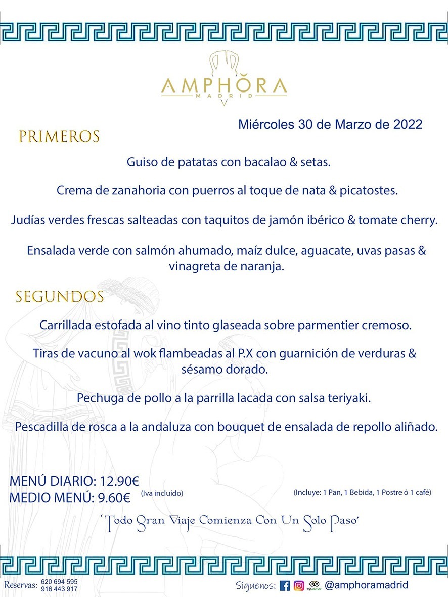 MENÚS DIARIOS MENÚS DEL DÍA MENU DEL DIA DEL MIÉRCOLES 30 DE MARZO DE 2022 ALCORCÓN RESTAURANTE AMPHORA TERRAZA ALCORCÓN MADRID Av. Leganés, 54 28923 · Alcorcón · Madrid · España 91 644 39 17 620 694 595 https://youtu.be/HeULHal1yEY (Vea aquí nuestras instalaciones) https://www.amphoramadrid.com RESTAURANTE AMPHORA TERRAZA ALCORCÓN. MENUS FIN DE SEMANA ALCORCÓN, MENÚS DIARIOS ECONÓMICOS EN ALCORCÓN, MEJORES RESTAURANTES EN ALCORCÓN, TERRAZAS ALCORCON, COMER Y CENAR EN TERRAZA EN ALCORCÓN, RESTAURANTES CON TERRAZA, MEJORES TERRAZAS ALCORCÓN, COMER EN ALCORCON, RESTAURANTES GOURMET ALCORCÓN, MENUS FIN DE SEMANA ECONOMICOS ALCORCON, COMER AL AIRE LIBRE, MENUS ECONOMICOS ALCORCON, UNO DE LOS MEJORES RESTAURANTES DE ALCORCÓN Y ZONA SUR DE MADRID EN CALIDAD PRECIO. RESTAURANTE AMPHORA TERRAZA, ES UN ESPACIO GOURMET DONDE PODRÁ DEGUSTAR DEL MEJOR PRODUCTO CON UNA ELABORACIÓN CUIDADA Y CREATIVA. ADEMÁS, PODRÁ DISFRUTAR DE TODO TIPO DE BEBIDAS PREMIUM PREPARADAS POR NUESTRO BARTENDER, VERMUTS DELICIOSOS Y CERVEZAS DE CALIDAD, YA SEA EN EN EL INTERIOR DE NUESTRO RESTAURANTE O EN NUESTRA MARAVILLOSA TERRAZA. SOMOS POSIBLEMENTE UNO DE LOS MEJORES RESTAURANTES DE LA ZONA SUR EN RELACIÓN CALIDAD, PRECIO Y DECORACIÓN. #AMPHORAMADRID #TERRAZASALCORCÓN #MENUDELDIA #COMERENTERRAZA #MADRID #ALCORCÓN #TERRAZA #MENÚSDELDÍAALCORCÓN #MENÚDELDÍARESTAURANTES #COMERENALCORCÓN #MEJORESRESTAURANTESALCORCÓN #MENÚSECONÓMICOS #RESTAURANTESRECOMENDABLES #RESTAURANTESGOURMET #MENÚSECONÓMICOSALCORCÓN #COMERALAIRELIBRE #COMIDASCENASTERRAZASALCORCON #MENÚSDIARIOSALCORCÓN #MENÚDELDÍAHOY #CENARENTERRAZA #TERRAZASCONENCANTO #RESTAURANTESCONTERRAZA #CENARENALCORCÓN #MEJORESRESTAURANTES #RESTAURANTESCOPASALCORCÓN #COPASPREMIUMALCORCÓN #VERMUTALCORCÓN #GASTROBARALCORCÓN #CARNEBUEYALCORCONPARRILLABRASA #MENUECONÓMICO #GASTROBAR #MEJORTERRAZADEALCORCÓN #MENÚSVIERNESALCORCÓN #MENÚSABADOALCORCÓN #MENÚSDOMINGOALCORCÓN #MENÚSLUNESALCORCÓN #MENÚSMARTESALCORCÓN #MENÚSMIÉRCOLESALCORCÓN #MENÚSJUEVESALCORCÓN MEJOR CARNE A LA PARRILLA ALCORCÓN TOMAHAWK CARNE BUEY AUTÉNTICO ALCORCÓN RESTAURANTES PREMIUN LUJO COMIDA CREATIVA ELABORADA RESTAURANTE AMPHORA TERRAZA EN ALCORCÓN (MADRID) GASTROBAR ALCORCÓN MENÚS ECONÓMICOS DIARIOS DEL DÍA MENUS FIN DE SEMANA DE CALIDAD MEJOR MENÚ FIN DE SEMANA ALCORCÓN COMER CENAR EN TERRAZA TERRAZAS ZONA SUR COMIDAS AIRE LIBRE MEJOR CARNE PARRILLA ALCORCÓN.