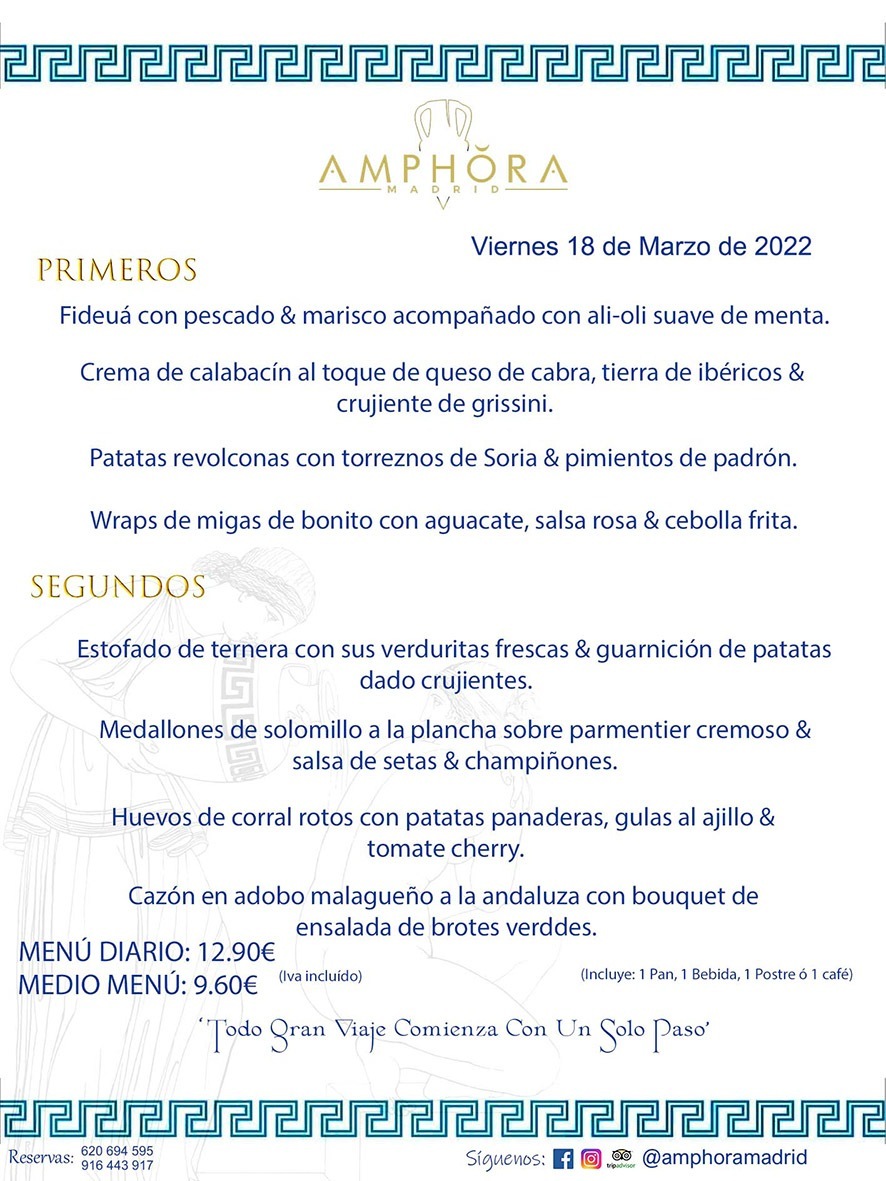 MENÚS DIARIOS MENÚS DEL DÍA MENU DEL DIA DEL VIERNES 18 DE MARZO DE 2022 ALCORCÓN RESTAURANTE AMPHORA TERRAZA ALCORCÓN MADRID Av. Leganés, 54 28923 · Alcorcón · Madrid · España 91 644 39 17 620 694 595 https://youtu.be/HeULHal1yEY (Vea aquí nuestras instalaciones) https://www.amphoramadrid.com RESTAURANTE AMPHORA TERRAZA ALCORCÓN. MENUS FIN DE SEMANA ALCORCÓN, MENÚS DIARIOS ECONÓMICOS EN ALCORCÓN, MEJORES RESTAURANTES EN ALCORCÓN, TERRAZAS ALCORCON, COMER Y CENAR EN TERRAZA EN ALCORCÓN, RESTAURANTES CON TERRAZA, MEJORES TERRAZAS ALCORCÓN, COMER EN ALCORCON, RESTAURANTES GOURMET ALCORCÓN, MENUS FIN DE SEMANA ECONOMICOS ALCORCON, COMER AL AIRE LIBRE, MENUS ECONOMICOS ALCORCON, UNO DE LOS MEJORES RESTAURANTES DE ALCORCÓN Y ZONA SUR DE MADRID EN CALIDAD PRECIO. RESTAURANTE AMPHORA TERRAZA, ES UN ESPACIO GOURMET DONDE PODRÁ DEGUSTAR DEL MEJOR PRODUCTO CON UNA ELABORACIÓN CUIDADA Y CREATIVA. ADEMÁS, PODRÁ DISFRUTAR DE TODO TIPO DE BEBIDAS PREMIUM PREPARADAS POR NUESTRO BARTENDER, VERMUTS DELICIOSOS Y CERVEZAS DE CALIDAD, YA SEA EN EN EL INTERIOR DE NUESTRO RESTAURANTE O EN NUESTRA MARAVILLOSA TERRAZA. SOMOS POSIBLEMENTE UNO DE LOS MEJORES RESTAURANTES DE LA ZONA SUR EN RELACIÓN CALIDAD, PRECIO Y DECORACIÓN. #AMPHORAMADRID #TERRAZASALCORCÓN #MENUDELDIA #COMERENTERRAZA #MADRID #ALCORCÓN #TERRAZA #MENÚSDELDÍAALCORCÓN #MENÚDELDÍARESTAURANTES #COMERENALCORCÓN #MEJORESRESTAURANTESALCORCÓN #MENÚSECONÓMICOS #RESTAURANTESRECOMENDABLES #RESTAURANTESGOURMET #MENÚSECONÓMICOSALCORCÓN #COMERALAIRELIBRE #COMIDASCENASTERRAZASALCORCON #MENÚSDIARIOSALCORCÓN #MENÚDELDÍAHOY #CENARENTERRAZA #TERRAZASCONENCANTO #RESTAURANTESCONTERRAZA #CENARENALCORCÓN #MEJORESRESTAURANTES #RESTAURANTESCOPASALCORCÓN #COPASPREMIUMALCORCÓN #VERMUTALCORCÓN #GASTROBARALCORCÓN #CARNEBUEYALCORCONPARRILLABRASA #MENUECONÓMICO #GASTROBAR #MEJORTERRAZADEALCORCÓN #MENÚSVIERNESALCORCÓN #MENÚSABADOALCORCÓN #MENÚSDOMINGOALCORCÓN #MENÚSLUNESALCORCÓN #MENÚSMARTESALCORCÓN #MENÚSMIÉRCOLESALCORCÓN #MENÚSJUEVESALCORCÓN MEJOR CARNE A LA PARRILLA ALCORCÓN TOMAHAWK CARNE BUEY AUTÉNTICO ALCORCÓN RESTAURANTES PREMIUN LUJO COMIDA CREATIVA ELABORADA RESTAURANTE AMPHORA TERRAZA EN ALCORCÓN (MADRID) GASTROBAR ALCORCÓN MENÚS ECONÓMICOS DIARIOS DEL DÍA MENUS FIN DE SEMANA DE CALIDAD MEJOR MENÚ FIN DE SEMANA ALCORCÓN COMER CENAR EN TERRAZA TERRAZAS ZONA SUR COMIDAS AIRE LIBRE MEJOR CARNE PARRILLA ALCORCÓN.