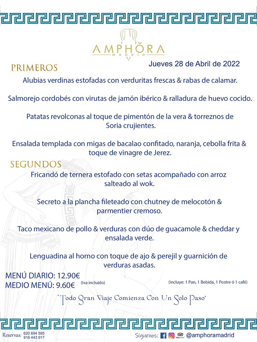 MENÚS DIARIOS MENÚS DEL DÍA MENU DEL DIA DEL JUEVES 28 DE ABRIL DE 2022 ALCORCÓN RESTAURANTE AMPHORA TERRAZA ALCORCÓN MADRID Av. Leganés, 54 28923 · Alcorcón · Madrid · España 91 644 39 17 620 694 595 https://youtu.be/HeULHal1yEY (Vea aquí nuestras instalaciones) https://www.amphoramadrid.com RESTAURANTE AMPHORA TERRAZA ALCORCÓN. MENUS FIN DE SEMANA ALCORCÓN, MENÚS DIARIOS ECONÓMICOS EN ALCORCÓN, MEJORES RESTAURANTES EN ALCORCÓN, TERRAZAS ALCORCON, COMER Y CENAR EN TERRAZA EN ALCORCÓN, RESTAURANTES CON TERRAZA, MEJORES TERRAZAS ALCORCÓN, COMER EN ALCORCON, RESTAURANTES GOURMET ALCORCÓN, MENUS FIN DE SEMANA ECONOMICOS ALCORCON, COMER AL AIRE LIBRE, MENUS ECONOMICOS ALCORCON, UNO DE LOS MEJORES RESTAURANTES DE ALCORCÓN Y ZONA SUR DE MADRID EN CALIDAD PRECIO. RESTAURANTE AMPHORA TERRAZA, ES UN ESPACIO GOURMET DONDE PODRÁ DEGUSTAR DEL MEJOR PRODUCTO CON UNA ELABORACIÓN CUIDADA Y CREATIVA. ADEMÁS, PODRÁ DISFRUTAR DE TODO TIPO DE BEBIDAS PREMIUM PREPARADAS POR NUESTRO BARTENDER, VERMUTS DELICIOSOS Y CERVEZAS DE CALIDAD, YA SEA EN EN EL INTERIOR DE NUESTRO RESTAURANTE O EN NUESTRA MARAVILLOSA TERRAZA. SOMOS POSIBLEMENTE UNO DE LOS MEJORES RESTAURANTES DE LA ZONA SUR EN RELACIÓN CALIDAD, PRECIO Y DECORACIÓN. #AMPHORAMADRID #TERRAZASALCORCÓN #MENUDELDIA #COMERENTERRAZA #MADRID #ALCORCÓN #TERRAZA #MENÚSDELDÍAALCORCÓN #MENÚDELDÍARESTAURANTES #COMERENALCORCÓN #MEJORESRESTAURANTESALCORCÓN #MENÚSECONÓMICOS #RESTAURANTESRECOMENDABLES #RESTAURANTESGOURMET #MENÚSECONÓMICOSALCORCÓN #COMERALAIRELIBRE #COMIDASCENASTERRAZASALCORCON #MENÚSDIARIOSALCORCÓN #MENÚDELDÍAHOY #CENARENTERRAZA #TERRAZASCONENCANTO #RESTAURANTESCONTERRAZA #CENARENALCORCÓN #MEJORESRESTAURANTES #RESTAURANTESCOPASALCORCÓN #COPASPREMIUMALCORCÓN #VERMUTALCORCÓN #GASTROBARALCORCÓN #CARNEBUEYALCORCONPARRILLABRASA #MENUECONÓMICO #GASTROBAR #MEJORTERRAZADEALCORCÓN #MENÚSVIERNESALCORCÓN #MENÚSABADOALCORCÓN #MENÚSDOMINGOALCORCÓN #MENÚSLUNESALCORCÓN #MENÚSMARTESALCORCÓN #MENÚSMIÉRCOLESALCORCÓN #MENÚSJUEVESALCORCÓN MEJOR CARNE A LA PARRILLA ALCORCÓN TOMAHAWK CARNE BUEY AUTÉNTICO ALCORCÓN RESTAURANTES PREMIUN LUJO COMIDA CREATIVA ELABORADA RESTAURANTE AMPHORA TERRAZA EN ALCORCÓN (MADRID) GASTROBAR ALCORCÓN MENÚS ECONÓMICOS DIARIOS DEL DÍA MENUS FIN DE SEMANA DE CALIDAD MEJOR MENÚ FIN DE SEMANA ALCORCÓN COMER CENAR EN TERRAZA TERRAZAS ZONA SUR COMIDAS AIRE LIBRE MEJOR CARNE PARRILLA ALCORCÓN.