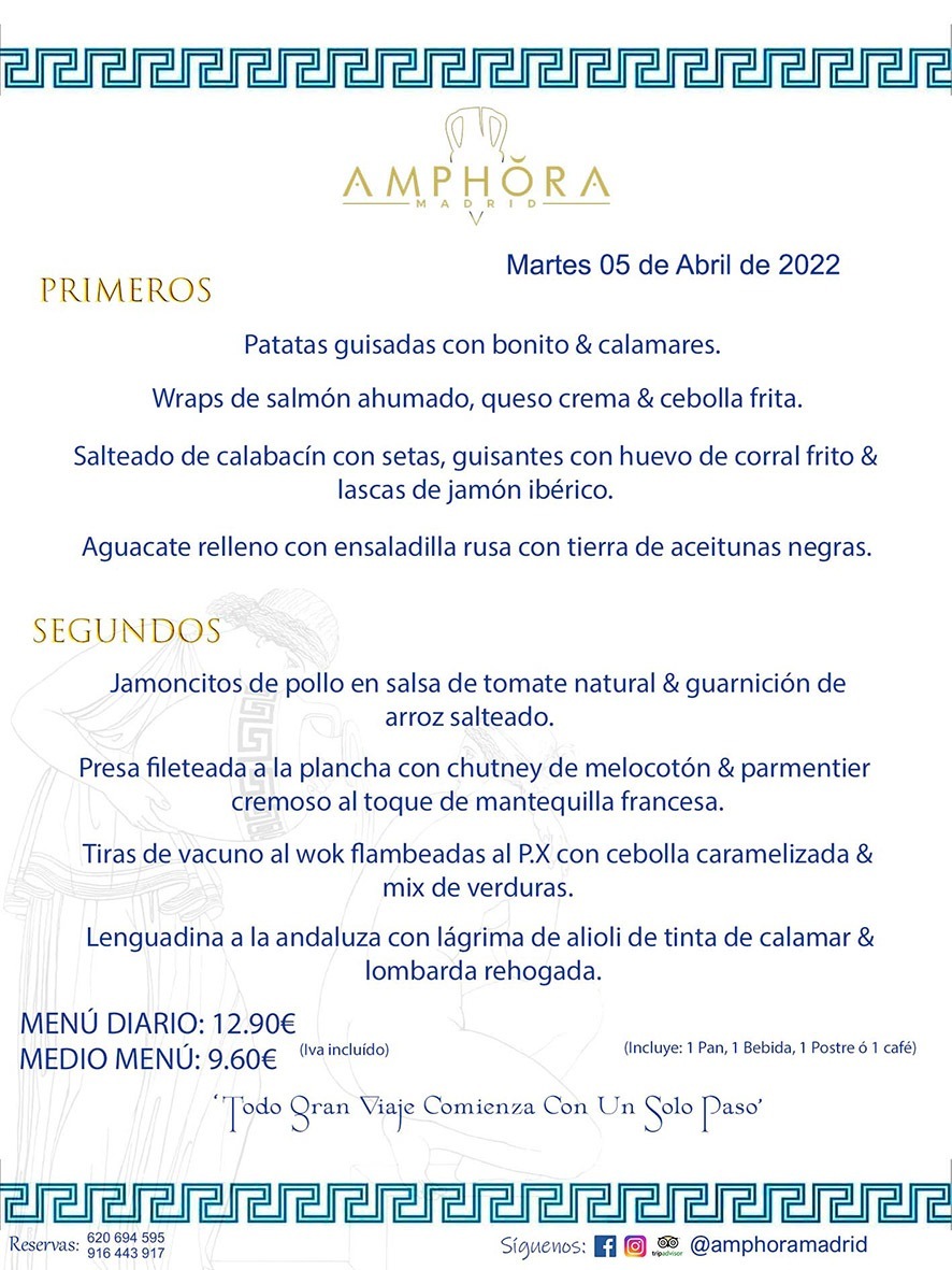 MENÚS DIARIOS MENÚS DEL DÍA MENU DEL DIA DEL MARTES 5 DE ABRIL DE 2022 ALCORCÓN RESTAURANTE AMPHORA TERRAZA ALCORCÓN MADRID Av. Leganés, 54 28923 · Alcorcón · Madrid · España 91 644 39 17 620 694 595 https://youtu.be/HeULHal1yEY (Vea aquí nuestras instalaciones) https://www.amphoramadrid.com RESTAURANTE AMPHORA TERRAZA ALCORCÓN. MENUS FIN DE SEMANA ALCORCÓN, MENÚS DIARIOS ECONÓMICOS EN ALCORCÓN, MEJORES RESTAURANTES EN ALCORCÓN, TERRAZAS ALCORCON, COMER Y CENAR EN TERRAZA EN ALCORCÓN, RESTAURANTES CON TERRAZA, MEJORES TERRAZAS ALCORCÓN, COMER EN ALCORCON, RESTAURANTES GOURMET ALCORCÓN, MENUS FIN DE SEMANA ECONOMICOS ALCORCON, COMER AL AIRE LIBRE, MENUS ECONOMICOS ALCORCON, UNO DE LOS MEJORES RESTAURANTES DE ALCORCÓN Y ZONA SUR DE MADRID EN CALIDAD PRECIO. RESTAURANTE AMPHORA TERRAZA, ES UN ESPACIO GOURMET DONDE PODRÁ DEGUSTAR DEL MEJOR PRODUCTO CON UNA ELABORACIÓN CUIDADA Y CREATIVA. ADEMÁS, PODRÁ DISFRUTAR DE TODO TIPO DE BEBIDAS PREMIUM PREPARADAS POR NUESTRO BARTENDER, VERMUTS DELICIOSOS Y CERVEZAS DE CALIDAD, YA SEA EN EN EL INTERIOR DE NUESTRO RESTAURANTE O EN NUESTRA MARAVILLOSA TERRAZA. SOMOS POSIBLEMENTE UNO DE LOS MEJORES RESTAURANTES DE LA ZONA SUR EN RELACIÓN CALIDAD, PRECIO Y DECORACIÓN. #AMPHORAMADRID #TERRAZASALCORCÓN #MENUDELDIA #COMERENTERRAZA #MADRID #ALCORCÓN #TERRAZA #MENÚSDELDÍAALCORCÓN #MENÚDELDÍARESTAURANTES #COMERENALCORCÓN #MEJORESRESTAURANTESALCORCÓN #MENÚSECONÓMICOS #RESTAURANTESRECOMENDABLES #RESTAURANTESGOURMET #MENÚSECONÓMICOSALCORCÓN #COMERALAIRELIBRE #COMIDASCENASTERRAZASALCORCON #MENÚSDIARIOSALCORCÓN #MENÚDELDÍAHOY #CENARENTERRAZA #TERRAZASCONENCANTO #RESTAURANTESCONTERRAZA #CENARENALCORCÓN #MEJORESRESTAURANTES #RESTAURANTESCOPASALCORCÓN #COPASPREMIUMALCORCÓN #VERMUTALCORCÓN #GASTROBARALCORCÓN #CARNEBUEYALCORCONPARRILLABRASA #MENUECONÓMICO #GASTROBAR #MEJORTERRAZADEALCORCÓN #MENÚSVIERNESALCORCÓN #MENÚSABADOALCORCÓN #MENÚSDOMINGOALCORCÓN #MENÚSLUNESALCORCÓN #MENÚSMARTESALCORCÓN #MENÚSMIÉRCOLESALCORCÓN #MENÚSJUEVESALCORCÓN MEJOR CARNE A LA PARRILLA ALCORCÓN TOMAHAWK CARNE BUEY AUTÉNTICO ALCORCÓN RESTAURANTES PREMIUN LUJO COMIDA CREATIVA ELABORADA RESTAURANTE AMPHORA TERRAZA EN ALCORCÓN (MADRID) GASTROBAR ALCORCÓN MENÚS ECONÓMICOS DIARIOS DEL DÍA MENUS FIN DE SEMANA DE CALIDAD MEJOR MENÚ FIN DE SEMANA ALCORCÓN COMER CENAR EN TERRAZA TERRAZAS ZONA SUR COMIDAS AIRE LIBRE MEJOR CARNE PARRILLA ALCORCÓN.