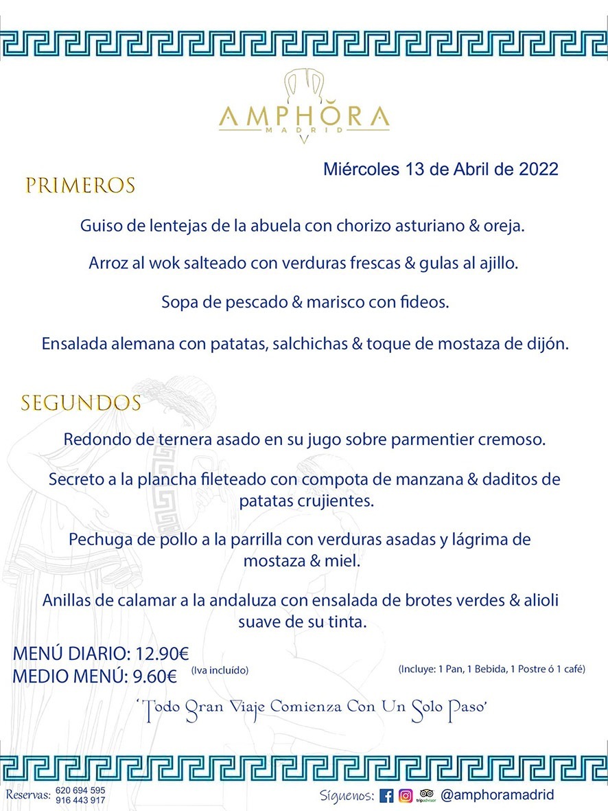 MENÚS DIARIOS MENÚS DEL DÍA MENU DEL DIA DEL MARTES 13 DE ABRIL DE 2022 ALCORCÓN RESTAURANTE AMPHORA TERRAZA ALCORCÓN MADRID Av. Leganés, 54 28923 · Alcorcón · Madrid · España 91 644 39 17 620 694 595 https://youtu.be/HeULHal1yEY (Vea aquí nuestras instalaciones) https://www.amphoramadrid.com RESTAURANTE AMPHORA TERRAZA ALCORCÓN. MENUS FIN DE SEMANA ALCORCÓN, MENÚS DIARIOS ECONÓMICOS EN ALCORCÓN, MEJORES RESTAURANTES EN ALCORCÓN, TERRAZAS ALCORCON, COMER Y CENAR EN TERRAZA EN ALCORCÓN, RESTAURANTES CON TERRAZA, MEJORES TERRAZAS ALCORCÓN, COMER EN ALCORCON, RESTAURANTES GOURMET ALCORCÓN, MENUS FIN DE SEMANA ECONOMICOS ALCORCON, COMER AL AIRE LIBRE, MENUS ECONOMICOS ALCORCON, UNO DE LOS MEJORES RESTAURANTES DE ALCORCÓN Y ZONA SUR DE MADRID EN CALIDAD PRECIO. RESTAURANTE AMPHORA TERRAZA, ES UN ESPACIO GOURMET DONDE PODRÁ DEGUSTAR DEL MEJOR PRODUCTO CON UNA ELABORACIÓN CUIDADA Y CREATIVA. ADEMÁS, PODRÁ DISFRUTAR DE TODO TIPO DE BEBIDAS PREMIUM PREPARADAS POR NUESTRO BARTENDER, VERMUTS DELICIOSOS Y CERVEZAS DE CALIDAD, YA SEA EN EN EL INTERIOR DE NUESTRO RESTAURANTE O EN NUESTRA MARAVILLOSA TERRAZA. SOMOS POSIBLEMENTE UNO DE LOS MEJORES RESTAURANTES DE LA ZONA SUR EN RELACIÓN CALIDAD, PRECIO Y DECORACIÓN. #AMPHORAMADRID #TERRAZASALCORCÓN #MENUDELDIA #COMERENTERRAZA #MADRID #ALCORCÓN #TERRAZA #MENÚSDELDÍAALCORCÓN #MENÚDELDÍARESTAURANTES #COMERENALCORCÓN #MEJORESRESTAURANTESALCORCÓN #MENÚSECONÓMICOS #RESTAURANTESRECOMENDABLES #RESTAURANTESGOURMET #MENÚSECONÓMICOSALCORCÓN #COMERALAIRELIBRE #COMIDASCENASTERRAZASALCORCON #MENÚSDIARIOSALCORCÓN #MENÚDELDÍAHOY #CENARENTERRAZA #TERRAZASCONENCANTO #RESTAURANTESCONTERRAZA #CENARENALCORCÓN #MEJORESRESTAURANTES #RESTAURANTESCOPASALCORCÓN #COPASPREMIUMALCORCÓN #VERMUTALCORCÓN #GASTROBARALCORCÓN #CARNEBUEYALCORCONPARRILLABRASA #MENUECONÓMICO #GASTROBAR #MEJORTERRAZADEALCORCÓN #MENÚSVIERNESALCORCÓN #MENÚSABADOALCORCÓN #MENÚSDOMINGOALCORCÓN #MENÚSLUNESALCORCÓN #MENÚSMARTESALCORCÓN #MENÚSMIÉRCOLESALCORCÓN #MENÚSJUEVESALCORCÓN MEJOR CARNE A LA PARRILLA ALCORCÓN TOMAHAWK CARNE BUEY AUTÉNTICO ALCORCÓN RESTAURANTES PREMIUN LUJO COMIDA CREATIVA ELABORADA RESTAURANTE AMPHORA TERRAZA EN ALCORCÓN (MADRID) GASTROBAR ALCORCÓN MENÚS ECONÓMICOS DIARIOS DEL DÍA MENUS FIN DE SEMANA DE CALIDAD MEJOR MENÚ FIN DE SEMANA ALCORCÓN COMER CENAR EN TERRAZA TERRAZAS ZONA SUR COMIDAS AIRE LIBRE MEJOR CARNE PARRILLA ALCORCÓN.