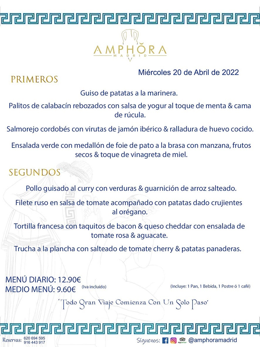 MENÚS DIARIOS MENÚS DEL DÍA MENU DEL DIA DEL MIÉRCOLES 20 DE ABRIL DE 2022 ALCORCÓN RESTAURANTE AMPHORA TERRAZA ALCORCÓN MADRID Av. Leganés, 54 28923 · Alcorcón · Madrid · España 91 644 39 17 620 694 595 https://youtu.be/HeULHal1yEY (Vea aquí nuestras instalaciones) https://www.amphoramadrid.com RESTAURANTE AMPHORA TERRAZA ALCORCÓN. MENUS FIN DE SEMANA ALCORCÓN, MENÚS DIARIOS ECONÓMICOS EN ALCORCÓN, MEJORES RESTAURANTES EN ALCORCÓN, TERRAZAS ALCORCON, COMER Y CENAR EN TERRAZA EN ALCORCÓN, RESTAURANTES CON TERRAZA, MEJORES TERRAZAS ALCORCÓN, COMER EN ALCORCON, RESTAURANTES GOURMET ALCORCÓN, MENUS FIN DE SEMANA ECONOMICOS ALCORCON, COMER AL AIRE LIBRE, MENUS ECONOMICOS ALCORCON, UNO DE LOS MEJORES RESTAURANTES DE ALCORCÓN Y ZONA SUR DE MADRID EN CALIDAD PRECIO. RESTAURANTE AMPHORA TERRAZA, ES UN ESPACIO GOURMET DONDE PODRÁ DEGUSTAR DEL MEJOR PRODUCTO CON UNA ELABORACIÓN CUIDADA Y CREATIVA. ADEMÁS, PODRÁ DISFRUTAR DE TODO TIPO DE BEBIDAS PREMIUM PREPARADAS POR NUESTRO BARTENDER, VERMUTS DELICIOSOS Y CERVEZAS DE CALIDAD, YA SEA EN EN EL INTERIOR DE NUESTRO RESTAURANTE O EN NUESTRA MARAVILLOSA TERRAZA. SOMOS POSIBLEMENTE UNO DE LOS MEJORES RESTAURANTES DE LA ZONA SUR EN RELACIÓN CALIDAD, PRECIO Y DECORACIÓN. #AMPHORAMADRID #TERRAZASALCORCÓN #MENUDELDIA #COMERENTERRAZA #MADRID #ALCORCÓN #TERRAZA #MENÚSDELDÍAALCORCÓN #MENÚDELDÍARESTAURANTES #COMERENALCORCÓN #MEJORESRESTAURANTESALCORCÓN #MENÚSECONÓMICOS #RESTAURANTESRECOMENDABLES #RESTAURANTESGOURMET #MENÚSECONÓMICOSALCORCÓN #COMERALAIRELIBRE #COMIDASCENASTERRAZASALCORCON #MENÚSDIARIOSALCORCÓN #MENÚDELDÍAHOY #CENARENTERRAZA #TERRAZASCONENCANTO #RESTAURANTESCONTERRAZA #CENARENALCORCÓN #MEJORESRESTAURANTES #RESTAURANTESCOPASALCORCÓN #COPASPREMIUMALCORCÓN #VERMUTALCORCÓN #GASTROBARALCORCÓN #CARNEBUEYALCORCONPARRILLABRASA #MENUECONÓMICO #GASTROBAR #MEJORTERRAZADEALCORCÓN #MENÚSVIERNESALCORCÓN #MENÚSABADOALCORCÓN #MENÚSDOMINGOALCORCÓN #MENÚSLUNESALCORCÓN #MENÚSMARTESALCORCÓN #MENÚSMIÉRCOLESALCORCÓN #MENÚSJUEVESALCORCÓN MEJOR CARNE A LA PARRILLA ALCORCÓN TOMAHAWK CARNE BUEY AUTÉNTICO ALCORCÓN RESTAURANTES PREMIUN LUJO COMIDA CREATIVA ELABORADA RESTAURANTE AMPHORA TERRAZA EN ALCORCÓN (MADRID) GASTROBAR ALCORCÓN MENÚS ECONÓMICOS DIARIOS DEL DÍA MENUS FIN DE SEMANA DE CALIDAD MEJOR MENÚ FIN DE SEMANA ALCORCÓN COMER CENAR EN TERRAZA TERRAZAS ZONA SUR COMIDAS AIRE LIBRE MEJOR CARNE PARRILLA ALCORCÓN.