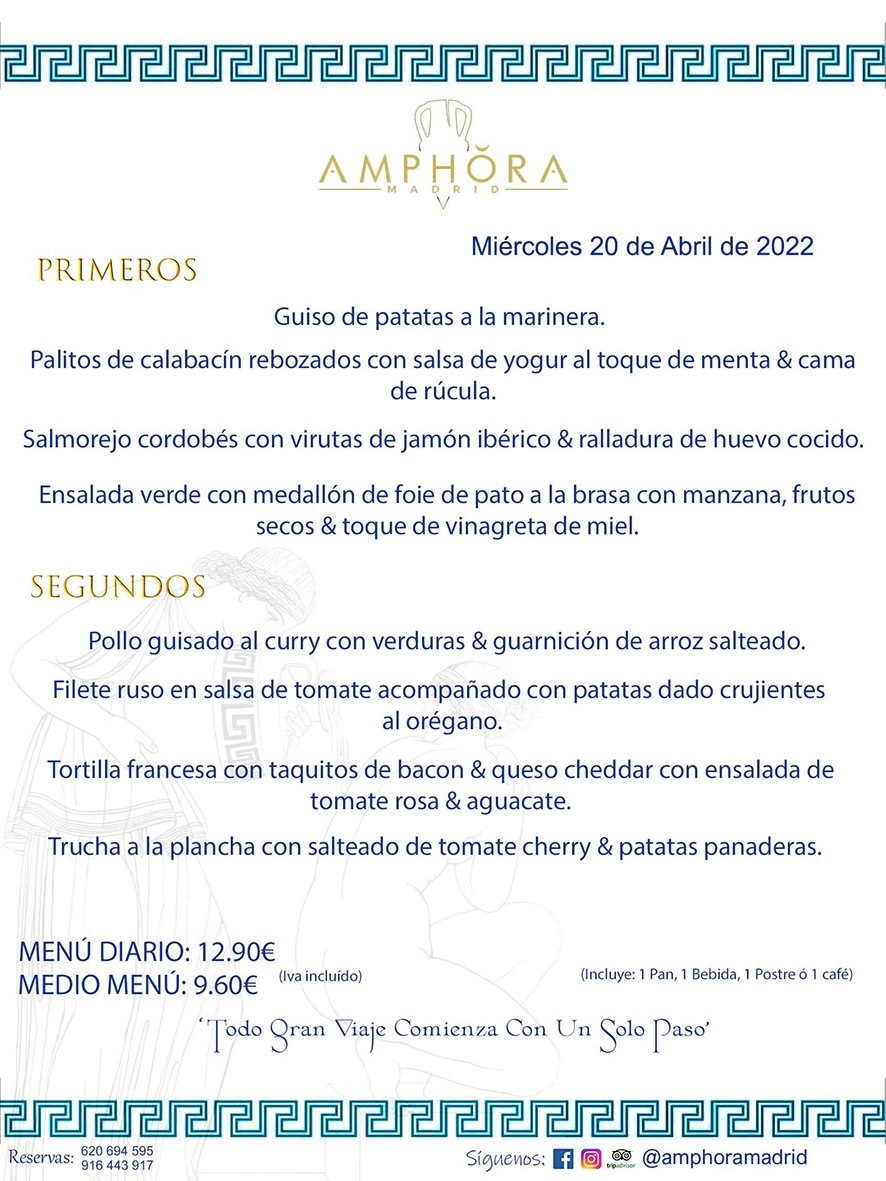 MENÚS DIARIOS MENÚS DEL DÍA MENU DEL DIA DEL MIÉRCOLES 20 DE ABRIL DE 2022 ALCORCÓN RESTAURANTE AMPHORA TERRAZA ALCORCÓN MADRID Av. Leganés, 54 28923 · Alcorcón · Madrid · España 91 644 39 17 620 694 595 https://youtu.be/HeULHal1yEY (Vea aquí nuestras instalaciones) https://www.amphoramadrid.com RESTAURANTE AMPHORA TERRAZA ALCORCÓN. MENUS FIN DE SEMANA ALCORCÓN, MENÚS DIARIOS ECONÓMICOS EN ALCORCÓN, MEJORES RESTAURANTES EN ALCORCÓN, TERRAZAS ALCORCON, COMER Y CENAR EN TERRAZA EN ALCORCÓN, RESTAURANTES CON TERRAZA, MEJORES TERRAZAS ALCORCÓN, COMER EN ALCORCON, RESTAURANTES GOURMET ALCORCÓN, MENUS FIN DE SEMANA ECONOMICOS ALCORCON, COMER AL AIRE LIBRE, MENUS ECONOMICOS ALCORCON, UNO DE LOS MEJORES RESTAURANTES DE ALCORCÓN Y ZONA SUR DE MADRID EN CALIDAD PRECIO. RESTAURANTE AMPHORA TERRAZA, ES UN ESPACIO GOURMET DONDE PODRÁ DEGUSTAR DEL MEJOR PRODUCTO CON UNA ELABORACIÓN CUIDADA Y CREATIVA. ADEMÁS, PODRÁ DISFRUTAR DE TODO TIPO DE BEBIDAS PREMIUM PREPARADAS POR NUESTRO BARTENDER, VERMUTS DELICIOSOS Y CERVEZAS DE CALIDAD, YA SEA EN EN EL INTERIOR DE NUESTRO RESTAURANTE O EN NUESTRA MARAVILLOSA TERRAZA. SOMOS POSIBLEMENTE UNO DE LOS MEJORES RESTAURANTES DE LA ZONA SUR EN RELACIÓN CALIDAD, PRECIO Y DECORACIÓN. #AMPHORAMADRID #TERRAZASALCORCÓN #MENUDELDIA #COMERENTERRAZA #MADRID #ALCORCÓN #TERRAZA #MENÚSDELDÍAALCORCÓN #MENÚDELDÍARESTAURANTES #COMERENALCORCÓN #MEJORESRESTAURANTESALCORCÓN #MENÚSECONÓMICOS #RESTAURANTESRECOMENDABLES #RESTAURANTESGOURMET #MENÚSECONÓMICOSALCORCÓN #COMERALAIRELIBRE #COMIDASCENASTERRAZASALCORCON #MENÚSDIARIOSALCORCÓN #MENÚDELDÍAHOY #CENARENTERRAZA #TERRAZASCONENCANTO #RESTAURANTESCONTERRAZA #CENARENALCORCÓN #MEJORESRESTAURANTES #RESTAURANTESCOPASALCORCÓN #COPASPREMIUMALCORCÓN #VERMUTALCORCÓN #GASTROBARALCORCÓN #CARNEBUEYALCORCONPARRILLABRASA #MENUECONÓMICO #GASTROBAR #MEJORTERRAZADEALCORCÓN #MENÚSVIERNESALCORCÓN #MENÚSABADOALCORCÓN #MENÚSDOMINGOALCORCÓN #MENÚSLUNESALCORCÓN #MENÚSMARTESALCORCÓN #MENÚSMIÉRCOLESALCORCÓN #MENÚSJUEVESALCORCÓN MEJOR CARNE A LA PARRILLA ALCORCÓN TOMAHAWK CARNE BUEY AUTÉNTICO ALCORCÓN RESTAURANTES PREMIUN LUJO COMIDA CREATIVA ELABORADA RESTAURANTE AMPHORA TERRAZA EN ALCORCÓN (MADRID) GASTROBAR ALCORCÓN MENÚS ECONÓMICOS DIARIOS DEL DÍA MENUS FIN DE SEMANA DE CALIDAD MEJOR MENÚ FIN DE SEMANA ALCORCÓN COMER CENAR EN TERRAZA TERRAZAS ZONA SUR COMIDAS AIRE LIBRE MEJOR CARNE PARRILLA ALCORCÓN.