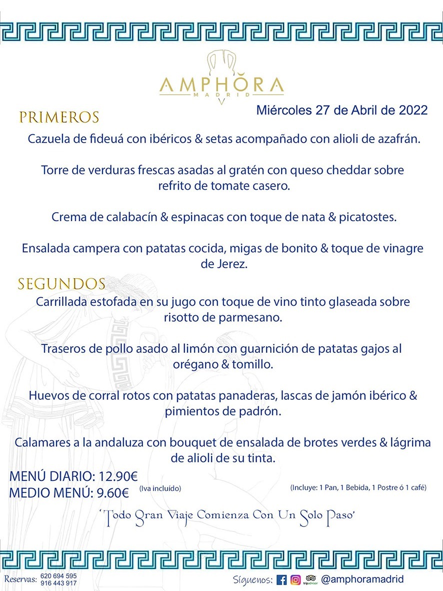 MENÚS DIARIOS MENÚS DEL DÍA MENU DEL DIA DEL MIÉRCOLES 27 DE ABRIL DE 2022 ALCORCÓN RESTAURANTE AMPHORA TERRAZA ALCORCÓN MADRID Av. Leganés, 54 28923 · Alcorcón · Madrid · España 91 644 39 17 620 694 595 https://youtu.be/HeULHal1yEY (Vea aquí nuestras instalaciones) https://www.amphoramadrid.com RESTAURANTE AMPHORA TERRAZA ALCORCÓN. MENUS FIN DE SEMANA ALCORCÓN, MENÚS DIARIOS ECONÓMICOS EN ALCORCÓN, MEJORES RESTAURANTES EN ALCORCÓN, TERRAZAS ALCORCON, COMER Y CENAR EN TERRAZA EN ALCORCÓN, RESTAURANTES CON TERRAZA, MEJORES TERRAZAS ALCORCÓN, COMER EN ALCORCON, RESTAURANTES GOURMET ALCORCÓN, MENUS FIN DE SEMANA ECONOMICOS ALCORCON, COMER AL AIRE LIBRE, MENUS ECONOMICOS ALCORCON, UNO DE LOS MEJORES RESTAURANTES DE ALCORCÓN Y ZONA SUR DE MADRID EN CALIDAD PRECIO. RESTAURANTE AMPHORA TERRAZA, ES UN ESPACIO GOURMET DONDE PODRÁ DEGUSTAR DEL MEJOR PRODUCTO CON UNA ELABORACIÓN CUIDADA Y CREATIVA. ADEMÁS, PODRÁ DISFRUTAR DE TODO TIPO DE BEBIDAS PREMIUM PREPARADAS POR NUESTRO BARTENDER, VERMUTS DELICIOSOS Y CERVEZAS DE CALIDAD, YA SEA EN EN EL INTERIOR DE NUESTRO RESTAURANTE O EN NUESTRA MARAVILLOSA TERRAZA. SOMOS POSIBLEMENTE UNO DE LOS MEJORES RESTAURANTES DE LA ZONA SUR EN RELACIÓN CALIDAD, PRECIO Y DECORACIÓN. #AMPHORAMADRID #TERRAZASALCORCÓN #MENUDELDIA #COMERENTERRAZA #MADRID #ALCORCÓN #TERRAZA #MENÚSDELDÍAALCORCÓN #MENÚDELDÍARESTAURANTES #COMERENALCORCÓN #MEJORESRESTAURANTESALCORCÓN #MENÚSECONÓMICOS #RESTAURANTESRECOMENDABLES #RESTAURANTESGOURMET #MENÚSECONÓMICOSALCORCÓN #COMERALAIRELIBRE #COMIDASCENASTERRAZASALCORCON #MENÚSDIARIOSALCORCÓN #MENÚDELDÍAHOY #CENARENTERRAZA #TERRAZASCONENCANTO #RESTAURANTESCONTERRAZA #CENARENALCORCÓN #MEJORESRESTAURANTES #RESTAURANTESCOPASALCORCÓN #COPASPREMIUMALCORCÓN #VERMUTALCORCÓN #GASTROBARALCORCÓN #CARNEBUEYALCORCONPARRILLABRASA #MENUECONÓMICO #GASTROBAR #MEJORTERRAZADEALCORCÓN #MENÚSVIERNESALCORCÓN #MENÚSABADOALCORCÓN #MENÚSDOMINGOALCORCÓN #MENÚSLUNESALCORCÓN #MENÚSMARTESALCORCÓN #MENÚSMIÉRCOLESALCORCÓN #MENÚSJUEVESALCORCÓN MEJOR CARNE A LA PARRILLA ALCORCÓN TOMAHAWK CARNE BUEY AUTÉNTICO ALCORCÓN RESTAURANTES PREMIUN LUJO COMIDA CREATIVA ELABORADA RESTAURANTE AMPHORA TERRAZA EN ALCORCÓN (MADRID) GASTROBAR ALCORCÓN MENÚS ECONÓMICOS DIARIOS DEL DÍA MENUS FIN DE SEMANA DE CALIDAD MEJOR MENÚ FIN DE SEMANA ALCORCÓN COMER CENAR EN TERRAZA TERRAZAS ZONA SUR COMIDAS AIRE LIBRE MEJOR CARNE PARRILLA ALCORCÓN.