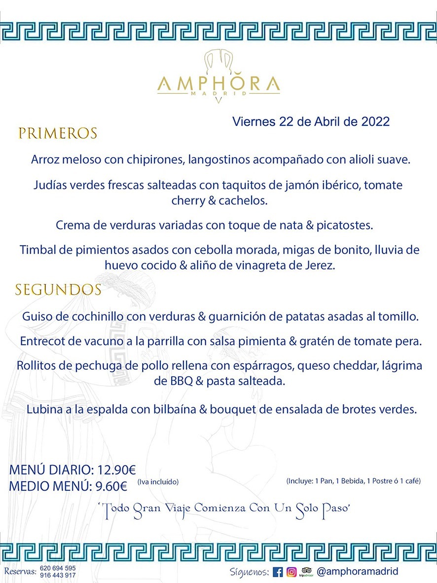 MENÚS DIARIOS MENÚS DEL DÍA MENU DEL DIA DEL VIERNES 22 DE ABRIL DE 2022 ALCORCÓN RESTAURANTE AMPHORA TERRAZA ALCORCÓN MADRID Av. Leganés, 54 28923 · Alcorcón · Madrid · España 91 644 39 17 620 694 595 https://youtu.be/HeULHal1yEY (Vea aquí nuestras instalaciones) https://www.amphoramadrid.com RESTAURANTE AMPHORA TERRAZA ALCORCÓN. MENUS FIN DE SEMANA ALCORCÓN, MENÚS DIARIOS ECONÓMICOS EN ALCORCÓN, MEJORES RESTAURANTES EN ALCORCÓN, TERRAZAS ALCORCON, COMER Y CENAR EN TERRAZA EN ALCORCÓN, RESTAURANTES CON TERRAZA, MEJORES TERRAZAS ALCORCÓN, COMER EN ALCORCON, RESTAURANTES GOURMET ALCORCÓN, MENUS FIN DE SEMANA ECONOMICOS ALCORCON, COMER AL AIRE LIBRE, MENUS ECONOMICOS ALCORCON, UNO DE LOS MEJORES RESTAURANTES DE ALCORCÓN Y ZONA SUR DE MADRID EN CALIDAD PRECIO. RESTAURANTE AMPHORA TERRAZA, ES UN ESPACIO GOURMET DONDE PODRÁ DEGUSTAR DEL MEJOR PRODUCTO CON UNA ELABORACIÓN CUIDADA Y CREATIVA. ADEMÁS, PODRÁ DISFRUTAR DE TODO TIPO DE BEBIDAS PREMIUM PREPARADAS POR NUESTRO BARTENDER, VERMUTS DELICIOSOS Y CERVEZAS DE CALIDAD, YA SEA EN EN EL INTERIOR DE NUESTRO RESTAURANTE O EN NUESTRA MARAVILLOSA TERRAZA. SOMOS POSIBLEMENTE UNO DE LOS MEJORES RESTAURANTES DE LA ZONA SUR EN RELACIÓN CALIDAD, PRECIO Y DECORACIÓN. #AMPHORAMADRID #TERRAZASALCORCÓN #MENUDELDIA #COMERENTERRAZA #MADRID #ALCORCÓN #TERRAZA #MENÚSDELDÍAALCORCÓN #MENÚDELDÍARESTAURANTES #COMERENALCORCÓN #MEJORESRESTAURANTESALCORCÓN #MENÚSECONÓMICOS #RESTAURANTESRECOMENDABLES #RESTAURANTESGOURMET #MENÚSECONÓMICOSALCORCÓN #COMERALAIRELIBRE #COMIDASCENASTERRAZASALCORCON #MENÚSDIARIOSALCORCÓN #MENÚDELDÍAHOY #CENARENTERRAZA #TERRAZASCONENCANTO #RESTAURANTESCONTERRAZA #CENARENALCORCÓN #MEJORESRESTAURANTES #RESTAURANTESCOPASALCORCÓN #COPASPREMIUMALCORCÓN #VERMUTALCORCÓN #GASTROBARALCORCÓN #CARNEBUEYALCORCONPARRILLABRASA #MENUECONÓMICO #GASTROBAR #MEJORTERRAZADEALCORCÓN #MENÚSVIERNESALCORCÓN #MENÚSABADOALCORCÓN #MENÚSDOMINGOALCORCÓN #MENÚSLUNESALCORCÓN #MENÚSMARTESALCORCÓN #MENÚSMIÉRCOLESALCORCÓN #MENÚSJUEVESALCORCÓN MEJOR CARNE A LA PARRILLA ALCORCÓN TOMAHAWK CARNE BUEY AUTÉNTICO ALCORCÓN RESTAURANTES PREMIUN LUJO COMIDA CREATIVA ELABORADA RESTAURANTE AMPHORA TERRAZA EN ALCORCÓN (MADRID) GASTROBAR ALCORCÓN MENÚS ECONÓMICOS DIARIOS DEL DÍA MENUS FIN DE SEMANA DE CALIDAD MEJOR MENÚ FIN DE SEMANA ALCORCÓN COMER CENAR EN TERRAZA TERRAZAS ZONA SUR COMIDAS AIRE LIBRE MEJOR CARNE PARRILLA ALCORCÓN.