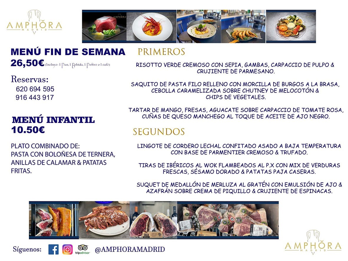 MENÚS FIN DE SEMANA ECONOMICOS DIARIOS MENÚ DEL DÍA SÁBADO 14 Y DOMINGO 15 DE MAYO DE 2022 ALCORCÓN RESTAURANTE AMPHORA TERRAZA ALCORCÓN MADRID Av. Leganés, 54 28923 · Alcorcón · Madrid · España 91 644 39 17 620 694 595 https://youtu.be/HeULHal1yEY (Vea aquí nuestras instalaciones) https://www.amphoramadrid.com RESTAURANTE AMPHORA TERRAZA ALCORCÓN. MENUS FIN DE SEMANA ALCORCÓN, MENÚS DIARIOS ECONÓMICOS EN ALCORCÓN, MEJORES RESTAURANTES EN ALCORCÓN, TERRAZAS ALCORCON, COMER Y CENAR EN TERRAZA EN ALCORCÓN, RESTAURANTES CON TERRAZA, MEJORES TERRAZAS ALCORCÓN, COMER EN ALCORCON, RESTAURANTES GOURMET ALCORCÓN, MENUS FIN DE SEMANA ECONOMICOS ALCORCON, COMER AL AIRE LIBRE, MENUS ECONOMICOS ALCORCON, UNO DE LOS MEJORES RESTAURANTES DE ALCORCÓN Y ZONA SUR DE MADRID EN CALIDAD PRECIO. RESTAURANTE AMPHORA TERRAZA, ES UN ESPACIO GOURMET DONDE PODRÁ DEGUSTAR DEL MEJOR PRODUCTO CON UNA ELABORACIÓN CUIDADA Y CREATIVA. ADEMÁS, PODRÁ DISFRUTAR DE TODO TIPO DE BEBIDAS PREMIUM PREPARADAS POR NUESTRO BARTENDER, VERMUTS DELICIOSOS Y CERVEZAS DE CALIDAD, YA SEA EN EN EL INTERIOR DE NUESTRO RESTAURANTE O EN NUESTRA MARAVILLOSA TERRAZA. SOMOS POSIBLEMENTE UNO DE LOS MEJORES RESTAURANTES DE LA ZONA SUR EN RELACIÓN CALIDAD, PRECIO Y DECORACIÓN. #AMPHORAMADRID #TERRAZASALCORCÓN #MENUDELDIA #COMERENTERRAZA #MADRID #ALCORCÓN #TERRAZA #MENÚSDELDÍAALCORCÓN #MENÚDELDÍARESTAURANTES #COMERENALCORCÓN #MEJORESRESTAURANTESALCORCÓN #MENÚSECONÓMICOS #RESTAURANTESRECOMENDABLES #RESTAURANTESGOURMET #MENÚSECONÓMICOSALCORCÓN #COMERALAIRELIBRE #COMIDASCENASTERRAZASALCORCON #MENÚSDIARIOSALCORCÓN #MENÚDELDÍAHOY #CENARENTERRAZA #TERRAZASCONENCANTO #RESTAURANTESCONTERRAZA #CENARENALCORCÓN #MEJORESRESTAURANTES #RESTAURANTESCOPASALCORCÓN #COPASPREMIUMALCORCÓN #VERMUTALCORCÓN #GASTROBARALCORCÓN #CARNEBUEYALCORCONPARRILLABRASA #MENUECONÓMICO #GASTROBAR #MEJORTERRAZADEALCORCÓN #MENÚSVIERNESALCORCÓN #MENÚSABADOALCORCÓN #MENÚSDOMINGOALCORCÓN #MENÚSLUNESALCORCÓN #MENÚSMARTESALCORCÓN #MENÚSMIÉRCOLESALCORCÓN #MENÚSJUEVESALCORCÓN MEJOR CARNE A LA PARRILLA ALCORCÓN TOMAHAWK CARNE BUEY AUTÉNTICO ALCORCÓN RESTAURANTES PREMIUN LUJO COMIDA CREATIVA ELABORADA RESTAURANTE AMPHORA TERRAZA EN ALCORCÓN (MADRID) GASTROBAR ALCORCÓN MENÚS ECONÓMICOS DIARIOS DEL DÍA MENUS FIN DE SEMANA DE CALIDAD MEJOR MENÚ FIN DE SEMANA ALCORCÓN COMER CENAR EN TERRAZA TERRAZAS ZONA SUR COMIDAS AIRE LIBRE MEJOR CARNE PARRILLA ALCORCÓN.