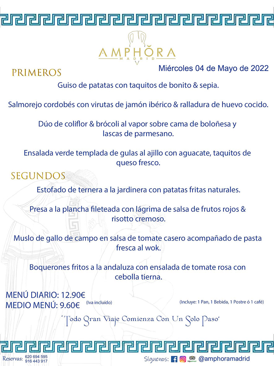 MENÚS DIARIOS MENÚS DEL DÍA MENU DEL DIA DEL MIÉRCOLES 4 DE MAYO DE 2022 ALCORCÓN RESTAURANTE AMPHORA TERRAZA ALCORCÓN MADRID Av. Leganés, 54 28923 · Alcorcón · Madrid · España 91 644 39 17 620 694 595 https://youtu.be/HeULHal1yEY (Vea aquí nuestras instalaciones) https://www.amphoramadrid.com RESTAURANTE AMPHORA TERRAZA ALCORCÓN. MENUS FIN DE SEMANA ALCORCÓN, MENÚS DIARIOS ECONÓMICOS EN ALCORCÓN, MEJORES RESTAURANTES EN ALCORCÓN, TERRAZAS ALCORCON, COMER Y CENAR EN TERRAZA EN ALCORCÓN, RESTAURANTES CON TERRAZA, MEJORES TERRAZAS ALCORCÓN, COMER EN ALCORCON, RESTAURANTES GOURMET ALCORCÓN, MENUS FIN DE SEMANA ECONOMICOS ALCORCON, COMER AL AIRE LIBRE, MENUS ECONOMICOS ALCORCON, UNO DE LOS MEJORES RESTAURANTES DE ALCORCÓN Y ZONA SUR DE MADRID EN CALIDAD PRECIO. RESTAURANTE AMPHORA TERRAZA, ES UN ESPACIO GOURMET DONDE PODRÁ DEGUSTAR DEL MEJOR PRODUCTO CON UNA ELABORACIÓN CUIDADA Y CREATIVA. ADEMÁS, PODRÁ DISFRUTAR DE TODO TIPO DE BEBIDAS PREMIUM PREPARADAS POR NUESTRO BARTENDER, VERMUTS DELICIOSOS Y CERVEZAS DE CALIDAD, YA SEA EN EN EL INTERIOR DE NUESTRO RESTAURANTE O EN NUESTRA MARAVILLOSA TERRAZA. SOMOS POSIBLEMENTE UNO DE LOS MEJORES RESTAURANTES DE LA ZONA SUR EN RELACIÓN CALIDAD, PRECIO Y DECORACIÓN. #AMPHORAMADRID #TERRAZASALCORCÓN #MENUDELDIA #COMERENTERRAZA #MADRID #ALCORCÓN #TERRAZA #MENÚSDELDÍAALCORCÓN #MENÚDELDÍARESTAURANTES #COMERENALCORCÓN #MEJORESRESTAURANTESALCORCÓN #MENÚSECONÓMICOS #RESTAURANTESRECOMENDABLES #RESTAURANTESGOURMET #MENÚSECONÓMICOSALCORCÓN #COMERALAIRELIBRE #COMIDASCENASTERRAZASALCORCON #MENÚSDIARIOSALCORCÓN #MENÚDELDÍAHOY #CENARENTERRAZA #TERRAZASCONENCANTO #RESTAURANTESCONTERRAZA #CENARENALCORCÓN #MEJORESRESTAURANTES #RESTAURANTESCOPASALCORCÓN #COPASPREMIUMALCORCÓN #VERMUTALCORCÓN #GASTROBARALCORCÓN #CARNEBUEYALCORCONPARRILLABRASA #MENUECONÓMICO #GASTROBAR #MEJORTERRAZADEALCORCÓN #MENÚSVIERNESALCORCÓN #MENÚSABADOALCORCÓN #MENÚSDOMINGOALCORCÓN #MENÚSLUNESALCORCÓN #MENÚSMARTESALCORCÓN #MENÚSMIÉRCOLESALCORCÓN #MENÚSJUEVESALCORCÓN MEJOR CARNE A LA PARRILLA ALCORCÓN TOMAHAWK CARNE BUEY AUTÉNTICO ALCORCÓN RESTAURANTES PREMIUN LUJO COMIDA CREATIVA ELABORADA RESTAURANTE AMPHORA TERRAZA EN ALCORCÓN (MADRID) GASTROBAR ALCORCÓN MENÚS ECONÓMICOS DIARIOS DEL DÍA MENUS FIN DE SEMANA DE CALIDAD MEJOR MENÚ FIN DE SEMANA ALCORCÓN COMER CENAR EN TERRAZA TERRAZAS ZONA SUR COMIDAS AIRE LIBRE MEJOR CARNE PARRILLA ALCORCÓN.