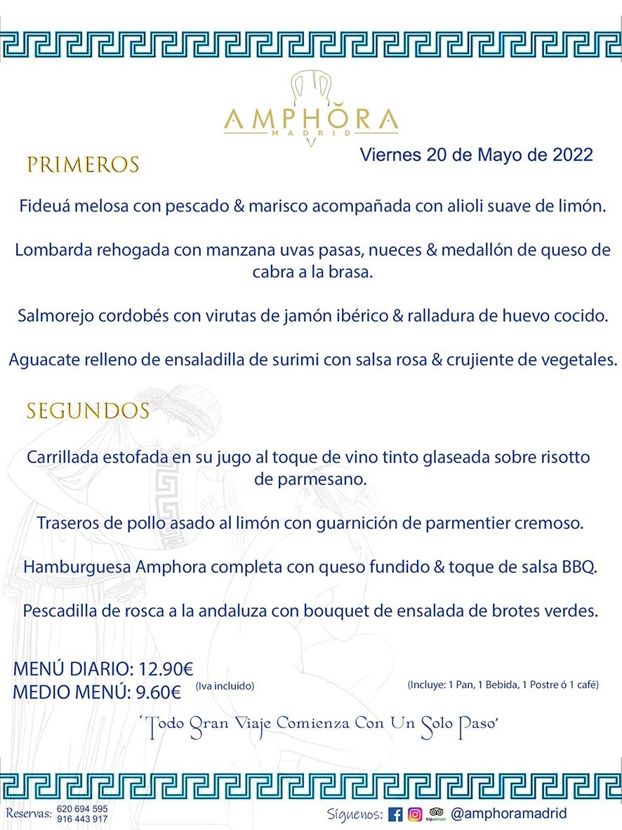 MENÚS DIARIOS MENÚS DEL DÍA MENU DEL DIA DEL VIERNES 20 DE MAYO DE 2022 ALCORCÓN RESTAURANTE AMPHORA TERRAZA ALCORCÓN MADRID Av. Leganés, 54 28923 · Alcorcón · Madrid · España 91 644 39 17 620 694 595 https://youtu.be/HeULHal1yEY (Vea aquí nuestras instalaciones) https://www.amphoramadrid.com RESTAURANTE AMPHORA TERRAZA ALCORCÓN. MENUS FIN DE SEMANA ALCORCÓN, MENÚS DIARIOS ECONÓMICOS EN ALCORCÓN, MEJORES RESTAURANTES EN ALCORCÓN, TERRAZAS ALCORCON, COMER Y CENAR EN TERRAZA EN ALCORCÓN, RESTAURANTES CON TERRAZA, MEJORES TERRAZAS ALCORCÓN, COMER EN ALCORCON, RESTAURANTES GOURMET ALCORCÓN, MENUS FIN DE SEMANA ECONOMICOS ALCORCON, COMER AL AIRE LIBRE, MENUS ECONOMICOS ALCORCON, UNO DE LOS MEJORES RESTAURANTES DE ALCORCÓN Y ZONA SUR DE MADRID EN CALIDAD PRECIO. RESTAURANTE AMPHORA TERRAZA, ES UN ESPACIO GOURMET DONDE PODRÁ DEGUSTAR DEL MEJOR PRODUCTO CON UNA ELABORACIÓN CUIDADA Y CREATIVA. ADEMÁS, PODRÁ DISFRUTAR DE TODO TIPO DE BEBIDAS PREMIUM PREPARADAS POR NUESTRO BARTENDER, VERMUTS DELICIOSOS Y CERVEZAS DE CALIDAD, YA SEA EN EN EL INTERIOR DE NUESTRO RESTAURANTE O EN NUESTRA MARAVILLOSA TERRAZA. SOMOS POSIBLEMENTE UNO DE LOS MEJORES RESTAURANTES DE LA ZONA SUR EN RELACIÓN CALIDAD, PRECIO Y DECORACIÓN. #AMPHORAMADRID #TERRAZASALCORCÓN #MENUDELDIA #COMERENTERRAZA #MADRID #ALCORCÓN #TERRAZA #MENÚSDELDÍAALCORCÓN #MENÚDELDÍARESTAURANTES #COMERENALCORCÓN #MEJORESRESTAURANTESALCORCÓN #MENÚSECONÓMICOS #RESTAURANTESRECOMENDABLES #RESTAURANTESGOURMET #MENÚSECONÓMICOSALCORCÓN #COMERALAIRELIBRE #COMIDASCENASTERRAZASALCORCON #MENÚSDIARIOSALCORCÓN #MENÚDELDÍAHOY #CENARENTERRAZA #TERRAZASCONENCANTO #RESTAURANTESCONTERRAZA #CENARENALCORCÓN #MEJORESRESTAURANTES #RESTAURANTESCOPASALCORCÓN #COPASPREMIUMALCORCÓN #VERMUTALCORCÓN #GASTROBARALCORCÓN #CARNEBUEYALCORCONPARRILLABRASA #MENUECONÓMICO #GASTROBAR #MEJORTERRAZADEALCORCÓN #MENÚSVIERNESALCORCÓN #MENÚSABADOALCORCÓN #MENÚSDOMINGOALCORCÓN #MENÚSLUNESALCORCÓN #MENÚSMARTESALCORCÓN #MENÚSMIÉRCOLESALCORCÓN #MENÚSJUEVESALCORCÓN MEJOR CARNE A LA PARRILLA ALCORCÓN TOMAHAWK CARNE BUEY AUTÉNTICO ALCORCÓN RESTAURANTES PREMIUN LUJO COMIDA CREATIVA ELABORADA RESTAURANTE AMPHORA TERRAZA EN ALCORCÓN (MADRID) GASTROBAR ALCORCÓN MENÚS ECONÓMICOS DIARIOS DEL DÍA MENUS FIN DE SEMANA DE CALIDAD MEJOR MENÚ FIN DE SEMANA ALCORCÓN COMER CENAR EN TERRAZA TERRAZAS ZONA SUR COMIDAS AIRE LIBRE MEJOR CARNE PARRILLA ALCORCÓN.