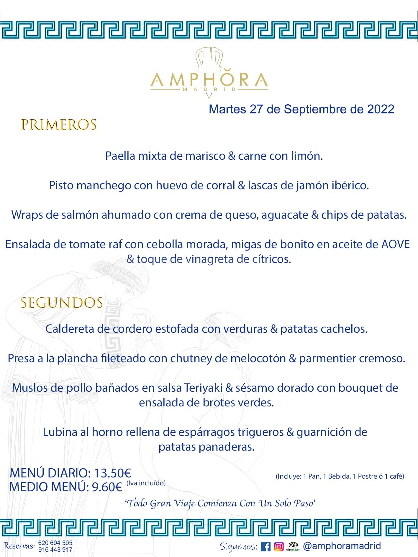 MENÚS DIARIOS MENÚS DEL DÍA. MENU DEL DIA DEL MARTES 27 DE SEPTIEMBRE DE 2022 ALCORCÓN RESTAURANTE AMPHORA TERRAZA ALCORCÓN MADRID Av. Leganés, 54 28923 · Alcorcón · Madrid · España 91 644 39 17 620 694 595 https://youtu.be/HeULHal1yEY (Vea aquí nuestras instalaciones) https://www.amphoramadrid.com RESTAURANTE AMPHORA TERRAZA ALCORCÓN. MENUS FIN DE SEMANA ALCORCÓN, MENÚS DIARIOS ECONÓMICOS EN ALCORCÓN, MEJORES RESTAURANTES EN ALCORCÓN, TERRAZAS ALCORCON, COMER Y CENAR EN TERRAZA EN ALCORCÓN, RESTAURANTES CON TERRAZA, MEJORES TERRAZAS ALCORCÓN, COMER EN ALCORCON, RESTAURANTES GOURMET ALCORCÓN, MENUS FIN DE SEMANA ECONOMICOS ALCORCON, COMER AL AIRE LIBRE, MENUS ECONOMICOS ALCORCON, UNO DE LOS MEJORES RESTAURANTES DE ALCORCÓN Y ZONA SUR DE MADRID EN CALIDAD PRECIO. RESTAURANTE AMPHORA TERRAZA, ES UN ESPACIO GOURMET DONDE PODRÁ DEGUSTAR DEL MEJOR PRODUCTO CON UNA ELABORACIÓN CUIDADA Y CREATIVA. ADEMÁS, PODRÁ DISFRUTAR DE TODO TIPO DE BEBIDAS PREMIUM PREPARADAS POR NUESTRO BARTENDER, VERMUTS DELICIOSOS Y CERVEZAS DE CALIDAD, YA SEA EN EN EL INTERIOR DE NUESTRO RESTAURANTE O EN NUESTRA MARAVILLOSA TERRAZA. SOMOS POSIBLEMENTE UNO DE LOS MEJORES RESTAURANTES DE LA ZONA SUR EN RELACIÓN CALIDAD, PRECIO Y DECORACIÓN. #AMPHORAMADRID #TERRAZASALCORCÓN #MENUDELDIA #COMERENTERRAZA #MADRID #ALCORCÓN #TERRAZA #MENÚSDELDÍAALCORCÓN #MENÚDELDÍARESTAURANTES #COMERENALCORCÓN #MEJORESRESTAURANTESALCORCÓN #MENÚSECONÓMICOS #RESTAURANTESRECOMENDABLES #RESTAURANTESGOURMET #MENÚSECONÓMICOSALCORCÓN #COMERALAIRELIBRE #COMIDASCENASTERRAZASALCORCON #MENÚSDIARIOSALCORCÓN #MENÚDELDÍAHOY #CENARENTERRAZA #TERRAZASCONENCANTO #RESTAURANTESCONTERRAZA #CENARENALCORCÓN #MEJORESRESTAURANTES #RESTAURANTESCOPASALCORCÓN #COPASPREMIUMALCORCÓN #VERMUTALCORCÓN #GASTROBARALCORCÓN #CARNEBUEYALCORCONPARRILLABRASA #MENUECONÓMICO #GASTROBAR #MEJORTERRAZADEALCORCÓN #MENÚSVIERNESALCORCÓN #MENÚSABADOALCORCÓN #MENÚSDOMINGOALCORCÓN #MENÚSLUNESALCORCÓN #MENÚSMARTESALCORCÓN #MENÚSMIÉRCOLESALCORCÓN #MENÚSJUEVESALCORCÓN MEJOR CARNE A LA PARRILLA ALCORCÓN TOMAHAWK CARNE BUEY AUTÉNTICO ALCORCÓN RESTAURANTES PREMIUN LUJO COMIDA CREATIVA ELABORADA RESTAURANTE AMPHORA TERRAZA EN ALCORCÓN (MADRID) GASTROBAR ALCORCÓN MENÚS ECONÓMICOS DIARIOS DEL DÍA MENUS FIN DE SEMANA DE CALIDAD MEJOR MENÚ FIN DE SEMANA ALCORCÓN COMER CENAR EN TERRAZA TERRAZAS ZONA SUR COMIDAS AIRE LIBRE MEJOR CARNE PARRILLA ALCORCÓN. RESTAURANTES EVENTOS BODAS BAUTIZOS CUMPLEAÑOS COMUNIONES MENUS ESPECIALES GRUPOS EVENTOS ALCORCÓN MADRID SALONES CELEBRACIONES COMIDAS CENAS EMPRESAS ALCORCON