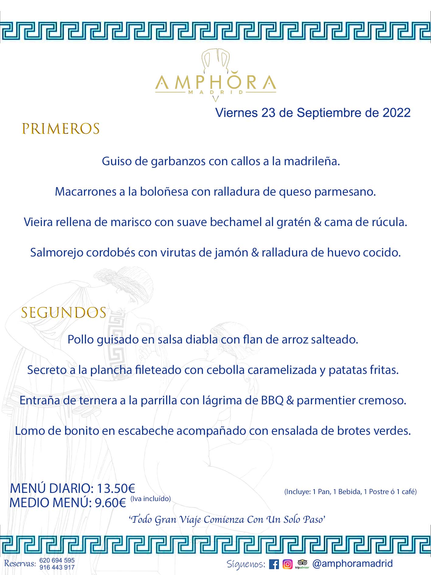 MENÚS DIARIOS MENÚS DEL DÍA. MENU DEL DIA DEL MIÉRCOLES 23 DE SEPTIEMBRE DE 2022 ALCORCÓN RESTAURANTE AMPHORA TERRAZA ALCORCÓN MADRID Av. Leganés, 54 28923 · Alcorcón · Madrid · España 91 644 39 17 620 694 595 https://youtu.be/HeULHal1yEY (Vea aquí nuestras instalaciones) https://www.amphoramadrid.com RESTAURANTE AMPHORA TERRAZA ALCORCÓN. MENUS FIN DE SEMANA ALCORCÓN, MENÚS DIARIOS ECONÓMICOS EN ALCORCÓN, MEJORES RESTAURANTES EN ALCORCÓN, TERRAZAS ALCORCON, COMER Y CENAR EN TERRAZA EN ALCORCÓN, RESTAURANTES CON TERRAZA, MEJORES TERRAZAS ALCORCÓN, COMER EN ALCORCON, RESTAURANTES GOURMET ALCORCÓN, MENUS FIN DE SEMANA ECONOMICOS ALCORCON, COMER AL AIRE LIBRE, MENUS ECONOMICOS ALCORCON, UNO DE LOS MEJORES RESTAURANTES DE ALCORCÓN Y ZONA SUR DE MADRID EN CALIDAD PRECIO. RESTAURANTE AMPHORA TERRAZA, ES UN ESPACIO GOURMET DONDE PODRÁ DEGUSTAR DEL MEJOR PRODUCTO CON UNA ELABORACIÓN CUIDADA Y CREATIVA. ADEMÁS, PODRÁ DISFRUTAR DE TODO TIPO DE BEBIDAS PREMIUM PREPARADAS POR NUESTRO BARTENDER, VERMUTS DELICIOSOS Y CERVEZAS DE CALIDAD, YA SEA EN EN EL INTERIOR DE NUESTRO RESTAURANTE O EN NUESTRA MARAVILLOSA TERRAZA. SOMOS POSIBLEMENTE UNO DE LOS MEJORES RESTAURANTES DE LA ZONA SUR EN RELACIÓN CALIDAD, PRECIO Y DECORACIÓN. #AMPHORAMADRID #TERRAZASALCORCÓN #MENUDELDIA #COMERENTERRAZA #MADRID #ALCORCÓN #TERRAZA #MENÚSDELDÍAALCORCÓN #MENÚDELDÍARESTAURANTES #COMERENALCORCÓN #MEJORESRESTAURANTESALCORCÓN #MENÚSECONÓMICOS #RESTAURANTESRECOMENDABLES #RESTAURANTESGOURMET #MENÚSECONÓMICOSALCORCÓN #COMERALAIRELIBRE #COMIDASCENASTERRAZASALCORCON #MENÚSDIARIOSALCORCÓN #MENÚDELDÍAHOY #CENARENTERRAZA #TERRAZASCONENCANTO #RESTAURANTESCONTERRAZA #CENARENALCORCÓN #MEJORESRESTAURANTES #RESTAURANTESCOPASALCORCÓN #COPASPREMIUMALCORCÓN #VERMUTALCORCÓN #GASTROBARALCORCÓN #CARNEBUEYALCORCONPARRILLABRASA #MENUECONÓMICO #GASTROBAR #MEJORTERRAZADEALCORCÓN #MENÚSVIERNESALCORCÓN #MENÚSABADOALCORCÓN #MENÚSDOMINGOALCORCÓN #MENÚSLUNESALCORCÓN #MENÚSMARTESALCORCÓN #MENÚSMIÉRCOLESALCORCÓN #MENÚSJUEVESALCORCÓN MEJOR CARNE A LA PARRILLA ALCORCÓN TOMAHAWK CARNE BUEY AUTÉNTICO ALCORCÓN RESTAURANTES PREMIUN LUJO COMIDA CREATIVA ELABORADA RESTAURANTE AMPHORA TERRAZA EN ALCORCÓN (MADRID) GASTROBAR ALCORCÓN MENÚS ECONÓMICOS DIARIOS DEL DÍA MENUS FIN DE SEMANA DE CALIDAD MEJOR MENÚ FIN DE SEMANA ALCORCÓN COMER CENAR EN TERRAZA TERRAZAS ZONA SUR COMIDAS AIRE LIBRE MEJOR CARNE PARRILLA ALCORCÓN. RESTAURANTES EVENTOS BODAS BAUTIZOS CUMPLEAÑOS COMUNIONES MENUS ESPECIALES GRUPOS EVENTOS ALCORCÓN MADRID SALONES CELEBRACIONES COMIDAS CENAS EMPRESAS ALCORCON