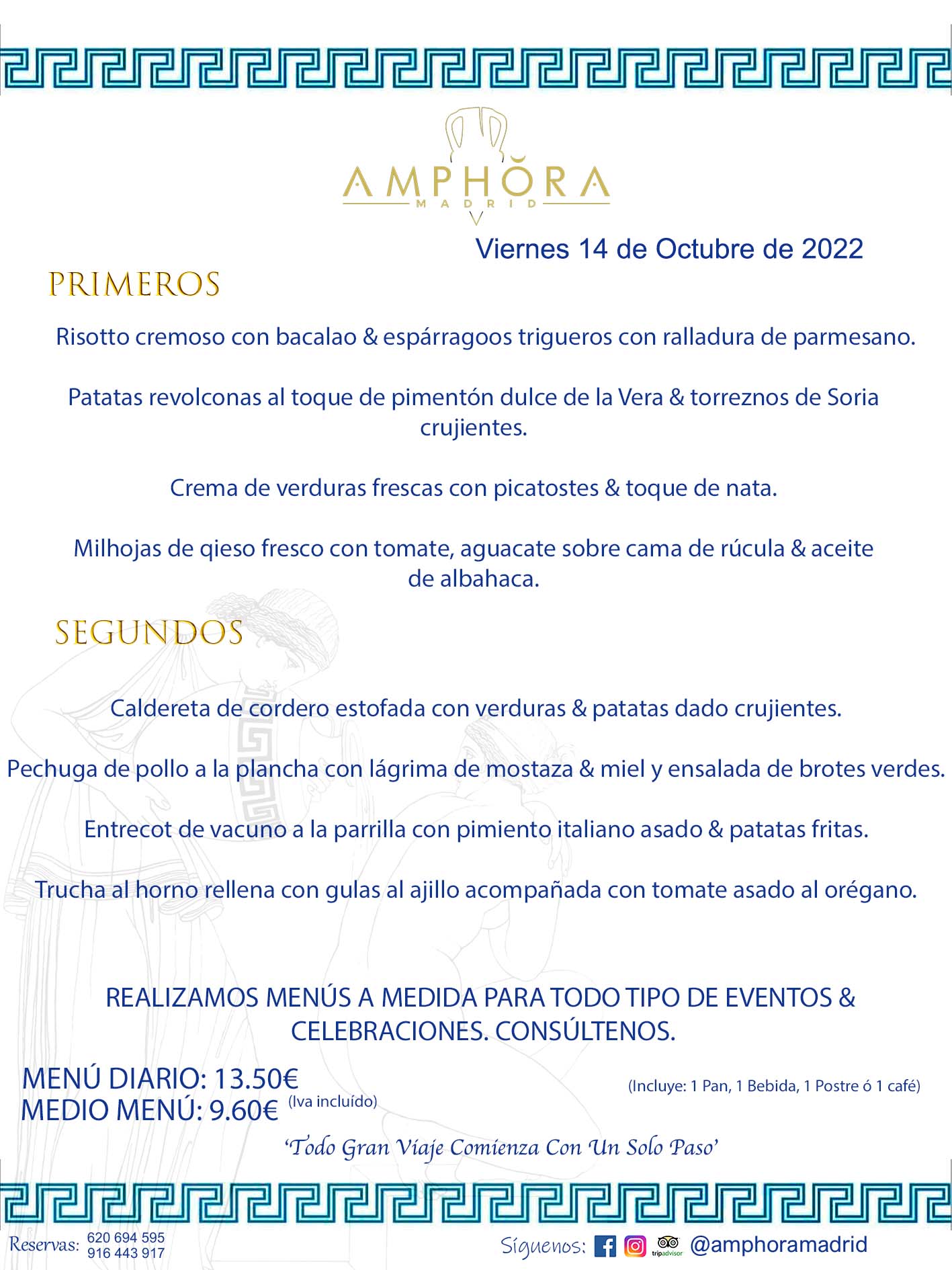 MENÚS DIARIOS MENÚS DEL DÍA. MENU DEL DIA DEL VIERNES 14 DE OCTUBRE DE 2022 ALCORCÓN RESTAURANTE AMPHORA TERRAZA ALCORCÓN MADRID Av. Leganés, 54 28923 · Alcorcón · Madrid · España 91 644 39 17 620 694 595 https://youtu.be/HeULHal1yEY (Vea aquí nuestras instalaciones) https://www.amphoramadrid.com RESTAURANTE AMPHORA TERRAZA ALCORCÓN. MENUS FIN DE SEMANA ALCORCÓN, MENÚS DIARIOS ECONÓMICOS EN ALCORCÓN, MEJORES RESTAURANTES EN ALCORCÓN, TERRAZAS ALCORCON, COMER Y CENAR EN TERRAZA EN ALCORCÓN, RESTAURANTES CON TERRAZA, MEJORES TERRAZAS ALCORCÓN, COMER EN ALCORCON, RESTAURANTES GOURMET ALCORCÓN, MENUS FIN DE SEMANA ECONOMICOS ALCORCON, COMER AL AIRE LIBRE, MENUS ECONOMICOS ALCORCON, UNO DE LOS MEJORES RESTAURANTES DE ALCORCÓN Y ZONA SUR DE MADRID EN CALIDAD PRECIO. RESTAURANTE AMPHORA TERRAZA, ES UN ESPACIO GOURMET DONDE PODRÁ DEGUSTAR DEL MEJOR PRODUCTO CON UNA ELABORACIÓN CUIDADA Y CREATIVA. ADEMÁS, PODRÁ DISFRUTAR DE TODO TIPO DE BEBIDAS PREMIUM PREPARADAS POR NUESTRO BARTENDER, VERMUTS DELICIOSOS Y CERVEZAS DE CALIDAD, YA SEA EN EN EL INTERIOR DE NUESTRO RESTAURANTE O EN NUESTRA MARAVILLOSA TERRAZA. SOMOS POSIBLEMENTE UNO DE LOS MEJORES RESTAURANTES DE LA ZONA SUR EN RELACIÓN CALIDAD, PRECIO Y DECORACIÓN. #AMPHORAMADRID #TERRAZASALCORCÓN #MENUDELDIA #COMERENTERRAZA #MADRID #ALCORCÓN #TERRAZA #MENÚSDELDÍAALCORCÓN #MENÚDELDÍARESTAURANTES #COMERENALCORCÓN #MEJORESRESTAURANTESALCORCÓN #MENÚSECONÓMICOS #RESTAURANTESRECOMENDABLES #RESTAURANTESGOURMET #MENÚSECONÓMICOSALCORCÓN #COMERALAIRELIBRE #COMIDASCENASTERRAZASALCORCON #MENÚSDIARIOSALCORCÓN #MENÚDELDÍAHOY #CENARENTERRAZA #TERRAZASCONENCANTO #RESTAURANTESCONTERRAZA #CENARENALCORCÓN #MEJORESRESTAURANTES #RESTAURANTESCOPASALCORCÓN #COPASPREMIUMALCORCÓN #VERMUTALCORCÓN #GASTROBARALCORCÓN #CARNEBUEYALCORCONPARRILLABRASA #MENUECONÓMICO #GASTROBAR #MEJORTERRAZADEALCORCÓN #MENÚSVIERNESALCORCÓN #MENÚSABADOALCORCÓN #MENÚSDOMINGOALCORCÓN #MENÚSLUNESALCORCÓN #MENÚSMARTESALCORCÓN #MENÚSMIÉRCOLESALCORCÓN #MENÚSJUEVESALCORCÓN MEJOR CARNE A LA PARRILLA ALCORCÓN TOMAHAWK CARNE BUEY AUTÉNTICO ALCORCÓN RESTAURANTES PREMIUN LUJO COMIDA CREATIVA ELABORADA RESTAURANTE AMPHORA TERRAZA EN ALCORCÓN (MADRID) GASTROBAR ALCORCÓN MENÚS ECONÓMICOS DIARIOS DEL DÍA MENUS FIN DE SEMANA DE CALIDAD MEJOR MENÚ FIN DE SEMANA ALCORCÓN COMER CENAR EN TERRAZA TERRAZAS ZONA SUR COMIDAS AIRE LIBRE MEJOR CARNE PARRILLA ALCORCÓN. RESTAURANTES EVENTOS BODAS BAUTIZOS CUMPLEAÑOS COMUNIONES MENUS ESPECIALES GRUPOS EVENTOS ALCORCÓN MADRID SALONES CELEBRACIONES COMIDAS CENAS EMPRESAS ALCORCON