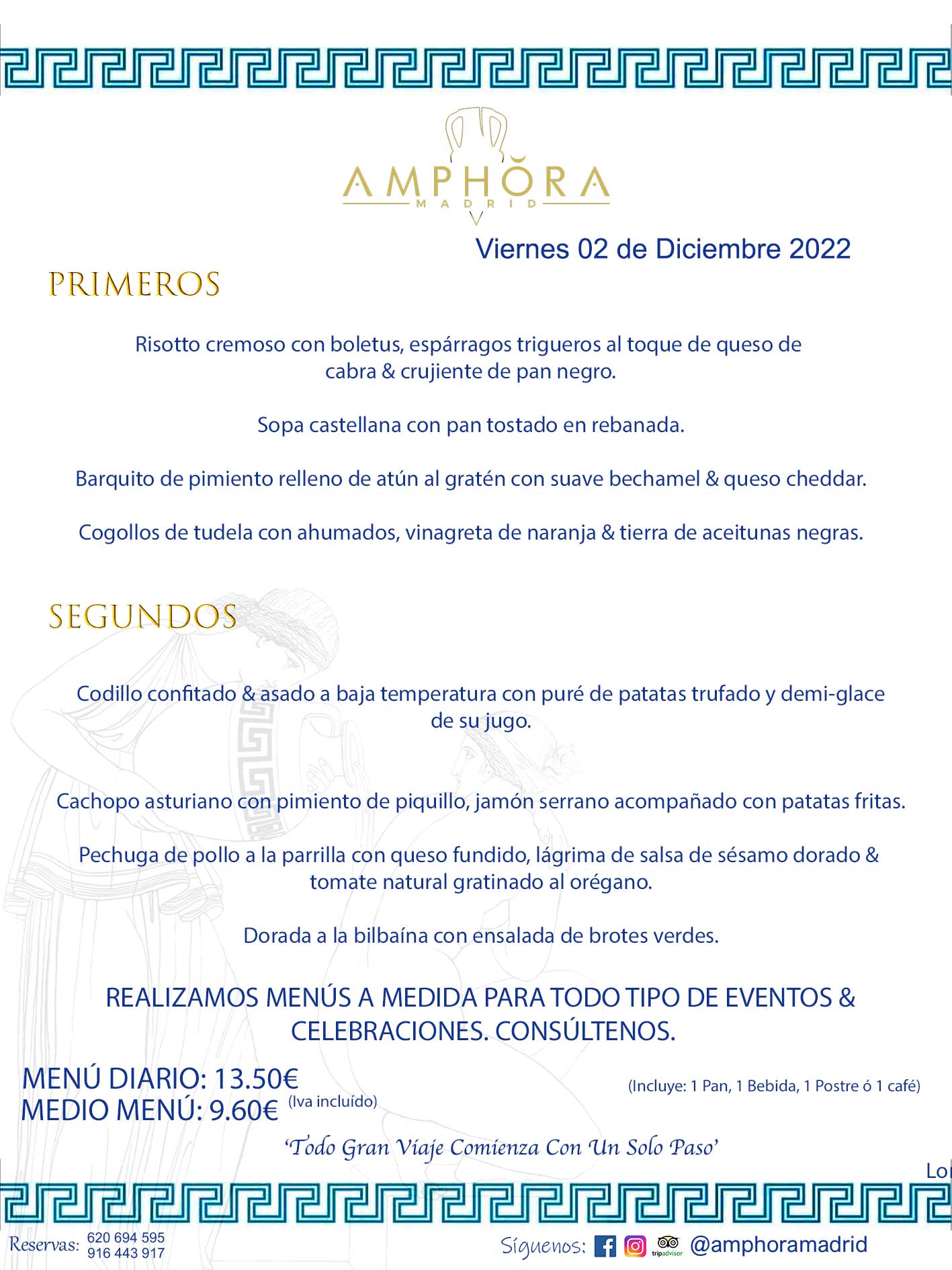 MENÚS DIARIOS MENÚS DEL DÍA. MENU DEL DIA DEL VIERNES 2 DE DICIEMBRE DE 2022 ALCORCÓN RESTAURANTE AMPHORA TERRAZA ALCORCÓN MADRID Av. Leganés, 54 28923 · Alcorcón · Madrid · España 91 644 39 17 620 694 595 https://youtu.be/HeULHal1yEY (Vea aquí nuestras instalaciones) https://www.amphoramadrid.com RESTAURANTE AMPHORA TERRAZA ALCORCÓN. MENUS FIN DE SEMANA ALCORCÓN, MENÚS DIARIOS ECONÓMICOS EN ALCORCÓN, MEJORES RESTAURANTES EN ALCORCÓN, TERRAZAS ALCORCON, COMER Y CENAR EN TERRAZA EN ALCORCÓN, RESTAURANTES CON TERRAZA, MEJORES TERRAZAS ALCORCÓN, COMER EN ALCORCON, RESTAURANTES GOURMET ALCORCÓN, MENUS FIN DE SEMANA ECONOMICOS ALCORCON, COMER AL AIRE LIBRE, MENUS ECONOMICOS ALCORCON, UNO DE LOS MEJORES RESTAURANTES DE ALCORCÓN Y ZONA SUR DE MADRID EN CALIDAD PRECIO. RESTAURANTE AMPHORA TERRAZA, ES UN ESPACIO GOURMET DONDE PODRÁ DEGUSTAR DEL MEJOR PRODUCTO CON UNA ELABORACIÓN CUIDADA Y CREATIVA. ADEMÁS, PODRÁ DISFRUTAR DE TODO TIPO DE BEBIDAS PREMIUM PREPARADAS POR NUESTRO BARTENDER, VERMUTS DELICIOSOS Y CERVEZAS DE CALIDAD, YA SEA EN EN EL INTERIOR DE NUESTRO RESTAURANTE O EN NUESTRA MARAVILLOSA TERRAZA. SOMOS POSIBLEMENTE UNO DE LOS MEJORES RESTAURANTES DE LA ZONA SUR EN RELACIÓN CALIDAD, PRECIO Y DECORACIÓN. #AMPHORAMADRID #TERRAZASALCORCÓN #MENUDELDIA #COMERENTERRAZA #MADRID #ALCORCÓN #TERRAZA #MENÚSDELDÍAALCORCÓN #MENÚDELDÍARESTAURANTES #COMERENALCORCÓN #MEJORESRESTAURANTESALCORCÓN #MENÚSECONÓMICOS #RESTAURANTESRECOMENDABLES #RESTAURANTESGOURMET #MENÚSECONÓMICOSALCORCÓN #COMERALAIRELIBRE #COMIDASCENASTERRAZASALCORCON #MENÚSDIARIOSALCORCÓN #MENÚDELDÍAHOY #CENARENTERRAZA #TERRAZASCONENCANTO #RESTAURANTESCONTERRAZA #CENARENALCORCÓN #MEJORESRESTAURANTES #RESTAURANTESCOPASALCORCÓN #COPASPREMIUMALCORCÓN #VERMUTALCORCÓN #GASTROBARALCORCÓN #CARNEBUEYALCORCONPARRILLABRASA #MENUECONÓMICO #GASTROBAR #MEJORTERRAZADEALCORCÓN #MENÚSVIERNESALCORCÓN #MENÚSABADOALCORCÓN #MENÚSDOMINGOALCORCÓN #MENÚSLUNESALCORCÓN #MENÚSMARTESALCORCÓN #MENÚSMIÉRCOLESALCORCÓN #MENÚSJUEVESALCORCÓN MEJOR CARNE A LA PARRILLA ALCORCÓN TOMAHAWK CARNE BUEY AUTÉNTICO ALCORCÓN RESTAURANTES PREMIUN LUJO COMIDA CREATIVA ELABORADA RESTAURANTE AMPHORA TERRAZA EN ALCORCÓN (MADRID) GASTROBAR ALCORCÓN MENÚS ECONÓMICOS DIARIOS DEL DÍA MENUS FIN DE SEMANA DE CALIDAD MEJOR MENÚ FIN DE SEMANA ALCORCÓN COMER CENAR EN TERRAZA TERRAZAS ZONA SUR COMIDAS AIRE LIBRE MEJOR CARNE PARRILLA ALCORCÓN. RESTAURANTES EVENTOS BODAS BAUTIZOS CUMPLEAÑOS COMUNIONES MENUS ESPECIALES GRUPOS EVENTOS ALCORCÓN MADRID SALONES CELEBRACIONES COMIDAS CENAS EMPRESAS ALCORCON