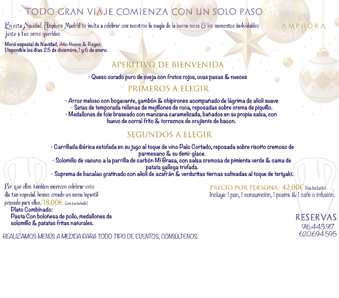 MENÚ ESPECIAL DEL DÍA DE NAVIDAD DÍA 25 DE DICIEMBRE DE 2025. MENÚS ESPECIALES DEGUSTACIÓN RESTAURANTE AMPHORA TERRAZA. MEJORES MENÚS PARA DÍAS FESTIVOS Y CELEBRACIONES DE LAS NAVIDADES 2025 2026 EN ALCORCÓN (MADRID). MEJORES MENÚS NAVIDAD COMIDAS CENAS EMPRESAS ALCORCÓN MADRID SUR