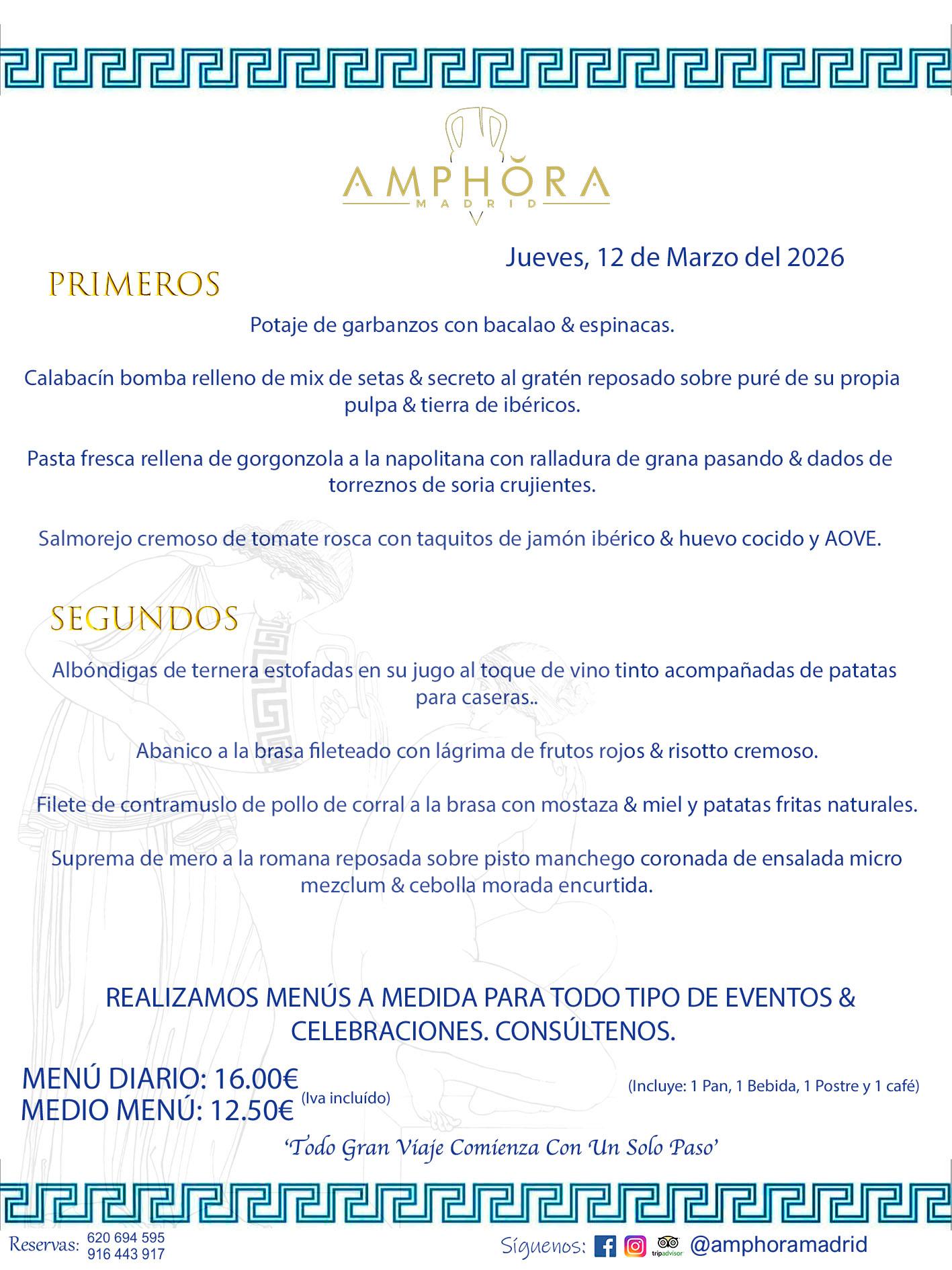 MENÚS DEL DÍA ALCORCÓN MENÚ DEL JUEVES 12 DE MARZO DE DE 2026 MENÚS DIARIOS MEJORES MENÚS RESTAURANTES ALCORCÓN RESTAURANTE AMPHORA TERRAZA EN ALCORCÓN (DISPONEMOS DE UNA GRAN TERRAZA) Av. Leganés, 54 28923 · Alcorcón · Madrid · España. 91 644 39 17 620 694 595 También realizamos menús especiales a medida personalizados a grupos para todo tipo de eventos, como celebraciones, comidas o cenas de empresas, bautizos, bodas, cumpleaños, cenas o comidas de navidad 2023 2024, etc. Consúltenos o visite nuestras excelentes y amplias instalaciones y les prepararemos el menú más ajustado a sus necesidades y presupuesto. #RestaurantesEventos #RestaurantesMenúsCelebraciones #RestaurantesSalonesBodasBautizosComuniones #MenúsEspecialesparaEventosAlcorcón #MenúsCelebracionesAlcorcón #RestaurantesSalonesMenúsEspecialesGrupos #RestaurantesMenúsCumpleaños #ComidasCenasEmpresasAlcorcón #MenúsparaCenasComidasEventosEmpresasMadrid #MejoresTerrazasMadrid #MejorTerrazaAlcorcónMadrid #PresupuestosMenúsBodasComunionesBautizosAlcorcón #RestaurantesSecretosconEncantoMadrid #RestaurantesMenúsCenasComidasGruposEmpresasNavidadesAlcorcon #SalonesComidasCenasEmpresasAlcorcón #MenúsEventos #MenúsBodas #MenúsComuniones #MenúsCumpleaños #MenúsBautizos #MenúsEventosAlcorcón #MenúsBodasAlcorcón #MenúsComunionesAlcorcón #MenúsCumpleañosAlcorcón #MenúsBautizosAlcorcón #MenúsNavidadAlcorcón #MenúsComidasNavidad #MenúsCenasNavidad #SalonesEventosAlcorcón RESTAURANTES ALCORCÓN CELEBRACIONES EVENTOS CUMPLEAÑOS BODAS COMUNIONES BAUTIZOS, MENÚS ESPECIALES A MEDIDA PARA REUNIONES FAMILIARES EVENTOS CELEBRACIONES BODAS COMUNIONES BAUTIZOS EN ALCORCÓN, RESTAURANTES SALONES GRUPOS COMIDAS CENAS EN ALCORCÓN, RESTAURANTES COMIDAS CENAS EMPRESA ALCORCÓN MADRID, MEJORES TERRAZAS ALCORCÓN, MEJOR TERRAZA ALCORCÓN, RESTAURANTES SECRETOS CON ENCANTO EN MADRID, RESTAURANTES MENUS GRUPOS ESPECIALES COMIDAS CENAS EMPRESAS NAVIDADES ALCORCÓN, CONSÚLTE NUESTROS MENÚS A MEDIDA PARA EVENTOS - REALIZAMOS MENÚS A MEDIDA PARA BODAS, COMUNIONES, BAUTIZOS, CUMPLEAÑOS, CENAS COMIDAS DE EMPRESAS, ETC - NUESTRO RESTAURANTE DIPONE DE UNA EXTRAORDINARIA TERRAZA PARA TODO TIPO DE EVENTOS - NUESTROS SALONES INTERIORES SE ADAPTAN A TODO DE EVENTOS, YA SEAN PARTICULARES COMO DE EMPRESAS - RESTAURANTE PREPARADO PARA TODO TIPO DE EVENTOS DE CLIENTES DE LA ZONA SUR SUROESTE DE MADRID COMO ALCORCÓN MÓSTOLES FUENLABRADA VILLAVICIOSA DE ODÓN POZUELO DE ALARCÓN GETAFE LAS ROZAS MAJADAHONDA - UNO DE LOS MEJORES RESTAURANTES DE MADRID PARA COMER O CENAR A LA CARTA O CON NUESTROS MENÚS - CELEBRE CON NOSOTROS SUS REUNIONES FAMILIARES CUMPLEAÑOS BAUTIZOS COMUNIONES BODAS PRESENTACIONES ETC. PUES SERÁN UN ÉXITO - MEJORES RESTAURANTES SALONES CELEBRACIONES EN ALCORCÓN -RESTAURANTES MENUS GRUPOS COMIDAS CENAS REUNIONES EMPRESAS NAVIDADES 2024 ALCORCÓN ZONA SUR MADRID.MENÚS DEL DÍA ALCORCÓN DIARIOS MEJORES MENÚS RESTAURANTES ALCORCÓN RESTAURANTE AMPHORA TERRAZA EN ALCORCÓN (DISPONEMOS DE UNA GRAN TERRAZA)