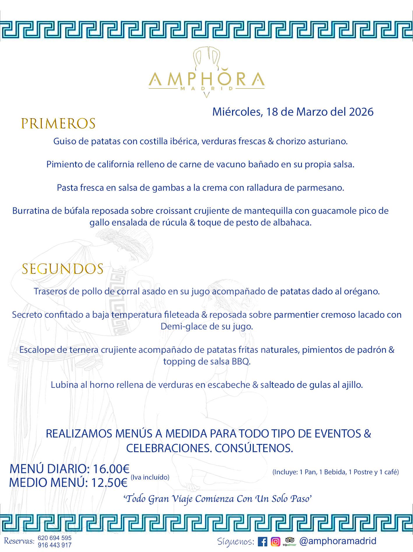 MENÚS DEL DÍA ALCORCÓN MENÚ DEL MIÉRCOLES 18 DE MARZO DE DE 2026 MENÚS DIARIOS MEJORES MENÚS RESTAURANTES ALCORCÓN RESTAURANTE AMPHORA TERRAZA EN ALCORCÓN (DISPONEMOS DE UNA GRAN TERRAZA) Av. Leganés, 54 28923 · Alcorcón · Madrid · España. 91 644 39 17 620 694 595 También realizamos menús especiales a medida personalizados a grupos para todo tipo de eventos, como celebraciones, comidas o cenas de empresas, bautizos, bodas, cumpleaños, cenas o comidas de navidad 2023 2024, etc. Consúltenos o visite nuestras excelentes y amplias instalaciones y les prepararemos el menú más ajustado a sus necesidades y presupuesto. #RestaurantesEventos #RestaurantesMenúsCelebraciones #RestaurantesSalonesBodasBautizosComuniones #MenúsEspecialesparaEventosAlcorcón #MenúsCelebracionesAlcorcón #RestaurantesSalonesMenúsEspecialesGrupos #RestaurantesMenúsCumpleaños #ComidasCenasEmpresasAlcorcón #MenúsparaCenasComidasEventosEmpresasMadrid #MejoresTerrazasMadrid #MejorTerrazaAlcorcónMadrid #PresupuestosMenúsBodasComunionesBautizosAlcorcón #RestaurantesSecretosconEncantoMadrid #RestaurantesMenúsCenasComidasGruposEmpresasNavidadesAlcorcon #SalonesComidasCenasEmpresasAlcorcón #MenúsEventos #MenúsBodas #MenúsComuniones #MenúsCumpleaños #MenúsBautizos #MenúsEventosAlcorcón #MenúsBodasAlcorcón #MenúsComunionesAlcorcón #MenúsCumpleañosAlcorcón #MenúsBautizosAlcorcón #MenúsNavidadAlcorcón #MenúsComidasNavidad #MenúsCenasNavidad #SalonesEventosAlcorcón RESTAURANTES ALCORCÓN CELEBRACIONES EVENTOS CUMPLEAÑOS BODAS COMUNIONES BAUTIZOS, MENÚS ESPECIALES A MEDIDA PARA REUNIONES FAMILIARES EVENTOS CELEBRACIONES BODAS COMUNIONES BAUTIZOS EN ALCORCÓN, RESTAURANTES SALONES GRUPOS COMIDAS CENAS EN ALCORCÓN, RESTAURANTES COMIDAS CENAS EMPRESA ALCORCÓN MADRID, MEJORES TERRAZAS ALCORCÓN, MEJOR TERRAZA ALCORCÓN, RESTAURANTES SECRETOS CON ENCANTO EN MADRID, RESTAURANTES MENUS GRUPOS ESPECIALES COMIDAS CENAS EMPRESAS NAVIDADES ALCORCÓN, CONSÚLTE NUESTROS MENÚS A MEDIDA PARA EVENTOS - REALIZAMOS MENÚS A MEDIDA PARA BODAS, COMUNIONES, BAUTIZOS, CUMPLEAÑOS, CENAS COMIDAS DE EMPRESAS, ETC - NUESTRO RESTAURANTE DIPONE DE UNA EXTRAORDINARIA TERRAZA PARA TODO TIPO DE EVENTOS - NUESTROS SALONES INTERIORES SE ADAPTAN A TODO DE EVENTOS, YA SEAN PARTICULARES COMO DE EMPRESAS - RESTAURANTE PREPARADO PARA TODO TIPO DE EVENTOS DE CLIENTES DE LA ZONA SUR SUROESTE DE MADRID COMO ALCORCÓN MÓSTOLES FUENLABRADA VILLAVICIOSA DE ODÓN POZUELO DE ALARCÓN GETAFE LAS ROZAS MAJADAHONDA - UNO DE LOS MEJORES RESTAURANTES DE MADRID PARA COMER O CENAR A LA CARTA O CON NUESTROS MENÚS - CELEBRE CON NOSOTROS SUS REUNIONES FAMILIARES CUMPLEAÑOS BAUTIZOS COMUNIONES BODAS PRESENTACIONES ETC. PUES SERÁN UN ÉXITO - MEJORES RESTAURANTES SALONES CELEBRACIONES EN ALCORCÓN -RESTAURANTES MENUS GRUPOS COMIDAS CENAS REUNIONES EMPRESAS NAVIDADES 2024 ALCORCÓN ZONA SUR MADRID.MENÚS DEL DÍA ALCORCÓN DIARIOS MEJORES MENÚS RESTAURANTES ALCORCÓN RESTAURANTE AMPHORA TERRAZA EN ALCORCÓN (DISPONEMOS DE UNA GRAN TERRAZA)